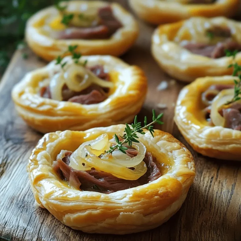 When making mini tarts with roast beef and Gruyère, the right ingredients make all the difference. Here’s what you need for this savory delight: - 1 sheet of puff pastry, thawed - 200g roast beef, thinly sliced - 150g Gruyère cheese, grated - 1 small onion, finely sliced - 2 cloves garlic, minced - 1 teaspoon fresh thyme leaves - 2 tablespoons Dijon mustard - 1 egg, beaten (for egg wash) - Salt and pepper to taste - Olive oil for sautéing Each ingredient plays a key role in creating these tasty bites. The puff pastry gives a flaky base. Roast beef adds rich flavor and protein. Gruyère cheese melts beautifully, adding creaminess. Onions and garlic elevate the taste with sweetness and depth. Thyme adds a fresh note, while Dijon mustard brings a hint of sharpness. The egg wash helps the tarts turn golden brown. Lastly, salt and pepper round out the flavors perfectly. For a full guide on making these mini tarts, refer to the Full Recipe. Start by preheating your oven to 200°C (400°F). This step is key. A hot oven helps the pastry puff up nicely. While the oven heats, get your baking tray ready by greasing it lightly. Take your sheet of puff pastry and place it on a lightly floured surface. Roll it out gently to smooth any creases. Next, use a round cookie cutter, about 3 inches wide, to cut out circles. You should end up with around 12 circles. Keep them spaced out on the tray to avoid sticking. In a skillet, pour a splash of olive oil and heat it over medium heat. Add the finely sliced onion. Sauté for about 3-4 minutes until they turn soft and clear. Then, add the minced garlic and thyme leaves, cooking for another minute. Your kitchen will smell amazing! Let this mixture cool for a moment. Now it’s time to put everything together. Lay the puff pastry circles on your greased tray. Brush a thin layer of Dijon mustard on each circle. This adds great flavor. Evenly distribute the cooled onion and garlic mix over each pastry. Next, add a slice or two of roast beef on top. Finish with a generous sprinkle of grated Gruyère cheese. Before baking, brush the edges of each tart with the beaten egg. This gives them a beautiful golden finish. Place the tray in your preheated oven and bake for 15-20 minutes. Keep an eye on them! They are ready when the pastry is puffed and golden, and the cheese is melted and bubbling. Once done, remove the tarts from the oven and let them cool slightly before serving. For the full recipe, check out the ingredients and other details. Enjoy your savory mini tarts! Using puff pastry can seem tricky, but I have some tips. Always keep it cold. If it warms up, it won’t puff well. When rolling it out, use a light touch. This way, you won’t flatten the layers. Cut your circles evenly for nice, uniform tarts. This helps them bake evenly. Also, don’t skip the egg wash. It gives a beautiful golden color. Seasoning is key to great flavor. I love using fresh thyme. It adds a bright taste to the savory beef. You can also try adding a pinch of smoked paprika for a smoky touch. Don’t forget to salt and pepper the filling well. Taste as you go. This way, you can adjust the flavors to your liking. A touch of Dijon mustard under the filling gives a nice tang, making each bite pop. When serving the mini tarts, keep it fun and simple. Arrange them on a wooden board. Garnish each tart with a sprig of fresh thyme. This adds color and a nice herb scent. You can pair them with a light salad for balance. A simple arugula salad with lemon vinaigrette works well. It cuts through the richness of the tarts. For a drink, try a nice red wine or sparkling water with lemon. For the full recipe, check out the details to make these savory delights! {{image_2}} You can swap the roast beef for other meats. Try shredded chicken for a lighter touch. Turkey works well too, especially with the same spices. If you want something bold, use smoked ham. For a twist, consider duck or lamb. Each adds a unique flavor to your mini tarts. Gruyère cheese has a rich taste, but you can change it. Swiss cheese melts well and offers a milder flavor. Cheddar gives a sharp bite that many love. For a creamier option, try Brie or cream cheese. Each cheese brings its own charm to the dish. You can easily make these tarts vegetarian. Replace roast beef with sautéed mushrooms. Portobello mushrooms add a hearty texture. You could also use roasted vegetables like bell peppers and zucchini. For protein, consider adding crumbled feta or goat cheese. This will keep the tarts satisfying and full of flavor. To explore more ideas, check the Full Recipe for inspiration on how to craft these mini tarts your way. To keep your mini tarts fresh, store them in an airtight container. Place a piece of parchment paper between layers to avoid sticking. Keep them in the fridge for up to three days. Make sure they cool completely before sealing the container. Reheating is simple. Preheat your oven to 180°C (350°F). Place the tarts on a baking sheet. Heat for about 10-15 minutes until warm. This method helps keep the pastry crispy. Avoid using the microwave, as it can make the crust soggy. If you want to freeze mini tarts, let them cool first. Wrap each tart in plastic wrap and then in foil. This keeps them fresh for up to two months. When ready to eat, thaw them overnight in the fridge. Reheat in the oven for the best texture. Follow the Full Recipe for detailed steps to make your mini tarts! Yes, you can use store-bought puff pastry. It saves time and effort. Store-bought options often yield great results. Just make sure to thaw it properly before use. This will help it puff up nicely when baked. You can tell the tarts are done when they turn golden brown. The pastry should puff up and be crispy. If the cheese is melted and bubbly, that’s a good sign too. Keep an eye on them during the last few minutes of baking. Mini tarts pair well with a fresh salad or roasted veggies. A side of dipping sauce, like horseradish cream, adds a nice touch. You can also serve them with a light soup for a complete meal. For more ideas, check the Full Recipe for serving suggestions. In this article, we covered how to make delicious mini tarts using puff pastry, roast beef, and Gruyère cheese. You learned about the key ingredients, step-by-step instructions, and tips for the best results. We also discussed variations, storage methods, and common questions. Mini tarts are fun to make and share. They can suit any taste or diet. Enjoy exploring different flavors and impressing your friends with your skills!