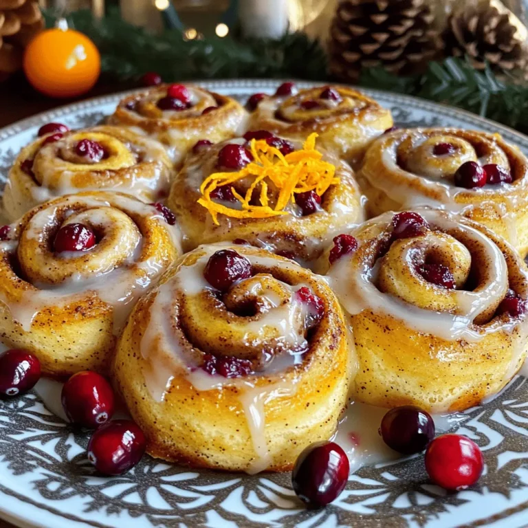 To make these tasty rolls, you need a few key items: - 2 ¼ cups all-purpose flour - ¼ cup granulated sugar - 1 packet (2 ¼ teaspoons) instant yeast - ½ teaspoon salt - ½ cup milk, warmed (about 110°F) - 1 large egg - 3 tablespoons unsalted butter, melted - 1 tablespoon orange zest - ½ cup dried cranberries, roughly chopped - 1 tablespoon ground cinnamon - ¼ cup brown sugar - 3 tablespoons unsalted butter, softened (for filling) - 1 cup powdered sugar (for icing) - 1 tablespoon fresh orange juice (for icing) Each of these ingredients plays a role. The flour gives structure, the sugar adds sweetness, and the yeast helps the rolls rise. The cranberries and orange zest bring a burst of flavor. Want to switch it up? Here are some fun options: - Chopped nuts like pecans or walnuts for crunch - Cream cheese for a rich filling - Different dried fruits like cherries or raisins - Spices like nutmeg or ginger for extra warmth These additions can make your rolls unique and tasty. You will need some tools to help you bake: - Mixing bowls for combining ingredients - A whisk for blending dry items - A rolling pin for rolling out dough - A baking dish for the rolls - Parchment paper for easy cleanup - A thermometer to check milk temperature Having the right tools makes the process smoother and more enjoyable. For the full recipe, check out the recipe section above. Start by mixing 1 cup of flour, sugar, yeast, and salt in a large bowl. This forms the dry base of the dough. In a separate bowl, blend warm milk, egg, melted butter, and orange zest. Make sure the milk is about 110°F; this helps the yeast grow. Gradually add the wet mix to the dry mix. Stir it until combined, then add more flour slowly until a soft dough forms. Knead the dough for about 5 minutes on a floured surface. You want it to be smooth and elastic. Place the dough in a greased bowl, cover it with a damp cloth, and let it rise in a warm spot for about 1 hour, or until it doubles in size. Once the dough has risen, punch it down to remove air. Roll it out on a floured surface into a rectangle, about 12x18 inches. Next, spread softened butter over the dough. Sprinkle brown sugar and cinnamon evenly on top. The sweet aroma will fill your kitchen. Then, scatter chopped cranberries over the mixture. Starting at one long end, roll the dough tightly into a log. Cut the log into 12 equal pieces. Place these rolls in a greased baking dish. Cover them again and let them rise for another 30 minutes until they look puffy. Preheat your oven to 350°F (175°C). Bake the rolls for 20 to 25 minutes or until they turn golden brown. While they cool slightly, prepare the icing. Mix powdered sugar with fresh orange juice until it’s smooth. Drizzle the icing over the warm rolls just before serving. This adds a sweet touch that complements the cranberry and orange flavors perfectly. Enjoy your Cranberry Orange Cinnamon Rolls as a delightful homemade treat! For the complete instructions, check the Full Recipe. For the best dough rise, find a warm spot in your home. A sunny window works well. You can also use an oven with the light on. The heat helps the dough grow. Cover the bowl with a damp cloth to keep it moist. Let the dough rise until it doubles. This can take about one hour. To make soft rolls, use warm milk. Milk around 110°F (43°C) is perfect. This helps activate the yeast. Knead the dough until it is smooth and elastic. Don’t rush this step. Allowing the dough to rise well is key. When rolling out the dough, don’t press too hard. Gentle handling keeps the rolls fluffy. One mistake is using cold milk. This can slow down yeast growth. Another error is not letting the dough rise enough. If you skip this, your rolls may be dense. Also, cut the rolls evenly for even baking. If they are not the same size, some will bake faster than others. Finally, don’t forget to check your oven temperature with a thermometer. An oven that is too hot can burn the rolls. For a complete guide, refer to the Full Recipe. {{image_2}} You can make simple swaps for a healthier twist. Use whole wheat flour instead of all-purpose flour. This adds fiber and nutrients. Replace granulated sugar with coconut sugar for a lower glycemic index. You can even use unsweetened applesauce for a portion of the butter. This keeps the rolls moist while cutting fat. Get creative with flavors! Try adding chopped nuts like walnuts or pecans to the filling. They add crunch and richness. You can also mix in some vanilla extract for a deeper taste. If you want a tart kick, add fresh orange slices or zest. This brightens the flavor and adds freshness. These rolls fit many occasions. For breakfast, serve them warm with fresh fruit. For brunch, pair them with coffee or tea. They also shine at holiday gatherings. You can even turn them into a dessert by adding a scoop of vanilla ice cream on the side. Enjoy these rolls at any time with friends and family! To keep your leftover rolls fresh, place them in an airtight container. This will help prevent them from drying out. You can also wrap them in plastic wrap. Store them at room temperature for up to three days. If you want to keep them longer, consider freezing them. To reheat your rolls, preheat the oven to 350°F (175°C). Place the rolls on a baking sheet. Cover them with foil to keep them moist. Heat for about 10 to 15 minutes. You can also microwave them for 15 to 20 seconds. This works well if you only have one or two rolls. If you want to freeze your rolls, let them cool completely. Then, wrap each roll in plastic wrap and place them in a freezer bag. Squeeze out as much air as possible. This helps prevent freezer burn. They will stay fresh for up to three months. To enjoy, thaw in the fridge overnight and reheat as needed. You can find the Full Recipe for these delightful rolls above. You can tell the rolls are done when they turn golden brown. A nice, warm smell fills the kitchen too. If you tap the bottom, it should sound hollow. The rolls should also spring back when you gently press them. Yes, you can make the dough ahead of time! Simply prepare it and let it rise. After the first rise, cover it tightly and store it in the fridge. It will stay fresh for up to 24 hours. When you are ready, take it out and let it come to room temperature before rolling it out. Serve these rolls warm for the best flavor. Place them on a pretty platter. Drizzle with icing for a sweet touch. You can add extra orange zest and a few whole cranberries for a nice look. These rolls make a great treat for breakfast or brunch! For the complete process, check the Full Recipe. You now know how to make delicious Cranberry Orange Cinnamon Rolls. We covered key ingredients, tools, and tips to ensure success. You learned about variations and how to store leftovers for later enjoyment. Use these steps to delight friends and family with warm, sweet rolls. Baking can be simple and rewarding. Enjoy your kitchen adventure and the tasty rewards that follow. Happy baking!
