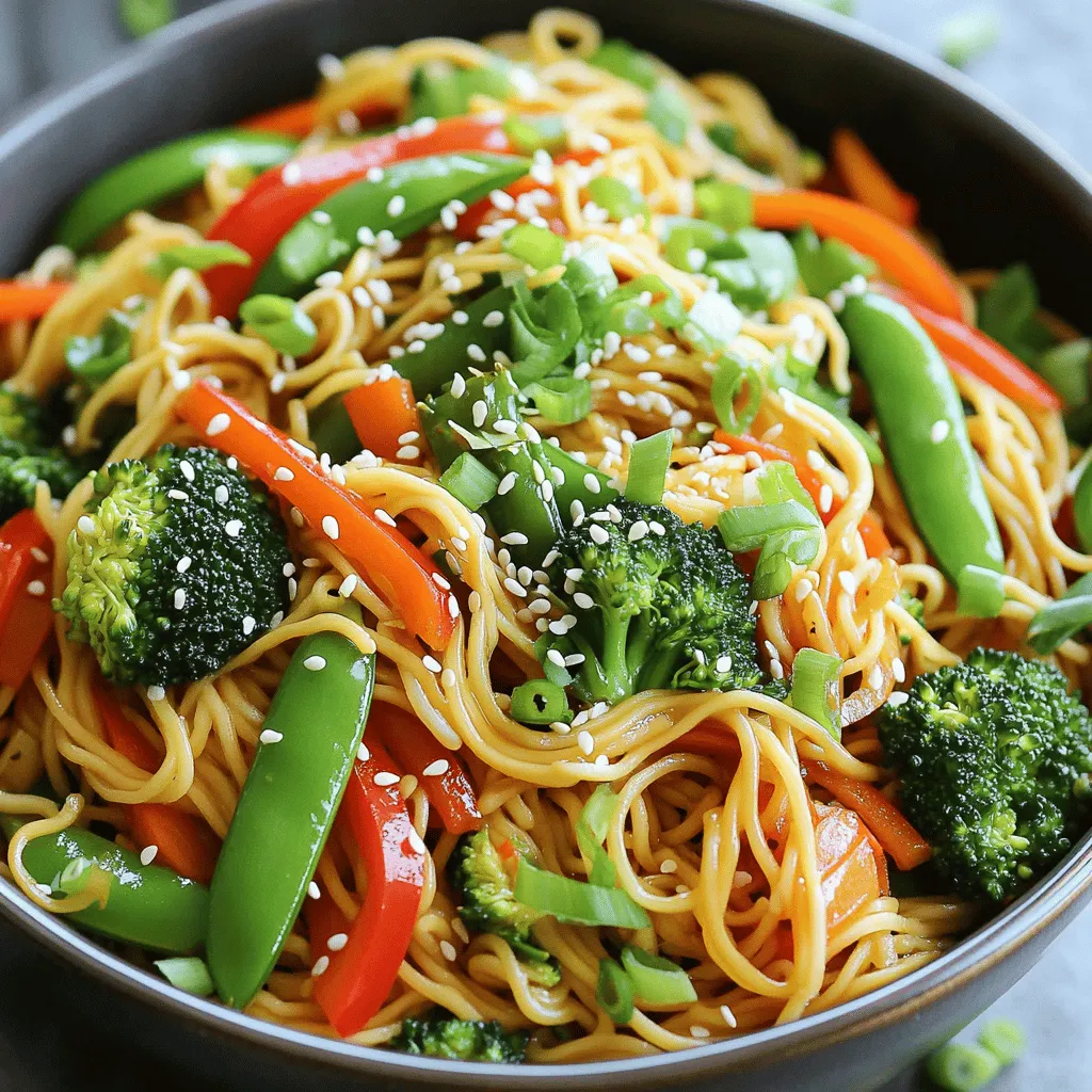 To make authentic lo mein, you need a few key items. Start with: - 8 oz lo mein noodles - 2 tablespoons vegetable oil - 1 red bell pepper, sliced - 1 cup broccoli florets - 1 cup snap peas - 2 carrots, julienned - 3 cloves garlic, minced - 1 inch ginger, grated - 2 green onions, chopped - Sesame seeds for garnish These ingredients create a base rich in flavor and texture. The lo mein noodles are soft and chewy, which is a must for this dish. The fresh veggies add color and crunch. Next, we need sauces to elevate the taste. The key sauces are: - 3 tablespoons soy sauce - 2 tablespoons oyster sauce (or mushroom sauce for a vegetarian option) - 1 tablespoon sesame oil Soy sauce gives a salty kick. Oyster sauce adds depth and umami. If you prefer a vegetarian option, mushroom sauce works well too. Sesame oil is the finishing touch, adding a nutty flavor. For the best flavor, use fresh, seasonal veggies. I recommend: - Red bell pepper - Broccoli florets - Snap peas - Carrots These vegetables not only taste great but also look appealing. They add crunch and sweetness, making your lo mein a delight to eat. You can mix in other veggies like bok choy or mushrooms for more variety. For the full recipe, refer to the sections above. To make the perfect lo mein, start with the noodles. Boil a large pot of water. Once it boils, add 8 oz of lo mein noodles. Cook them until they are al dente, which usually takes about 4-5 minutes. After cooking, drain the noodles. Toss them with a bit of sesame oil to keep them from sticking. This step is key for great texture. Next, let’s get the veggies and aromatics ready. Slice 1 red bell pepper and julienne 2 carrots. Chop 1 cup of broccoli florets and 1 cup of snap peas. Mince 3 cloves of garlic and grate 1 inch of ginger. These ingredients bring vibrant colors and flavors. Having them prepped makes cooking easier and faster. Now for the fun part! Heat 2 tablespoons of vegetable oil in a large skillet or wok over medium-high heat. Add the minced garlic and ginger. Sauté for about 30 seconds until fragrant. Then, toss in your sliced bell pepper, broccoli, snap peas, and carrots. Stir-fry everything for about 5 minutes until the veggies are tender yet crisp. After the veggies are cooked, add the lo mein noodles. Mix everything well to combine. Then drizzle 3 tablespoons of soy sauce and 2 tablespoons of oyster sauce over the dish. Stir again to ensure the noodles and veggies are coated. Cook for an additional 2-3 minutes for the flavors to meld. Finally, remove the skillet from heat. Drizzle with 1 tablespoon of sesame oil and add 2 chopped green onions. Toss everything one last time. Your savory vegetable lo mein is almost ready to serve. Plate it up and sprinkle sesame seeds on top for that extra crunch. For the full recipe, you can check the earlier sections. Enjoy your delicious meal! To get lo mein just right, focus on the noodles. Use fresh lo mein noodles if you can find them. They have a great bite and taste. If you use dried noodles, cook them until al dente. That means they should be firm, not soft. Rinse them under cold water after cooking. This helps stop the cooking process. Toss them in sesame oil to keep them from sticking together. Authenticity shines through simple sauces and fresh ingredients. Soy sauce is a must. It adds saltiness and depth. Oyster sauce brings a hint of sweetness and umami. If you prefer a vegetarian option, use mushroom sauce. Add fresh ginger and garlic for a fragrant base. Using fresh vegetables adds color and crunch. Try a mix of bell peppers, broccoli, and snap peas. This not only tastes great but looks amazing on the plate too. Timing is key in stir-frying. Start with high heat to get that wok hei flavor. Heat your oil until it shimmers before adding ingredients. Aromatics like garlic and ginger cook fast, so keep an eye on them. Add vegetables in stages, starting with the ones that take longer to cook. Stir-fry quickly to keep them crisp. Finally, combine everything, allowing the flavors to meld without overcooking. For the best flavor, serve immediately after cooking. For the full recipe, refer to the recipe section above. {{image_2}} You can make a delicious vegetarian or vegan lo mein. Replace the oyster sauce with mushroom sauce. This swap keeps the dish rich and full of flavor. You can add more veggies like bell peppers, mushrooms, and bok choy. These choices add variety and texture. For protein, consider using tofu. Tofu absorbs flavors well, making each bite satisfying. If you want more protein, add chicken or shrimp. Slice chicken breast into thin strips. Cook it in the pan before adding the veggies. For shrimp, toss them in when the veggies are nearly done. If you prefer tofu, use firm tofu. Cut it into cubes and sauté it until golden. This gives a nice crunch and adds a hearty touch. Lo mein varies across regions. In New York, you might find a sweeter sauce. On the other hand, San Francisco styles often use fresh seafood. In China, some regions add spicy chili oil for a kick. Each style brings its unique twist, making lo mein fun to explore. You can try different sauces to match your taste or mood. Enjoy experimenting with these variations in your authentic lo mein recipe! For the full recipe, check out the detailed instructions. To store leftover lo mein, let it cool first. Then, place it in an airtight container. Make sure to keep it in the fridge. It will stay fresh for about three to four days. Label the container with the date. This helps you remember when you made it. When you reheat lo mein, the stove is best. Heat a bit of oil in a pan. Add the lo mein and a splash of water. Stir it around over medium heat. This keeps your noodles from getting dry. You can also use a microwave. Cover the bowl with a damp paper towel. This adds moisture while it heats. You can freeze lo mein for later meals. First, let it cool down completely. Then, divide it into single servings. Use freezer-safe bags or containers. Remove as much air as possible. Lo mein can stay frozen for up to three months. When you’re ready to eat, thaw it overnight in the fridge. I recommend using lo mein noodles for the best results. They are soft and chewy. You can find them in most grocery stores. Fresh noodles give a great texture. Dried noodles work too, but they may need extra cooking time. If you can't find lo mein noodles, you can use egg noodles as a substitute. Yes, you can make Lo Mein without oyster sauce. Use soy sauce as a base for flavor. Many people like to add a splash of mushroom sauce instead. This option gives a nice umami kick. You can also add a bit of hoisin sauce for sweetness. Your dish will still taste delicious without oyster sauce. To make Lo Mein gluten-free, choose gluten-free noodles. Rice noodles are a great option. Make sure to check the labels on sauces. Many soy sauces contain wheat. Use tamari or gluten-free soy sauce instead. This way, you can enjoy the flavors without gluten. You learned how to make authentic Lo Mein with simple steps and key ingredients. I shared essential tips for perfect texture and rich flavors. You also discovered tasty variations, from vegetarian options to different protein choices. Plus, I covered storage and reheating methods for leftovers. Making Lo Mein at home is fun and rewarding. With practice, you can impress anyone with your dish. Enjoy cooking and savor the flavors of your homemade Lo Mein!