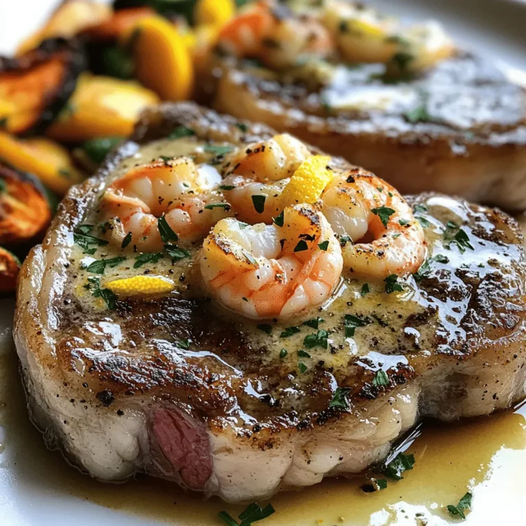 - 2 ribeye steaks (about 1 inch thick) - 1 cup shrimp, peeled and deveined - Salt and pepper to taste - 2 tablespoons olive oil - 1 tablespoon garlic, minced - 1 cup heavy cream - 1 teaspoon lemon zest - 2 tablespoons fresh parsley, chopped - 1/4 teaspoon cayenne pepper (optional) When cooking, freshness matters. Always pick fresh shrimp. Look for shrimp that smell sweet and have a firm texture. Avoid any that smell fishy or have a slimy feel. Next, choose the right steak cut. Ribeye steaks are great because they have good marbling. This makes them juicy and tender when cooked. Look for steaks with a nice red color and some white fat streaks. This fat adds flavor while cooking. Always let your steak sit out for about 30 minutes before cooking. This helps it cook evenly. For the full recipe, check the earlier section. Start by seasoning the ribeye steaks. Use a generous amount of salt and pepper. This adds great flavor. Let the steaks sit at room temperature for about 30 minutes. This resting time helps them cook evenly. Heat a large skillet over medium-high heat. The oil should shimmer when hot. Add the steaks to the skillet. Cook for about 4-5 minutes on each side for medium-rare. If you prefer it more cooked, adjust the time. After cooking, take the steaks off the heat. Cover them with foil on a plate. This keeps them warm and juicy. In the same skillet, turn the heat down to medium. Add the minced garlic and sauté it for about 30 seconds. This step brings out a lovely flavor. Next, add the shrimp. Cook them for 2-3 minutes until they turn pink. Be careful not to overcook the shrimp. They should feel tender and juicy. Once the shrimp are done, pour in the heavy cream. Stir the mixture and bring it to a simmer. Then, stir in lemon zest, parsley, and cayenne pepper, if you like a bit of heat. Let the sauce cook for about 3-4 minutes. This thickens the sauce nicely. Finally, slice the steaks against the grain. Drizzle the creamy shrimp sauce over the top. Enjoy this delicious dish right away! For the full recipe, see the section on ingredients. To get the best doneness for your steak, use a meat thermometer. Insert it into the thickest part of the steak. Aim for 130°F for medium-rare and 145°F for medium. This tool helps you avoid overcooking. If you don’t have a thermometer, look for these signs. For medium-rare, the steak should feel soft but springy. If you press it, the meat should have some give. For medium, it feels firmer. The color should be a nice pink inside. Seasonings can change your dish. Try adding garlic powder, onion powder, or smoked paprika for deeper flavors. A pinch of smoked salt can also boost the taste. When using herbs, fresh is best. Fresh parsley can brighten up your sauce. Dried herbs work too, but use less. Dried herbs are stronger than fresh ones. Pair your steak with sides that complement it. Roasted vegetables or mashed potatoes work well. A simple salad can add a fresh crunch. For plating, slice the steak against the grain. This makes it easier to eat. Drizzle the creamy shrimp sauce over the steak. Garnish with extra parsley for color. This adds a nice touch to your meal. {{image_2}} If you want to switch things up, try lobster or crab instead of shrimp. Both add a rich flavor and make the dish feel special. You can also make this dish vegetarian. Use mushrooms or tofu to create a similar sauce. Both options are tasty and satisfying. When choosing your steak, ribeye is great, but filet mignon is also a top choice. Ribeye has more fat, which gives it flavor and tenderness. Filet mignon is leaner and very tender. Other recommended cuts include sirloin or New York strip. Each cut has its own flavor and texture. For those who love heat, add spices like paprika or chili flakes to the sauce. This will give your dish a nice kick. You can also incorporate vegetables. Spinach or bell peppers can add color and nutrients. Just sauté them with the garlic before adding the shrimp. For the full recipe, check out the complete guide. To keep your steak with creamy shrimp sauce fresh, use airtight containers. Glass or plastic containers work well for this. Make sure the food cools down first. Place the steak and shrimp sauce in separate containers. This helps maintain texture and flavor. You can store them in the fridge for up to three days. When you reheat steak, do it gently. The best way is in a skillet over low heat. Add a splash of water or broth to keep it moist. Cover the skillet with a lid. Heat it for about 5-10 minutes until warm. For the shrimp sauce, use a saucepan on low heat. Stir it slowly to avoid burning. If it gets too thick, add a little cream or broth. This keeps the creamy texture smooth and rich. Enjoy every bite of your delicious meal again! To make the steak more tender, choose the right cut. Ribeye is great because it has fat, which adds flavor. You can also marinate the steak in a mix of oil, vinegar, and herbs for a few hours. Letting the steak rest after cooking helps too. This keeps the juices inside. Yes, you can prepare the sauce ahead of time. Cook the shrimp and sauce, then cool it down. Store it in the fridge for up to two days. When you're ready, just reheat it on low heat before serving. You may need to add a splash of cream to get the right texture again. Some great sides include roasted vegetables or mashed potatoes. You can also serve it with a fresh salad or garlic bread. Each of these adds flavor and balance to the meal. Try to choose sides that complement the richness of the sauce. Yes, you can make this dish dairy-free. Use coconut cream instead of heavy cream. It gives a creamy texture without the dairy. For added flavor, you can stir in some nutritional yeast. This will add a cheesy taste without using cheese. Cook the shrimp for about 2-3 minutes. They will turn pink when they are done. Avoid overcooking them as they can become tough. Just keep an eye on the color for perfect shrimp every time. For the full recipe, check out the Surf & Turf Delight section. In this post, we explored the essential ingredients for a delicious ribeye and shrimp dish. You learned how to prepare and cook your steaks, create the creamy shrimp sauce, and perfect doneness. I shared tips on enhancing flavor and serving suggestions to impress your guests. You can even try variations with different seafood and steak cuts. Remember, fresh ingredients and careful cooking make a difference. Enjoy experimenting in your kitchen and create a meal that stands out!