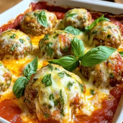 - 1 pound ground beef - 1/2 cup breadcrumbs - 1/4 cup grated Parmesan cheese - 1/4 cup fresh parsley, chopped - 1 egg - 2 cloves garlic, minced - 1 teaspoon dried oregano - 1/2 teaspoon salt - 1/4 teaspoon black pepper - 1 cup marinara sauce - 1 cup shredded mozzarella cheese - Fresh basil leaves for garnish When I create my meatballs, I focus on quality. Using good ground beef makes a big difference. The breadcrumbs help bind the meatballs. Parmesan cheese adds a nice salty flavor. Fresh parsley gives a pop of color and freshness. I always use an egg in my mixture. It keeps everything together. The minced garlic brings a rich taste. Dried oregano adds an Italian touch. I prefer to use salt and pepper for seasoning. For the sauce, I use marinara. It complements the meatballs perfectly. The mozzarella cheese melts beautifully on top. I like to finish with fresh basil leaves. They add a nice touch when serving. Check out the Full Recipe for all the details! - Preheat your oven to 400°F (200°C). - In a large bowl, combine the ground beef, breadcrumbs, Parmesan cheese, parsley, egg, minced garlic, oregano, salt, and black pepper. Mix well until all ingredients are fully combined. - Shape the mixture into meatballs, about 1-1.5 inches in diameter, and place them on a baking sheet lined with parchment paper. - Bake the meatballs in the preheated oven for 15-20 minutes until they are cooked through and have a nice golden color. - While the meatballs are baking, heat the marinara sauce in a saucepan over medium heat until warmed through. - Remove the meatballs from the oven and lower the oven temperature to 375°F (190°C). - In a baking dish, spread half of the marinara sauce on the bottom. Place the cooked meatballs on top of the sauce, then pour the remaining marinara sauce over them. - Sprinkle the shredded mozzarella cheese generously over the top of the meatballs. - Return the dish to the oven and bake for an additional 15-20 minutes, or until the cheese is bubbly and golden. - Once done, take the dish out of the oven and let it sit for a few minutes. Garnish with fresh basil leaves before serving. For the full recipe, check out the details above. Enjoy your meal! - Ensure meatballs are evenly sized for even cooking. This helps them cook at the same time. - Use parchment paper for easier cleanup. It prevents sticking and saves you time. - Consider adding extra spices or herbs to the meatball mixture. You can try basil, thyme, or red pepper flakes for a kick. - Experiment with different types of cheeses for topping. Provolone or gouda can add a unique taste. - Serve with spaghetti or a side salad. This makes a complete meal that everyone will love. - Pair with garlic bread or crusty rolls. They soak up the sauce and add to the meal’s joy. For the detailed recipe, check out the Full Recipe to get started! {{image_2}} You can easily change the meat in your meatballs. Substitute ground turkey or chicken for a lighter option. This keeps the dish healthy and tasty. If you want a vegetarian version, try using plant-based meat. It gives the same great flavor without meat. Cheese is key in this bake. You can switch mozzarella for provolone or cheddar cheese. Each type adds its own flavor. For a creamier texture, add ricotta cheese to the mix. This makes each bite rich and delightful. The sauce also plays a big role. Swap marinara for BBQ sauce for a fun twist. This adds a sweet and smoky flavor to your dish. If you want something different, try a creamy sauce. It gives a nice change and tastes amazing. For the full recipe, check out the section above. Store any leftovers in an airtight container. This keeps them fresh and tasty. You should eat them within 3-4 days for the best quality. If you wait too long, they may not taste as good. For longer storage, freeze the meatballs and sauce separately. This helps them keep their flavor. When you want to eat them, thaw them overnight in the refrigerator. This method makes reheating easier and keeps them juicy. You can reheat meatballs in the oven or microwave. Heat them until they are warm all the way through. To keep them moist, add a splash of water or extra sauce. This helps them stay soft and delicious as you enjoy your cheesy herb meatballs bake. Check for an internal temperature of 160°F (71°C). Use a meat thermometer for best results. This ensures the meatballs are safe to eat and cooked through. When they reach this temperature, they are juicy and ready to enjoy. Yes, you can prepare them a day in advance and bake before serving. Just store the raw meatballs in the fridge until you are ready to cook. This makes meal prep easy and saves time on busy nights. Pair with pasta, salad, or bread for a complete meal. Spaghetti is a classic choice that goes well with the rich sauce. A fresh salad adds a nice crunch and balance to the dish. Garlic bread also makes a perfect side to soak up extra sauce. Yes, simply double or triple ingredients to accommodate more servings. When cooking for a crowd, keep the cooking times in mind. Larger batches may need a bit more time in the oven to ensure everything cooks evenly. Use gluten-free breadcrumbs and ensure marinara sauce is gluten-free. Many stores sell gluten-free options now. This way, everyone can enjoy the meal without worry. This blog post covered everything you need for a tasty meatball dish. We discussed the main ingredients, step-by-step instructions, and helpful tips. You can also explore fun variations and easy storage methods. Making delicious meatballs at home is simple and rewarding. Enjoy experimenting with flavors and serving this dish to friends and family! Your cooking can shine with these easy steps.