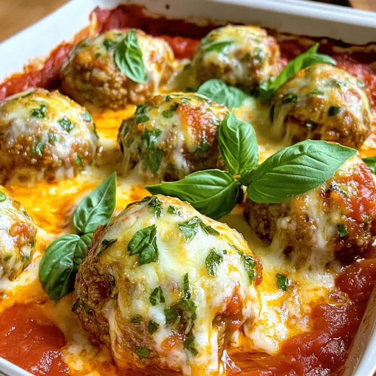 - 1 pound ground beef - 1/2 cup breadcrumbs - 1/4 cup grated Parmesan cheese - 1/4 cup fresh parsley, chopped - 1 egg - 2 cloves garlic, minced - 1 teaspoon dried oregano - 1/2 teaspoon salt - 1/4 teaspoon black pepper - 1 cup marinara sauce - 1 cup shredded mozzarella cheese - Fresh basil leaves for garnish When I create my meatballs, I focus on quality. Using good ground beef makes a big difference. The breadcrumbs help bind the meatballs. Parmesan cheese adds a nice salty flavor. Fresh parsley gives a pop of color and freshness. I always use an egg in my mixture. It keeps everything together. The minced garlic brings a rich taste. Dried oregano adds an Italian touch. I prefer to use salt and pepper for seasoning. For the sauce, I use marinara. It complements the meatballs perfectly. The mozzarella cheese melts beautifully on top. I like to finish with fresh basil leaves. They add a nice touch when serving. Check out the Full Recipe for all the details! - Preheat your oven to 400°F (200°C). - In a large bowl, combine the ground beef, breadcrumbs, Parmesan cheese, parsley, egg, minced garlic, oregano, salt, and black pepper. Mix well until all ingredients are fully combined. - Shape the mixture into meatballs, about 1-1.5 inches in diameter, and place them on a baking sheet lined with parchment paper. - Bake the meatballs in the preheated oven for 15-20 minutes until they are cooked through and have a nice golden color. - While the meatballs are baking, heat the marinara sauce in a saucepan over medium heat until warmed through. - Remove the meatballs from the oven and lower the oven temperature to 375°F (190°C). - In a baking dish, spread half of the marinara sauce on the bottom. Place the cooked meatballs on top of the sauce, then pour the remaining marinara sauce over them. - Sprinkle the shredded mozzarella cheese generously over the top of the meatballs. - Return the dish to the oven and bake for an additional 15-20 minutes, or until the cheese is bubbly and golden. - Once done, take the dish out of the oven and let it sit for a few minutes. Garnish with fresh basil leaves before serving. For the full recipe, check out the details above. Enjoy your meal! - Ensure meatballs are evenly sized for even cooking. This helps them cook at the same time. - Use parchment paper for easier cleanup. It prevents sticking and saves you time. - Consider adding extra spices or herbs to the meatball mixture. You can try basil, thyme, or red pepper flakes for a kick. - Experiment with different types of cheeses for topping. Provolone or gouda can add a unique taste. - Serve with spaghetti or a side salad. This makes a complete meal that everyone will love. - Pair with garlic bread or crusty rolls. They soak up the sauce and add to the meal’s joy. For the detailed recipe, check out the Full Recipe to get started! {{image_2}} You can easily change the meat in your meatballs. Substitute ground turkey or chicken for a lighter option. This keeps the dish healthy and tasty. If you want a vegetarian version, try using plant-based meat. It gives the same great flavor without meat. Cheese is key in this bake. You can switch mozzarella for provolone or cheddar cheese. Each type adds its own flavor. For a creamier texture, add ricotta cheese to the mix. This makes each bite rich and delightful. The sauce also plays a big role. Swap marinara for BBQ sauce for a fun twist. This adds a sweet and smoky flavor to your dish. If you want something different, try a creamy sauce. It gives a nice change and tastes amazing. For the full recipe, check out the section above. Store any leftovers in an airtight container. This keeps them fresh and tasty. You should eat them within 3-4 days for the best quality. If you wait too long, they may not taste as good. For longer storage, freeze the meatballs and sauce separately. This helps them keep their flavor. When you want to eat them, thaw them overnight in the refrigerator. This method makes reheating easier and keeps them juicy. You can reheat meatballs in the oven or microwave. Heat them until they are warm all the way through. To keep them moist, add a splash of water or extra sauce. This helps them stay soft and delicious as you enjoy your cheesy herb meatballs bake. Check for an internal temperature of 160°F (71°C). Use a meat thermometer for best results. This ensures the meatballs are safe to eat and cooked through. When they reach this temperature, they are juicy and ready to enjoy. Yes, you can prepare them a day in advance and bake before serving. Just store the raw meatballs in the fridge until you are ready to cook. This makes meal prep easy and saves time on busy nights. Pair with pasta, salad, or bread for a complete meal. Spaghetti is a classic choice that goes well with the rich sauce. A fresh salad adds a nice crunch and balance to the dish. Garlic bread also makes a perfect side to soak up extra sauce. Yes, simply double or triple ingredients to accommodate more servings. When cooking for a crowd, keep the cooking times in mind. Larger batches may need a bit more time in the oven to ensure everything cooks evenly. Use gluten-free breadcrumbs and ensure marinara sauce is gluten-free. Many stores sell gluten-free options now. This way, everyone can enjoy the meal without worry. This blog post covered everything you need for a tasty meatball dish. We discussed the main ingredients, step-by-step instructions, and helpful tips. You can also explore fun variations and easy storage methods. Making delicious meatballs at home is simple and rewarding. Enjoy experimenting with flavors and serving this dish to friends and family! Your cooking can shine with these easy steps.