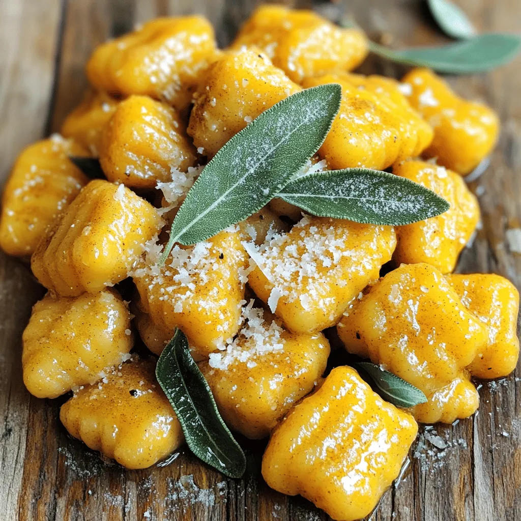 - Pumpkin puree: You can use fresh pumpkin or canned pumpkin puree. Fresh pumpkin has a vibrant flavor. Canned pumpkin is convenient and still tasty. Choose what works best for you. - Importance of quality flour: Use all-purpose flour for the best texture. Quality flour makes a difference in how your gnocchi feels. It helps create a light and fluffy bite. - Seasonings that enhance flavor: Ground nutmeg and ground cinnamon bring warmth to the dish. A pinch of salt and black pepper adds depth. These spices pair well with pumpkin and make the gnocchi shine. - Mixing bowls and utensils: A large bowl is key for mixing your ingredients. Use a fork or your hands to blend everything together. - Rolling pin and knife for shaping: A rolling pin helps you shape the gnocchi into ropes. A sharp knife cuts the dough into pieces. This makes the process easier and more fun. - Slotted spoon for cooking: A slotted spoon is perfect for lifting the gnocchi from the water. It helps drain excess water. This way, your gnocchi stays light and fluffy. These ingredients and tools set you up for success. The full recipe will guide you through every step. Enjoy making this delightful dish! To start, grab a large mixing bowl. Add 2 cups of pumpkin puree and 1 large egg. Sprinkle in 1 teaspoon of ground nutmeg, 1 teaspoon of ground cinnamon, ½ teaspoon of salt, and ½ teaspoon of black pepper. Mix everything well until it's smooth. The aroma will be amazing! Next, it’s time to add the flour. Pour in 2 cups of all-purpose flour, one cup at a time. Use your hands or a fork to mix it. You want a soft dough, so if it feels too sticky, add a bit more flour. Once combined, put the dough on a floured surface. Knead it gently for about 2-3 minutes. You want it smooth and a little elastic. Don’t knead too much! Now, divide your dough into four equal pieces. Roll each piece into a long rope, about ½ inch thick. Cut the rope into 1-inch pieces. These are your gnocchi! For a classic look, use a fork to press indents on one side of each piece. This step is optional, but it helps hold the sauce nicely. Bring a large pot of salted water to a gentle boil. Drop the gnocchi in batches into the boiling water. Once they float to the top, they are ready! This usually takes about 2-3 minutes. Use a slotted spoon to take them out and place them on a plate. For an extra touch, heat 2 tablespoons of olive oil in a large skillet over medium heat. Add the cooked gnocchi and sauté them until they are golden and slightly crispy, about 3-4 minutes. Serve hot, garnished with fresh sage leaves and a sprinkle of grated Parmesan cheese. For the full recipe, check out the section earlier! To get the best texture for your pumpkin gnocchi, kneading is key. Knead the dough gently for about 2-3 minutes. This helps the dough become smooth and elastic. Be careful not to over-knead; that can make the gnocchi tough. If your dough feels sticky, add a little flour. Dust your hands and the surface with flour as you work. This keeps the dough from sticking without adding too much flour. A good rule is to add flour slowly until it feels just right. To boost flavor, consider adding herbs and spices. Fresh sage pairs well with pumpkin. Just chop some leaves and mix them into the dough or sprinkle them on top. You can also try adding a pinch of nutmeg or thyme for a warm taste. When it comes to sauces, brown butter is a classic choice. It adds a nutty flavor that complements the sweetness of the pumpkin. You can also use a light cream sauce or a simple garlic olive oil. These sauces let the pumpkin shine while adding richness. For the full recipe, check out the [Full Recipe]. {{image_2}} You can make unique pumpkin gnocchi by adding cheese or other veggies. Try mixing in ricotta cheese for a creamy texture. You can also use spinach or roasted garlic for added taste. These ingredients bring new flavors and nutrients to your dish. If you need a gluten-free option, substitute all-purpose flour with gluten-free flour. You can also try almond flour or oat flour. This way, everyone can enjoy your homemade gnocchi no matter their diet. Pumpkin gnocchi tastes great with creamy sauces. A rich sage butter sauce pairs well with the pumpkin flavor. To make it, melt butter and add fresh sage leaves. The sage gives a lovely aroma and taste. Seasonal garnishes like crispy sage or grated Parmesan cheese enhance the dish. Sprinkle these on top before serving. They add texture and flavor, making your gnocchi even more delicious. For a full recipe, check out the Full Recipe section. To store uncooked gnocchi, place them on a floured baking sheet. Make sure they do not touch each other. Cover the sheet with plastic wrap or a clean kitchen towel. This method helps keep them from sticking. You can refrigerate them for up to two days. For leftover cooked gnocchi, let them cool first. Then, place them in an airtight container. You can store them in the fridge for up to three days. When you’re ready to eat, reheat them in a skillet with some olive oil. This gives them a nice crisp. Freezing gnocchi is a great option for meal prep. Before freezing, arrange the uncooked gnocchi on a floured baking sheet. Place them in the freezer for about one hour. Once they are firm, transfer them to a freezer bag. This helps avoid clumping. For thawing, just take out the amount you need. Let them sit at room temperature for about 30 minutes. You can also cook them straight from frozen. Just add a couple of extra minutes to the boiling time. Frozen gnocchi can last for up to three months in the freezer. They keep well and taste great when cooked. For the full recipe, check out the Pumpkin Spice Gnocchi section. How do I know when gnocchi is cooked? Gnocchi cooks quickly. When they float to the top of the water, they are done. This usually takes about 2-3 minutes. You can taste one to check if it’s soft and tender. Can I use sweet potato instead of pumpkin? Yes, you can use sweet potato! It gives a different flavor and sweetness. The process remains the same, but it may need slight adjustments in flour. What to do if the dough is too wet? If your dough feels sticky, add more flour. Sprinkle some on the dough and knead gently. Keep adding a little flour until the dough is soft but not sticky. How to fix gummy gnocchi? If your gnocchi turn out gummy, they likely had too much moisture. To fix this, try adding more flour to the dough next time. Also, avoid overcooking them in water. What dishes pair well with pumpkin gnocchi? Pumpkin gnocchi pairs well with sage brown butter sauce. You can also serve it with creamy Alfredo or a light tomato sauce. These enhance the pumpkin flavor nicely. Ideas for side dishes and salads to serve with gnocchi Try a simple arugula salad with lemon vinaigrette. Roasted vegetables also work well. They add color and balance the meal. For a heartier dish, serve with sautéed greens. Making homemade pumpkin gnocchi is fun and rewarding. We covered key ingredients, tools, and step-by-step instructions. I shared tips on achieving the best texture and flavorful variations. Don't forget about storage tips for leftovers and freezing. Now you can enjoy this tasty dish anytime. With practice, your gnocchi will impress friends and family. Use fresh ingredients and enjoy the process! The kitchen is your playground, so get creative with flavors. Happy cooking!