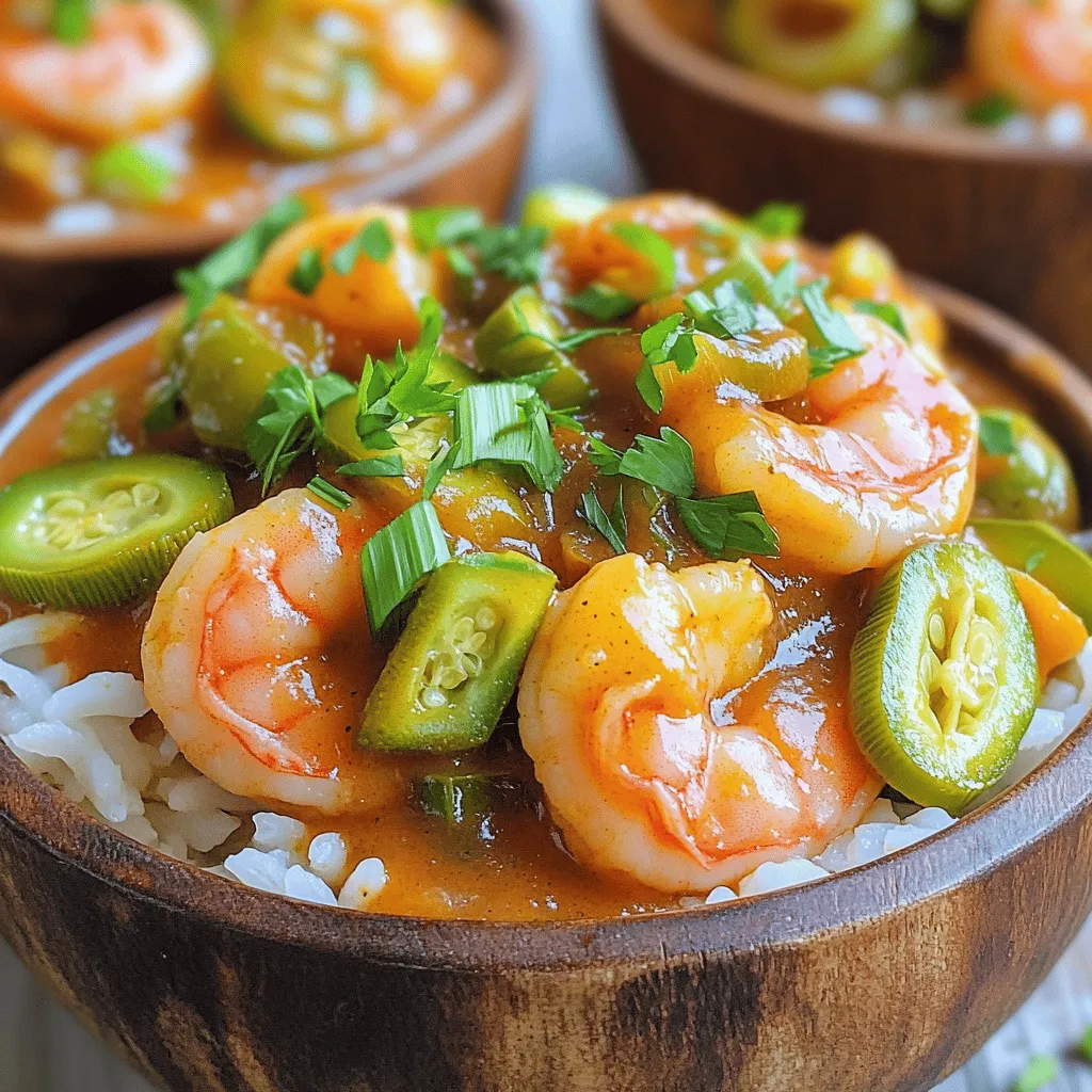 - 1 lb shrimp, peeled and deveined - 1/2 cup vegetable oil - 1/2 cup all-purpose flour - 1 large onion, finely chopped - 2 celery stalks, finely chopped - 1 green bell pepper, finely chopped - 4 cloves garlic, minced - 2 cups vegetable broth - 1 can (14 oz) diced tomatoes, undrained - 2 cups okra, sliced - 2 teaspoons Cajun seasoning - 1 teaspoon smoked paprika - Salt and pepper to taste - 3 green onions and fresh parsley for garnish To make a great shrimp etouffee, you need fresh ingredients. First, choose good shrimp that are peeled and deveined. This makes cooking easier. Next, the roux is key. You will mix vegetable oil with flour. This mix will give your dish a rich flavor and nice texture. Stir it often to avoid burning. The holy trinity of Cajun cooking, which is onion, celery, and green bell pepper, adds depth. These veggies bring a sweet and earthy taste. Garlic adds a punch that makes the dish pop. Don’t forget the vegetable broth! It forms the base of your etouffee, adding moisture and flavor. The diced tomatoes give a nice acidity that balances the richness. Okra is essential, too. It adds a unique taste and helps thicken the sauce. Cajun seasoning and smoked paprika create warmth and spice. Lastly, fresh green onions and parsley add a bright touch. They make the dish look amazing and taste fresh. If you want the full recipe with instructions, check out the Full Recipe. Heat the vegetable oil in a large pot over medium heat. Once hot, whisk in the flour. Keep stirring for about 15 to 20 minutes. You want a deep caramel color. This step gives the etouffee its rich base. Watch carefully to avoid burning! After the roux is ready, it’s time for the "holy trinity." Add in the chopped onion, bell pepper, and celery. Stir them in and let them cook for about 5 minutes. This helps to soften the veggies. The aroma will make your kitchen smell amazing! Then, add minced garlic. Cook for another minute until it becomes fragrant. Now, pour in the vegetable broth. Add the canned diced tomatoes, too. Stir everything well and bring it to a simmer. Next, toss in the sliced okra and all the seasonings: Cajun seasoning, smoked paprika, salt, and pepper. Let this cook for about 10 to 15 minutes. Keep stirring until the okra is tender. Finally, add the shrimp to the pot. Cook until they turn pink, which should take about 5 to 7 minutes. You can now taste the etouffee and adjust the seasoning if needed. Serve your shrimp etouffee over warm rice for a delightful meal. For the full details on the ingredients and cooking times, check out the Full Recipe. To make a great roux, you must control the heat. Start with medium heat and whisk the flour into the oil. Stir often to avoid burning. Aim for a deep caramel color, which takes about 15-20 minutes. If it turns dark brown or black, you need to start over. Use a wooden spoon or a whisk for smooth mixing. A smooth roux is key for a perfect etouffee. If you see lumps, keep stirring until they disappear. This will ensure a creamy texture in your final dish. Taste as you cook! Start with the basic seasoning and adjust it to your liking. You can add more salt or Cajun seasoning for extra flavor. Remember, it’s easier to add than to take away. Fresh herbs like parsley or green onions can boost flavor. Add them near the end of cooking for a fresh taste. Don’t skip this step; it makes a big difference! Serve your shrimp etouffee over warm, fluffy white rice. Long-grain rice works best, as it absorbs the sauce well. You can also use jasmine rice for a fragrant twist. For a beautiful presentation, use deep bowls. This gives a nice look to the stew-like dish. Top each serving with fresh green onions and chopped parsley for color. Enjoy your meal! {{image_2}} You can switch up the seafood in your etouffee. Use crab, crawfish, or mixed seafood for fun. These options add different textures and flavors. If you prefer a vegetarian option, try mushrooms or tofu. Both choices soak up the delicious sauce, making them great substitutes. Adjust the spice to fit your taste. If you want more heat, add extra Cajun seasoning. This brings a nice kick. For those who love heat, a dash of hot sauce works wonders. Start with a little, then add more as you taste. If you're gluten-free, you can make a special roux. Use gluten-free flour or cornstarch to thicken your dish. This keeps the flavor while meeting dietary needs. For a low-carb version, skip the rice. Instead, serve the shrimp etouffee over cauliflower rice. This keeps it light and tasty without losing that classic flavor. Shrimp etouffee lasts about three days in the fridge. Store it in an airtight container. Make sure it cools down first before sealing it. This helps keep the taste fresh. When you want to eat it again, just look for any signs of spoilage. If it smells off or looks weird, it’s best to toss it. For longer storage, you can freeze shrimp etouffee. Use freezer-safe containers. Leave some space at the top for expansion. It can stay good for up to three months. When you are ready to eat it, thaw it in the fridge overnight. This helps keep the texture nice. To reheat, you can use the stove or microwave. If using the stove, warm it slowly over low heat. Stir often to prevent sticking. If using a microwave, cover it loosely to keep moisture in. Add a splash of broth or water to help with dryness. This keeps your etouffee creamy and tasty. Shrimp etouffee is a classic dish from Louisiana. It brings together the flavors of the South. The name "etouffee" means "smothered" in French. This dish features shrimp cooked in a thick, flavorful sauce. It often uses a roux, which is a mix of flour and fat. The dish highlights the "holy trinity" of Cajun cooking: onion, bell pepper, and celery. These ingredients give it a rich flavor. Shrimp etouffee is often served over rice. This dish celebrates the blend of cultures in Louisiana, making it a true comfort food. Yes, you can make shrimp etouffee ahead of time. This makes it perfect for meal prep. Cook it fully and let it cool before storing. Place it in an airtight container in the fridge. It will stay fresh for up to three days. When you’re ready to eat, simply reheat it. This saves you time on busy days. Just be careful not to overcook the shrimp again. It’s best to add fresh shrimp if you want to freeze it. To reheat shrimp etouffee, use low heat. A saucepan works best for even heating. Add a splash of broth or water to keep it moist. Stir gently to avoid breaking up the shrimp. Heat until warmed through, about 5-10 minutes. You can also use the microwave. Place it in a microwave-safe dish and cover it. Heat in short bursts, stirring in between. This helps avoid overcooking the shrimp. Shrimp etouffee pairs well with several sides. Here are some great options: - Cooked white rice - Garlic bread - Cornbread - Coleslaw - Steamed vegetables Each of these sides enhances the meal. They add texture and balance to the rich sauce. Enjoy your shrimp etouffee with these simple sides for a complete meal. For the full recipe, be sure to check out the complete guide. In this blog post, we explored how to make shrimp etouffee. We started with the key ingredients needed for this flavorful dish. Then, I laid out easy steps to cook it perfectly. I also shared tips for a tasty roux and ideas for variations to try. Finally, I provided storage and serving advice for your leftovers. This dish is not only rich in flavor but also fun to make. Enjoy it with friends and family; it’s perfect for any meal!