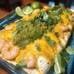 To create these creamy shrimp enchiladas, gather the following key ingredients: - 1 pound medium shrimp, peeled and deveined - 8 small corn tortillas - 1 cup cream cheese, softened - 1 cup shredded cheddar cheese, plus extra for topping - 1 cup sour cream - 1 cup salsa verde - 1 teaspoon cumin - 1 teaspoon garlic powder - 1 tablespoon olive oil These ingredients bring great flavor and texture to your dish. You can enhance your meal with these optional garnishes and sides: - Fresh cilantro, chopped (for garnish) - 1 lime, cut into wedges (for serving) These add freshness and a zing to your enchiladas. If you need to make swaps, here are some ideas: - Use cooked chicken or black beans instead of shrimp for a different protein. - Swap cream cheese for Greek yogurt for a lighter option. - Try a different cheese like Monterey Jack for a unique flavor. These substitutions keep your meal exciting and adaptable. For the full recipe, refer to the earlier section. Start by heating olive oil in a skillet over medium heat. Add 1 pound of medium shrimp that you have peeled and deveined. Season the shrimp with 1 teaspoon of cumin, 1 teaspoon of garlic powder, salt, and pepper. Cook until the shrimp turn pink, which takes about 3-4 minutes. Once done, remove them from heat and let them cool slightly. In a mixing bowl, combine 1 cup of softened cream cheese, 1 cup of sour cream, and 1 cup of shredded cheddar cheese. Mix well until it is smooth and creamy. Gently fold the cooked shrimp into this cheese mixture. Make sure it is well combined for a rich filling. Take an 8 small corn tortillas. For each tortilla, place a generous spoonful of the shrimp mixture in the center. Roll the tortilla tightly and place it seam-side down in a greased baking dish. Repeat this until all tortillas are filled and arranged nicely in the dish. After you have placed all the enchiladas in the dish, pour 1 cup of salsa verde evenly over the top. For an extra cheesy crust, sprinkle additional shredded cheddar cheese on top. Now, preheat your oven to 375°F (190°C). Bake the enchiladas in the oven for 20-25 minutes. You will know they are ready when the cheese is melted and bubbly on top. Once you take them out of the oven, let them cool for a few minutes. For a beautiful presentation, garnish with fresh cilantro. Serve with lime wedges on the side for a zesty touch. Enjoy your creamy shrimp enchiladas! For the full recipe, check the section above. To make great enchiladas, keep a few tips in mind. First, cook your shrimp just until pink. Overcooked shrimp can be tough. Use fresh ingredients for the best taste. Warm your tortillas before filling them. This makes them easier to roll. Avoid tearing by gently heating them in a pan. You can take your enchiladas to the next level. Add extra spices like smoked paprika or chili powder for heat. Try mixing in some black beans or corn for added texture. A squeeze of lime juice brightens the flavor. Fresh cilantro adds a nice touch at the end. One common mistake is overfilling your tortillas. This can make rolling difficult. Aim for a generous spoonful, but don’t go overboard. Another mistake is skipping the cheese on top. This creates a delicious, melty crust. Lastly, don’t forget to preheat your oven. This ensures even cooking. For a detailed guide, check the full recipe for creamy shrimp enchiladas. {{image_2}} If you want a vegetarian twist, swap shrimp for black beans or sautéed veggies. Use bell peppers, zucchini, or spinach to add flavor and color. You can keep the creamy sauce by using cream cheese and sour cream, just like in the original recipe. This way, you still get a rich and tasty meal without the seafood. For a lighter version, use low-fat cream cheese and reduced-fat sour cream. You can also replace the cheese with a dairy-free option. Choose corn tortillas for a lower-calorie wrapper. Load up on fresh veggies like diced tomatoes or corn to boost flavor without adding too many calories. This keeps your meal healthy while still being delicious. To add a kick to your enchiladas, mix in some diced jalapeños or use spicy salsa verde. You can also sprinkle chili powder into the shrimp mixture for extra heat. If you love bold flavors, try adding a dash of hot sauce to the cream mixture. Serve with extra lime for a zesty finish that will wake up your taste buds. For the full recipe, check out the Creamy Shrimp Enchiladas section above. To store leftover enchiladas, let them cool first. Place them in an airtight container. You can keep them in the fridge for up to three days. If you want to save them longer, freezing is a good option. To reheat your enchiladas, preheat your oven to 350°F (175°C). Cover the dish with foil to keep them moist. Heat for about 20 minutes. You can also use the microwave. Just warm them for 2-3 minutes, checking often. For freezing, wrap each enchilada tightly in plastic wrap. Then place them in a freezer-safe bag. They can last up to three months in the freezer. When you're ready to eat, thaw them overnight in the fridge. Reheat them as mentioned above for best results. You can find the full recipe for creamy shrimp enchiladas here. Enjoy! If you want to swap shrimp, try chicken or black beans. Both work well in this recipe. For chicken, use cooked, shredded chicken. For black beans, rinse and drain a can before adding. These options give you tasty and filling enchiladas. Yes, you can prepare these enchiladas earlier. Just make them up to the baking step. Cover them well with plastic wrap and place them in the fridge. When you’re ready to bake, take them out and pour on the salsa verde. Bake as directed. This saves time on busy nights. To add spice, use spicy salsa verde or add chopped jalapeños. Another great option is to mix in cayenne pepper or chili powder. Just a pinch can really heat things up. You control the spice level, so make it as hot as you like! Creamy shrimp enchiladas combine tasty shrimp and a rich sauce. You can tweak ingredients or try veggies for a twist. Follow my steps for perfect assembly. Keep our tips in mind to avoid common mistakes. Store leftovers and enjoy later for quick meals. With these ideas, you can make this dish your own. Dive into your kitchen and create a dish that everyone will love!