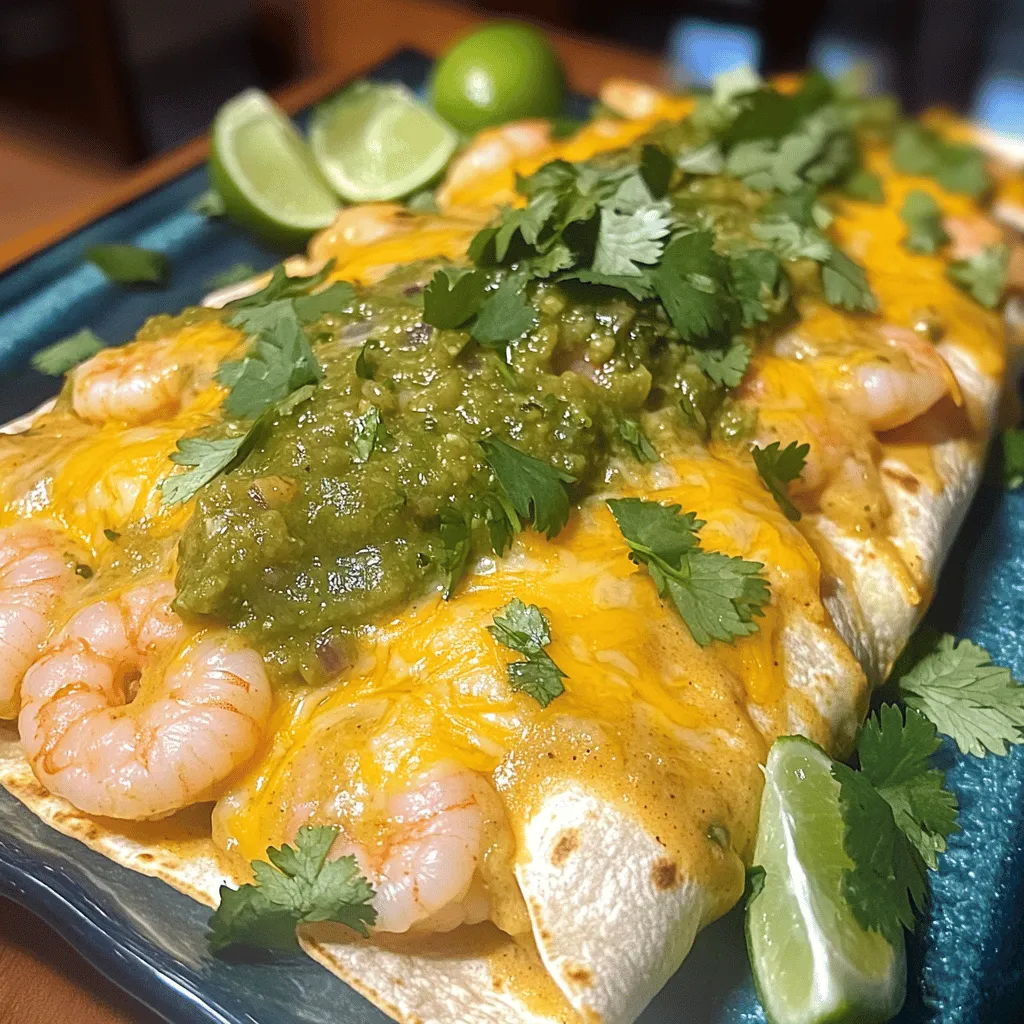 To create these creamy shrimp enchiladas, gather the following key ingredients: - 1 pound medium shrimp, peeled and deveined - 8 small corn tortillas - 1 cup cream cheese, softened - 1 cup shredded cheddar cheese, plus extra for topping - 1 cup sour cream - 1 cup salsa verde - 1 teaspoon cumin - 1 teaspoon garlic powder - 1 tablespoon olive oil These ingredients bring great flavor and texture to your dish. You can enhance your meal with these optional garnishes and sides: - Fresh cilantro, chopped (for garnish) - 1 lime, cut into wedges (for serving) These add freshness and a zing to your enchiladas. If you need to make swaps, here are some ideas: - Use cooked chicken or black beans instead of shrimp for a different protein. - Swap cream cheese for Greek yogurt for a lighter option. - Try a different cheese like Monterey Jack for a unique flavor. These substitutions keep your meal exciting and adaptable. For the full recipe, refer to the earlier section. Start by heating olive oil in a skillet over medium heat. Add 1 pound of medium shrimp that you have peeled and deveined. Season the shrimp with 1 teaspoon of cumin, 1 teaspoon of garlic powder, salt, and pepper. Cook until the shrimp turn pink, which takes about 3-4 minutes. Once done, remove them from heat and let them cool slightly. In a mixing bowl, combine 1 cup of softened cream cheese, 1 cup of sour cream, and 1 cup of shredded cheddar cheese. Mix well until it is smooth and creamy. Gently fold the cooked shrimp into this cheese mixture. Make sure it is well combined for a rich filling. Take an 8 small corn tortillas. For each tortilla, place a generous spoonful of the shrimp mixture in the center. Roll the tortilla tightly and place it seam-side down in a greased baking dish. Repeat this until all tortillas are filled and arranged nicely in the dish. After you have placed all the enchiladas in the dish, pour 1 cup of salsa verde evenly over the top. For an extra cheesy crust, sprinkle additional shredded cheddar cheese on top. Now, preheat your oven to 375°F (190°C). Bake the enchiladas in the oven for 20-25 minutes. You will know they are ready when the cheese is melted and bubbly on top. Once you take them out of the oven, let them cool for a few minutes. For a beautiful presentation, garnish with fresh cilantro. Serve with lime wedges on the side for a zesty touch. Enjoy your creamy shrimp enchiladas! For the full recipe, check the section above. To make great enchiladas, keep a few tips in mind. First, cook your shrimp just until pink. Overcooked shrimp can be tough. Use fresh ingredients for the best taste. Warm your tortillas before filling them. This makes them easier to roll. Avoid tearing by gently heating them in a pan. You can take your enchiladas to the next level. Add extra spices like smoked paprika or chili powder for heat. Try mixing in some black beans or corn for added texture. A squeeze of lime juice brightens the flavor. Fresh cilantro adds a nice touch at the end. One common mistake is overfilling your tortillas. This can make rolling difficult. Aim for a generous spoonful, but don’t go overboard. Another mistake is skipping the cheese on top. This creates a delicious, melty crust. Lastly, don’t forget to preheat your oven. This ensures even cooking. For a detailed guide, check the full recipe for creamy shrimp enchiladas. {{image_2}} If you want a vegetarian twist, swap shrimp for black beans or sautéed veggies. Use bell peppers, zucchini, or spinach to add flavor and color. You can keep the creamy sauce by using cream cheese and sour cream, just like in the original recipe. This way, you still get a rich and tasty meal without the seafood. For a lighter version, use low-fat cream cheese and reduced-fat sour cream. You can also replace the cheese with a dairy-free option. Choose corn tortillas for a lower-calorie wrapper. Load up on fresh veggies like diced tomatoes or corn to boost flavor without adding too many calories. This keeps your meal healthy while still being delicious. To add a kick to your enchiladas, mix in some diced jalapeños or use spicy salsa verde. You can also sprinkle chili powder into the shrimp mixture for extra heat. If you love bold flavors, try adding a dash of hot sauce to the cream mixture. Serve with extra lime for a zesty finish that will wake up your taste buds. For the full recipe, check out the Creamy Shrimp Enchiladas section above. To store leftover enchiladas, let them cool first. Place them in an airtight container. You can keep them in the fridge for up to three days. If you want to save them longer, freezing is a good option. To reheat your enchiladas, preheat your oven to 350°F (175°C). Cover the dish with foil to keep them moist. Heat for about 20 minutes. You can also use the microwave. Just warm them for 2-3 minutes, checking often. For freezing, wrap each enchilada tightly in plastic wrap. Then place them in a freezer-safe bag. They can last up to three months in the freezer. When you're ready to eat, thaw them overnight in the fridge. Reheat them as mentioned above for best results. You can find the full recipe for creamy shrimp enchiladas here. Enjoy! If you want to swap shrimp, try chicken or black beans. Both work well in this recipe. For chicken, use cooked, shredded chicken. For black beans, rinse and drain a can before adding. These options give you tasty and filling enchiladas. Yes, you can prepare these enchiladas earlier. Just make them up to the baking step. Cover them well with plastic wrap and place them in the fridge. When you’re ready to bake, take them out and pour on the salsa verde. Bake as directed. This saves time on busy nights. To add spice, use spicy salsa verde or add chopped jalapeños. Another great option is to mix in cayenne pepper or chili powder. Just a pinch can really heat things up. You control the spice level, so make it as hot as you like! Creamy shrimp enchiladas combine tasty shrimp and a rich sauce. You can tweak ingredients or try veggies for a twist. Follow my steps for perfect assembly. Keep our tips in mind to avoid common mistakes. Store leftovers and enjoy later for quick meals. With these ideas, you can make this dish your own. Dive into your kitchen and create a dish that everyone will love!