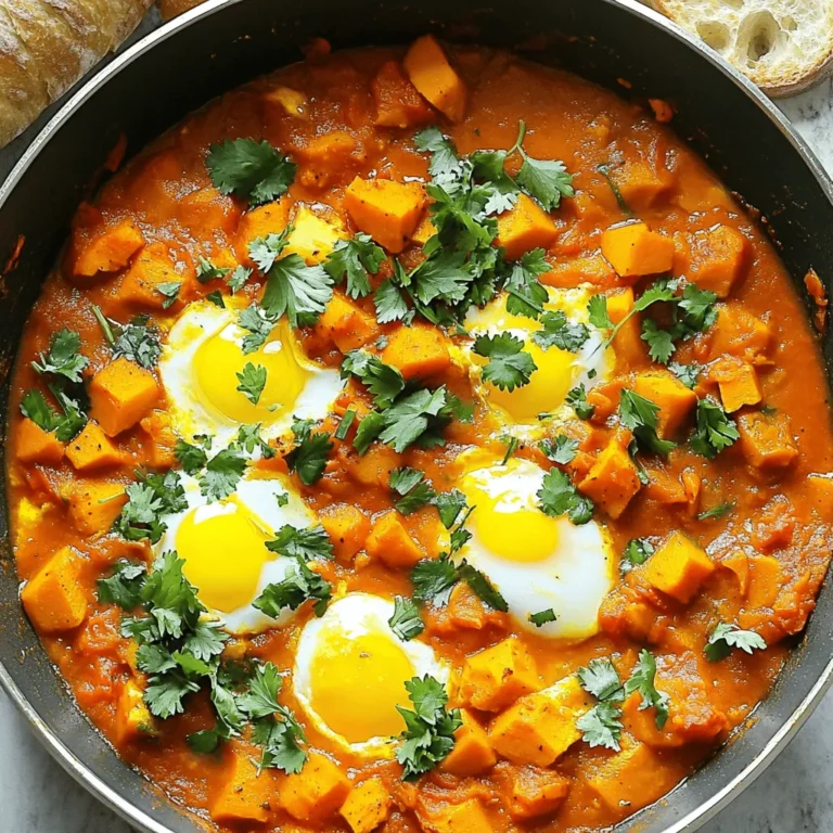 To make pumpkin shakshuka, gather these items: - 1 medium pumpkin, peeled and diced (about 4 cups) - 1 large onion, finely chopped - 2 garlic cloves, minced - 1 red bell pepper, diced - 1 teaspoon ground cumin - 1 teaspoon smoked paprika - 1/2 teaspoon cayenne pepper (adjust to taste) - 1 can (14 oz) diced tomatoes - 4 large eggs - 2 tablespoons olive oil - Salt and pepper to taste - Fresh parsley or cilantro, for garnish When it comes to ingredient substitutions, you have options. If you can't find pumpkin, you can use butternut squash or sweet potatoes. These alternatives keep the dish sweet and warm. For the spices, if you don’t have smoked paprika, regular paprika works too. It changes the flavor slightly, but you'll still enjoy a tasty shakshuka. Now, let’s talk about fresh versus canned ingredients. Fresh pumpkin shines in this dish, giving a bright flavor and texture. But if you're short on time, canned pumpkin can save the day. Just remember, canned pumpkin is smoother, so it may change the dish's texture. Using fresh herbs like parsley or cilantro adds a burst of flavor at the end. They give your shakshuka a fresh touch. If fresh herbs aren't available, dried herbs can still work, but the flavor won't be as strong. You can find the full recipe in the article. Enjoy making your pumpkin shakshuka! 1. Heat the Oil: Start by heating 2 tablespoons of olive oil in a large skillet over medium heat. This creates a nice base for your shakshuka. 2. Sauté the Onion: Add 1 large finely chopped onion to the skillet. Cook it for about 5 minutes until it looks soft and clear. 3. Add Garlic and Pepper: Next, throw in 2 minced garlic cloves and 1 diced red bell pepper. Stir it all together and let it cook for another 3-4 minutes. The bell pepper should be tender by now. 4. Mix in the Pumpkin: Now, add 4 cups of diced pumpkin. Sprinkle in 1 teaspoon of ground cumin, 1 teaspoon of smoked paprika, and 1/2 teaspoon of cayenne pepper. You can adjust the cayenne to your taste. Stir everything well and cook for 8-10 minutes. You want the pumpkin to start softening. 5. Pour the Tomatoes: Open a can of diced tomatoes (14 oz) and pour it into the skillet. Stir it in and let it simmer. Reduce the heat, cover the skillet, and let it cook for 10-15 minutes. The pumpkin should be fully tender by now. 6. Add the Eggs: Make 4 small wells in the sauce. Gently crack an egg into each well. Cover the skillet again and let it cook for 6-8 minutes. The egg whites should be set, but the yolks still runny. If you want firmer yolks, cook a bit longer. 7. Final Touches: Once your eggs are perfect, take the skillet off the heat. Add salt and pepper to taste. 8. Garnish: Finish by garnishing with fresh parsley or cilantro. This adds a nice pop of color. - Keep the Heat Low: Cooking on low heat helps the eggs cook evenly without overcooking the yolks. - Cover the Skillet: This traps steam and helps cook the eggs faster while keeping the yolks runny. - Check Frequently: Watch the eggs closely. Once the whites are set, they are ready to eat. For more detailed instructions, check the Full Recipe. Enjoy your cooking! To elevate your pumpkin shakshuka, try different seasonings. You can add coriander for a fresh taste. A dash of nutmeg will give a warm, cozy feeling. If you like it spicy, add more cayenne. For a smoky flavor, consider adding chipotle powder. Each spice adds a unique twist. To ensure your shakshuka has the best texture, cook the pumpkin until it’s just soft. This keeps it from getting mushy. Stir occasionally to prevent sticking. When you crack the eggs, make small wells for even cooking. Cover the skillet to steam the eggs gently. This step helps keep the yolks runny while setting the whites. For the perfect finish, garnish with fresh herbs. Parsley or cilantro adds color and brightness. Serve your shakshuka hot directly from the skillet. This dish is best enjoyed fresh, so gather your family or friends for a cozy meal. For a complete guide, check the Full Recipe for all the details. {{image_2}} You can change up pumpkin shakshuka in many ways. Start by swapping the pumpkin. Try zucchini, sweet potatoes, or even eggplant. Each of these will add a unique taste and texture. Next, consider the spices. If you want more heat, add more cayenne or chili flakes. For a different flavor, try adding curry powder or turmeric. Both of these spices bring warmth and depth. If you are vegan or vegetarian, you can skip the eggs. Instead, add chickpeas or black beans for protein. These options make the dish filling and nutritious. You can also substitute the eggs with tofu. Crumble firm tofu and cook it in the sauce until heated through. Lastly, feel free to play with the herbs. Instead of parsley or cilantro, try basil or dill. These fresh herbs can change the whole feel of the dish. For the full recipe, be sure to check out the complete ingredients and instructions. After enjoying your pumpkin shakshuka, store leftovers in a sealed container. This keeps them fresh and tasty. Allow the dish to cool down before placing it in the fridge. It will stay good for about 3-4 days. If you want to freeze shakshuka, it’s best to do so without the eggs. Cook the pumpkin and sauce, then let it cool. Pour it into a freezer-safe container. It will last about 3 months in the freezer. When ready to eat, thaw it overnight in the fridge. Reheat it gently on the stove. For the eggs, you can cook them fresh each time. This way, they stay soft and delicious. Just add eggs to the reheated shakshuka and cook until they are done to your liking. Check out the Full Recipe for more tips on making this dish. How to make pumpkin shakshuka spicier? To add spice, you can increase the cayenne pepper. Start with just a bit more, then taste. If you want more heat, mix in chili flakes or fresh jalapeños. You can also use spicy smoked paprika for a different kick. Can I prepare shakshuka in advance? Yes, you can make shakshuka ahead of time. Cook the dish up to the point of adding eggs. Then, store it in the fridge for up to three days. When ready to serve, reheat the mixture and add the eggs. Cook them fresh for the best taste. What to serve with pumpkin shakshuka? This dish pairs well with warm bread, like crusty sourdough or pita. You can also serve it with a fresh salad to balance the meal. For a heartier option, add some roasted potatoes or grains like quinoa or farro on the side. For the full recipe, check out the provided link. In this post, we explored pumpkin shakshuka from ingredients to storage tips. You learned about ingredient options, cooking steps, and flavor enhancements. We also covered variations for all diets and answered common questions. To wrap it up, pumpkin shakshuka is versatile and delicious. It’s easy to make, share, and store. Enjoy this dish now and explore its many flavors!