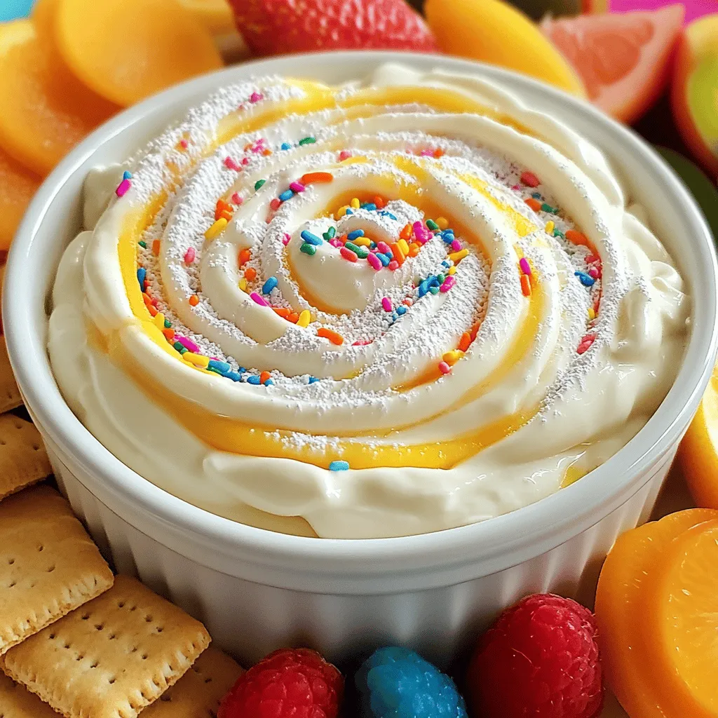 - 1 cup vanilla yogurt - 1 cup cream cheese, softened - ½ cup powdered sugar - ½ cup rainbow sprinkles The 4-Ingredient Dunkaroo Dip is a fun treat that you can make in minutes. Each ingredient plays a key role in the dip's flavor and texture. I love using vanilla yogurt for a smooth and creamy base. It adds a lovely sweetness without being too heavy. Cream cheese is the next star. When you soften it, it blends perfectly with the yogurt. This combination creates a rich and thick dip. Then, we add powdered sugar. This sweetens the dip and helps it achieve a velvety texture. Finally, the rainbow sprinkles add color and fun. They make every bite feel festive! If you want to switch things up, there are great alternatives. For the yogurt, you can use Greek yogurt. It adds extra protein and a thicker texture. If you prefer non-dairy, try coconut yogurt or almond yogurt. Both options work well! For cream cheese, you can use ricotta for a lighter dip. Mascarpone is another rich choice that adds a nice twist. These substitutes can change the flavor, so feel free to experiment! Selecting the best yogurt and cream cheese matters for great taste. Look for yogurt that has live cultures. This means it’s fresh and creamy. Check the date on the package to ensure it’s not close to expiring. When choosing cream cheese, opt for brands that use real ingredients. Fresh cream cheese makes a big difference in flavor. Avoid cream cheese that has artificial additives. Fresh ingredients lead to a better dip! To start making your 4-Ingredient Dunkaroo Dip, grab a mixing bowl. First, combine 1 cup of softened cream cheese and 1 cup of vanilla yogurt. Use a hand mixer to blend them until the mix is smooth and creamy. This step is key for a nice texture. Next, add ½ cup of powdered sugar to the bowl. Mix it in slowly. This will ensure you don’t have lumps. Keep mixing until everything is well combined and fluffy. Now, it’s time to add some fun! Gently fold in ½ cup of rainbow sprinkles. This adds color and sweetness to your dip. Make sure the sprinkles are evenly spread throughout the mix. Once everything is well combined, transfer the dip to a serving bowl. It’s best to chill it in the fridge for at least 30 minutes. This helps the dip thicken slightly and enhances the flavors. When you’re ready to serve, think about your dippers. You can use graham crackers, fresh fruit, or even colorful cookies. These dippers add a nice crunch and taste great with the dip. For a fun party vibe, place the dip in a bright bowl. You can also sprinkle some extra rainbow sprinkles on top for a festive touch. This simple dip is not just tasty; it’s also a feast for the eyes! To get that perfect creaminess, mix the cream cheese and yogurt well. Use a hand mixer to blend them until they are smooth. This step ensures a velvety finish. If you want a thicker dip, chill it longer in the fridge. Prevent lumps in your dip by adding the powdered sugar slowly. Gradually mix it in, and you’ll have a silky dip without any lumps. Don't rush this step; it is key to a great texture. To boost the flavor, add a splash of vanilla extract. This simple trick makes the dip even more delicious. You can also try other flavorings, like almond extract, for a twist. When it comes to sprinkles, don’t be shy! Use colorful seasonal sprinkles for fun. You can even mix in chocolate sprinkles for an extra treat. They add a nice crunch and look great. You can prepare this dip in advance, which is very helpful for parties. Make it the night before and let it chill in the fridge. This way, the flavors will mingle and get even better. For the best storage, keep the dip in an airtight container. This will help keep it fresh. Don’t forget to put it back in the fridge until it’s time to serve. Enjoy your 4-Ingredient Dunkaroo Dip with ease and delight! For the full recipe, check the earlier sections. {{image_2}} You can easily switch up the flavor of your Dunkaroo dip. A Chocolate Dunkaroo Dip is a fun twist. Just replace the vanilla yogurt with chocolate yogurt. Then, add cocoa powder to taste. You will get a rich, chocolatey treat that kids and adults will love. If you want fruit-themed options, try strawberry or pineapple. Switch the vanilla yogurt with strawberry yogurt for a fruity dip. For a tropical vibe, use pineapple yogurt. Both flavors pair well with the sweet sprinkles. They make your dip fresh and fun. You can make healthier versions of Dunkaroo dip, too. For a reduced sugar dip, use less powdered sugar. You can also try using a sugar substitute if you want. Another great option is to use Greek yogurt. It adds protein and a nice tang. This change keeps the dip creamy and tasty. You can also mix in some fruit puree, like banana or berries. This way, you can make it sweet without too much sugar. It adds flavor and nutrition, which is a win-win! If you need a gluten-free version, there are great alternatives. Use gluten-free dippers like rice cakes, fruit slices, or gluten-free cookies. They work well with the dip and keep it safe for those with gluten sensitivities. To modify the dip itself, check the yogurt and cream cheese brands. Some products may contain gluten. Always read labels to ensure you stay gluten-free. With these tips, everyone can enjoy this tasty treat! To keep your 4-Ingredient Dunkaroo Dip fresh, store any leftovers in a sealed container. Use an airtight container to prevent air from spoiling the dip. I recommend glass or plastic containers with tight-fitting lids. These options help maintain the dip's creamy texture and rich flavor. You can freeze Dunkaroo Dip, but it may change a bit. The texture can become grainy after freezing. If you choose to freeze it, use a freezer-safe container. When you're ready to enjoy it again, thaw the dip overnight in the fridge. Stir it well before serving to help restore its smoothness. In the fridge, Dunkaroo Dip lasts about 3 to 5 days. Always check for signs of spoilage. Look for changes in color or smell. If it seems off, it’s best to toss it. Enjoy your dip while it’s fresh for the best taste! 4-Ingredient Dunkaroo Dip will last about 3 to 5 days in the fridge. Store it in an airtight container. This keeps the dip fresh and tasty. Check for signs of spoilage, like a change in smell or texture. If it looks or smells off, it’s best to toss it. Yes, you can use low-fat cream cheese. However, it may change the dip's flavor and texture. Low-fat cream cheese can be less creamy and rich. The taste might be a bit different, but it still works. If you prefer a lighter dip, this is a good option. Great dippers for Dunkaroo Dip include graham crackers, fresh fruit, and colorful cookies. You can also try pretzels or vanilla wafers for a fun twist. Each dipper adds a unique taste and texture. Choose your favorites for a fun snack experience! This blog post covered how to make a fun Dunkaroo Dip with simple ingredients. We looked at substitutions, tips for the best texture, and variations to suit different tastes. Storing your dip properly ensures it lasts longer. Remember, fresh ingredients make a big difference in taste. Enjoy crafting this tasty treat for your gatherings or just for fun. Get creative and try new flavors to make it your own!