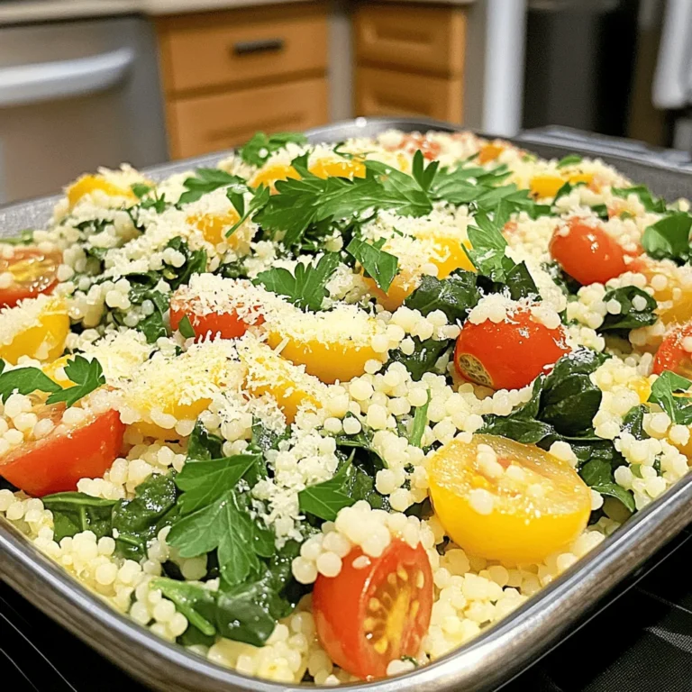 - 1 cup couscous - 2 cups vegetable broth - 2 cups fresh spinach, chopped - 1 cup cherry tomatoes, halved - 1/2 cup grated Parmesan cheese - 2 tablespoons olive oil - 1 tablespoon lemon juice - 1 garlic clove, minced - Salt and pepper to taste - Fresh parsley for garnish (optional) The ingredients for Parmesan Spinach Couscous are simple and fresh. 1. Couscous: This tiny pasta cooks quickly and adds a nice texture. 2. Vegetable broth: It gives the dish flavor. You can use homemade or store-bought. 3. Fresh spinach: This leafy green is healthy and adds color. 4. Cherry tomatoes: They bring sweetness and a pop of juicy flavor. 5. Parmesan cheese: It adds a rich, savory taste to the dish. 6. Olive oil: This healthy fat helps sauté the garlic and veggies. 7. Lemon juice: It brightens the flavors and balances richness. 8. Garlic: It adds depth and aroma to the dish. 9. Salt and pepper: These simple seasonings enhance all the flavors. 10. Fresh parsley: This is optional but adds a nice touch on top. These ingredients create a tasty meal that is quick and easy to make. You can find the Full Recipe for all the steps and tips you need to enjoy this dish. 1. In a medium saucepan, bring 2 cups of vegetable broth to a boil over medium heat. 2. Once boiling, add 1 cup of couscous. Stir quickly to combine. 3. Cover the pot and remove it from heat. Let it sit for 5 minutes. This allows the couscous to absorb all the broth. 1. While the couscous cooks, heat 2 tablespoons of olive oil in a large skillet over medium heat. 2. Add 1 minced garlic clove and sauté for about 1 minute. You want it fragrant, not burnt. 3. Next, add 2 cups of fresh, chopped spinach and 1 cup of halved cherry tomatoes. Cook for about 3 to 4 minutes. The spinach should wilt and the tomatoes should soften. 1. After the couscous has sat, fluff it with a fork. 2. Add the couscous to the skillet with the vegetables. Stir gently to combine everything. 3. Now, add 1/2 cup of grated Parmesan cheese and 1 tablespoon of lemon juice. Mix well until the cheese melts and coats the dish. 4. Finally, season with salt and pepper to taste. You can find the full recipe above for more details. - Using homemade vegetable broth I always suggest using homemade vegetable broth for this dish. It adds depth and richness. You can make it by simmering your favorite veggies, herbs, and spices. This simple step elevates the taste of your Parmesan spinach couscous. - Adding spices for extra seasoning Don't shy away from spices. A pinch of red pepper flakes gives a nice kick. You can also try adding dried oregano or basil for an herbaceous note. These spices can make your dish even more flavorful. - Toasting couscous before cooking Toasting couscous in olive oil before cooking makes a huge difference. It adds a nutty flavor and helps the grains stay separate. Just heat the oil and stir in the couscous for a few minutes until golden brown. - Ensuring even cooking of vegetables Cut your vegetables into similar sizes for even cooking. This way, your spinach and tomatoes cook at the same rate. It helps all the flavors blend well, making each bite delicious. - Pairing sides or proteins This dish pairs well with grilled chicken or chickpeas for added protein. You can also serve it with a crisp salad for a complete meal. The flavors complement each other perfectly. - Presentation tips for plating For a beautiful presentation, use a large bowl. Mound the couscous in the center and sprinkle with fresh parsley. The vibrant colors of spinach and tomatoes pop against the white cheese, making it visually appealing. Try these tips from the [Full Recipe] to make your Parmesan spinach couscous shine! {{image_2}} You can enhance your Parmesan spinach couscous in many ways. Adding proteins can make it heartier and more filling. Here are some options: - Chicken: Cooked and diced chicken adds a nice touch. - Chickpeas: These provide a good source of plant protein and fiber. If you want to change the flavor, try different cheeses. Here are some suggestions: - Feta cheese: This tangy cheese offers a nice contrast. - Goat cheese: It adds creaminess and a unique taste. If you need gluten-free options, try these: - Quinoa: This seed cooks similarly to couscous and is gluten-free. - Rice: You can use any kind of rice for a different texture. For vegan adaptations, replace these items: - Parmesan cheese: Use nutritional yeast for a cheesy flavor. - Vegetable broth: Ensure it's labeled vegan or make your own. You can adjust this dish for any season by including fresh vegetables. Here’s how: - Spring: Add peas or asparagus for a fresh taste. - Summer: Use zucchini and bell peppers for a colorful dish. - Fall: Incorporate roasted butternut squash for sweetness. - Winter: Kale or Brussels sprouts work well for a heartier feel. Feel free to mix and match these ideas to suit your taste and the season! For the full recipe, check out the section above. To keep your Parmesan Spinach Couscous fresh, store it in airtight containers. This method locks in moisture and flavor. Leftovers can last for about 3 to 5 days in the fridge. Always make sure to cool the couscous completely before sealing it up. When reheating couscous, I recommend adding a splash of broth or water. This keeps it from drying out. You can use a microwave for quick reheating. Place the couscous in a bowl, cover it, and heat for one minute at a time. Stir in between to ensure even heating. If you prefer the stovetop, place the couscous in a pan with a little broth. Heat over low, stirring gently until warm. This method revives the texture nicely. You can freeze Parmesan Spinach Couscous either before or after cooking. If freezing raw couscous, store it in a sealed bag for up to 3 months. For cooked couscous, let it cool first, then pack it into airtight containers. This can also last about 3 months in the freezer. Always label your containers with the date for easy tracking. To make couscous fluffy, follow these best practices: - Use the right ratio of broth to couscous. I recommend 2 cups of broth for every 1 cup of couscous. - Bring the broth to a rolling boil before adding couscous. This ensures even cooking. - Stir the couscous briefly, then cover and remove it from heat. - Let it sit for five minutes to absorb the liquid. - Fluff the couscous with a fork after resting. This lightens the texture. Yes, you can prepare this dish in advance. Here are some tips: - Cook the couscous and sauté the vegetables separately. - Combine them just before serving. This keeps the couscous fluffy and fresh. - Store leftovers in an airtight container in the fridge for up to three days. - Reheat gently in the microwave or on the stove. Add a splash of broth to keep it moist. If you're looking for cheese alternatives, consider these options: - Nutritional yeast for a vegan option. It adds a cheesy flavor. - Pecorino Romano for a sharper taste. - Grated mozzarella for a milder flavor and stretchy texture. - Vegan cheeses made from nuts or soy for those with dietary restrictions. Feel free to experiment with these substitutes based on your needs! This blog post covered how to make a delicious couscous dish. You learned about the ingredients needed, step-by-step cooking instructions, and tips to enhance flavor and texture. Variations allow for personal touches, while storage info ensures your dish lasts. My final thought is that couscous is a simple, tasty meal option for any occasion. With these easy steps, you can create a dish that pleases everyone at the table. Enjoy your cooking!