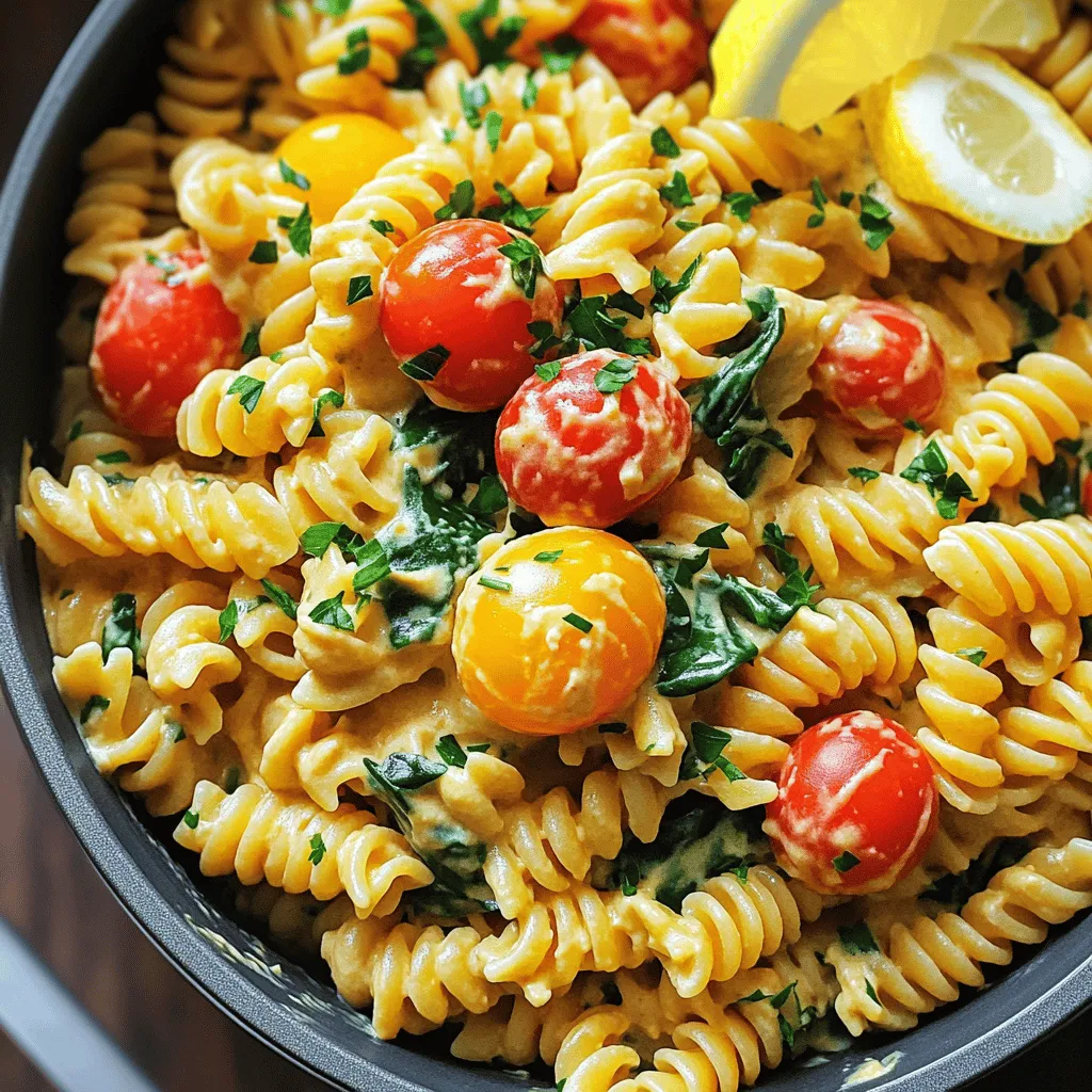 - Pasta of your choice (8 oz) - Creamy hummus (1 cup) - Vegetable broth (3 cups) - Cherry tomatoes (1 cup, halved) - Spinach (1 cup, chopped) - Garlic cloves (2, minced) - Red pepper flakes (½ teaspoon) - Olive oil (1 tablespoon) - Fresh parsley and lemon wedges In this dish, the main ingredients create a rich and creamy base. I like to use any pasta I have on hand, such as fusilli or penne. The creamy hummus adds depth and flavor. Vegetable broth gives the pasta a nice, savory taste. Fresh additions bring color and nutrition. Cherry tomatoes burst with sweetness, while spinach adds a vibrant green. Garlic cloves add a savory kick. For seasoning, red pepper flakes give a little heat, while olive oil adds richness. Fresh parsley and lemon wedges are perfect for garnish. They make the dish look nice and add a zesty finish. You can find the Full Recipe for more details on this easy meal. To start, grab a large pot. Heat 1 tablespoon of olive oil over medium heat. Once hot, add 2 minced garlic cloves and ½ teaspoon of red pepper flakes. Sauté them for about 1-2 minutes. You want to smell that garlic! This step adds a nice kick to your dish. Next, pour in 3 cups of vegetable broth. Bring it to a gentle simmer. Once simmering, add 8 oz of your favorite pasta. Stir occasionally to prevent sticking. Cook the pasta according to the package instructions, which is usually about 8-10 minutes. You want it al dente, which means firm to the bite. Once your pasta is cooked, reduce the heat. Now, stir in 1 cup of creamy hummus. Mix well until the pasta is fully coated. If you find it too thick, add a splash of broth or water for creaminess. Then, fold in 1 cup of halved cherry tomatoes and 1 cup of chopped spinach. Cook for an additional 2-3 minutes. You want the spinach to wilt a bit and the tomatoes to soften. Season with salt and pepper to taste. Let it sit for a minute to thicken. Enjoy your creamy hummus pasta! For the full recipe, check out the Full Recipe section. To get the best creaminess in your One Pot Creamy Hummus Pasta, you can adjust the texture. If the pasta seems too thick, just add a little vegetable broth or water. Start with a splash and stir well. You want it to be creamy but not soupy. This simple trick makes a big difference in how it feels in your mouth. To boost the flavor, try adding some spices and herbs. A pinch of salt and pepper is a must. You can also mix in some Italian seasoning or even a touch of lemon zest. Fresh parsley makes a great garnish, adding color and taste. If you like heat, sprinkle more red pepper flakes on top. These small touches can really elevate the dish. To save time while cooking, prepare your ingredients ahead. Chop the spinach and halve the cherry tomatoes before you start. You can even measure out the hummus and broth. This way, everything is ready to go when you start cooking. It makes the process smoother and quicker. Enjoy your meal without the stress! {{image_2}} You can easily boost your One Pot Creamy Hummus Pasta by adding protein. Chicken is a great choice. Cook diced chicken in the pot before adding garlic and red pepper flakes. This adds flavor and makes it heartier. If you prefer a plant-based option, add chickpeas. They add protein and fiber. You can use canned chickpeas for quick prep. Just drain and rinse them before adding to the pot with the cherry tomatoes and spinach. Switching up the hummus can bring new life to this dish. Try different flavors like roasted red pepper or garlic hummus. Each will change the taste and make it special. You can also mix in other vegetables. Zucchini, bell peppers, or kale all work well. Just chop them up and add them with the spinach. This way, you can customize your dish to your liking. For those who need gluten-free options, use gluten-free pasta. There are many types that taste great and cook well. You can find lentil or chickpea pasta that works perfectly. If you want to make this dish vegan, make sure your hummus is dairy-free. Most store-bought hummus is vegan, but check the label to be sure. These simple swaps make this pasta dish enjoyable for everyone. You can find the Full Recipe to get started! To keep your One Pot Creamy Hummus Pasta fresh, start by letting it cool. This helps prevent steam from building up in your storage container. Place the pasta in a shallow dish to speed up cooling. Once cooled, transfer it to an airtight container. This method helps keep the pasta creamy and tasty. You can store this pasta in the fridge for up to three days. Make sure the container is sealed tightly. If you need to extend its life, consider freezing it. However, the texture may change slightly when thawed. When it's time to eat, reheat your pasta gently. The best method is to use a pan on low heat. Add a splash of water or broth to keep it creamy. Stir often to avoid sticking. You can also use the microwave, but cover the bowl with a lid to retain moisture. This keeps your One Pot Creamy Hummus Pasta delicious and enjoyable. Yes, you can make this dish vegan. Most store-bought hummus is vegan. Check the label for dairy. Use vegetable broth that is labeled vegan. This ensures no animal products are in your dish. To keep your pasta from sticking, stir it well while cooking. Use a pot that gives enough room for the pasta. Adding a bit of olive oil to the water can help too. Make sure to rinse the pasta under cold water after cooking if you want it less sticky. This creamy dish pairs well with fresh salads. A simple green salad with vinaigrette works great. Garlic bread is another tasty choice. You can also serve roasted vegetables on the side for added color and flavor. You can find the complete instructions in the Full Recipe section. This blog post covers how to make One Pot Creamy Hummus Pasta. We started with essential ingredients, like pasta, hummus, and vegetable broth. Then, we looked at fresh additions, seasoning, and tips for the best flavor. I shared steps for cooking and variations for protein and dietary needs. Make this dish your own with extra spices or toppings. Remember to store leftovers properly for a delicious meal later. Enjoy your cooking adventure!