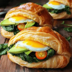 For your croissant breakfast sandwiches, gather these items: - 4 buttery croissants, sliced in half - 4 large eggs - 1 cup fresh spinach - 1 avocado, sliced - 1/2 cup cherry tomatoes, halved - 1/2 cup shredded cheese (cheddar or gouda) - 2 tablespoons olive oil - Salt and pepper to taste - Optional: Hot sauce for serving You can add more flavor and fun with these options: - Cooked bacon or sausage for meat lovers - Sliced bell peppers for crunch - Fresh herbs like basil or cilantro - Slices of cucumber for a fresh bite Make sure you have these tools ready: - A skillet for cooking - A baking sheet for toasting - A spatula for flipping eggs - A sharp knife for slicing ingredients First, gather all your ingredients. You need buttery croissants, eggs, fresh spinach, avocado, cherry tomatoes, cheese, olive oil, salt, and pepper. Preheat your oven to 350°F (175°C). Slice the croissants in half and set them aside. In a skillet, heat 1 tablespoon of olive oil over medium heat. Add the spinach and cook it for 2-3 minutes. You want it to wilt nicely. Sprinkle some salt and pepper on top for flavor. Once done, set the spinach aside. In the same skillet, add another tablespoon of olive oil. Crack the eggs into the skillet. You can cook them sunny-side-up or scramble them, depending on your taste. Season with salt and pepper as they cook. Now it’s time to build your sandwiches. Take the bottom half of each croissant. Layer the sautéed spinach, cooked eggs, avocado slices, and cherry tomato halves. Top it with shredded cheese, then place the other half of the croissant on top. Place the assembled sandwiches on a baking sheet and toast them in the oven for about 5-7 minutes. The cheese should melt, and the croissants will turn golden brown. You can find the Full Recipe for more details. Enjoy your tasty morning treat! To cook the best eggs for your croissant breakfast sandwich, use medium heat. This helps the eggs to cook evenly. You can choose sunny-side-up or scrambled eggs based on your taste. If you like runny yolks, sunny-side-up works great. For a fluffier texture, scramble the eggs. Remember to season them with salt and pepper while cooking for added flavor. You can change your sandwich to fit your taste. Try adding cooked bacon or sausage for extra protein. If you like heat, add sliced jalapeños or some hot sauce. Want more veggies? Add roasted bell peppers or arugula. Cheese lovers can swap cheddar for gouda or even feta. The options are endless! Sautéing your spinach adds flavor and keeps it tender. Use a skillet for this to ensure even cooking. When toasting the sandwiches, place them in the oven for just a few minutes. This helps the cheese melt perfectly and gives the croissants a nice crunch. Keep an eye on them to avoid burning. For the best results, always check the sandwich as it cooks. For a full recipe, check out the Morning Bliss Croissant Breakfast Sandwiches. {{image_2}} You can mix and match flavors for your croissant breakfast sandwiches. Try adding crispy bacon or sausage for meat lovers. For a spicy kick, add jalapeños or pepper jack cheese. If you love sweet and savory, consider adding a drizzle of honey or a slice of fresh fruit. Use herb cream cheese instead of regular cheese for a rich flavor. The options are endless! For vegetarians, swap out eggs for tofu or chickpea scramble. Both options offer a great protein boost. Load up on veggies like bell peppers, mushrooms, and zucchini for extra taste. If you want a vegan version, use avocado spread and add plant-based cheese. You still get a tasty, satisfying sandwich without any animal products! If you need a gluten-free option, use gluten-free croissants. Many stores offer these, and they taste great. For a lighter choice, consider using lettuce wraps instead of croissants. You can also make your own gluten-free croissants at home with almond flour and coconut flour. This way, you can enjoy your breakfast sandwich without the gluten. For more ideas and a full recipe, check out the [Full Recipe]. Storing leftover sandwiches is simple. Place them in an airtight container. This keeps them fresh and tasty. You can also wrap them in plastic wrap. Keep them in the fridge for up to three days. If you have leftover filling, store it separately. This helps keep the croissants from getting soggy. To reheat your sandwiches, use an oven or toaster oven. Set the oven to 350°F (175°C). Place the sandwich on a baking sheet. Heat for about 5 to 7 minutes. This warms the sandwich and melts the cheese. You can also use a microwave, but the croissant may get soft. If you prefer a crispy croissant, stick to the oven method. You can freeze these croissant sandwiches for later. Wrap each sandwich tightly in plastic wrap. Then, place them in a freezer-safe bag or container. Be sure to remove as much air as possible. They can last up to three months in the freezer. When ready to eat, thaw them in the fridge overnight. Then, reheat them in the oven for a fresh taste. For the full recipe, check out the details above. Yes, you can make these sandwiches ahead. Prepare the ingredients and cook them. Store the cooked eggs and spinach in the fridge. When you’re ready, assemble and toast the sandwiches. This method keeps them fresh and tasty. Just remember, croissants are best when they are warm and flaky. I love pairing these sandwiches with fresh fruit. Sliced strawberries or a fruit salad work great. You could also serve them with crispy hash browns. A light yogurt parfait adds a nice touch too. These sides balance the rich flavors of the croissant sandwich. To make these sandwiches healthier, swap regular cheese for a lower-fat option. Use whole grain croissants if you can find them. Add more veggies like bell peppers or mushrooms for extra nutrients. You can also use egg whites instead of whole eggs. This way, you keep all the flavor while cutting down on calories. For more ideas, check out the Full Recipe for Morning Bliss Croissant Breakfast Sandwiches! This blog post covered everything you need for delicious croissant breakfast sandwiches. We went through the key ingredients, step-by-step instructions, and essential tips. You now know variations to suit any dietary needs and how to store leftovers for later. Enjoy crafting your sandwiches to match your taste. Experiment with different flavors and find your favorite mix. Happy cooking!