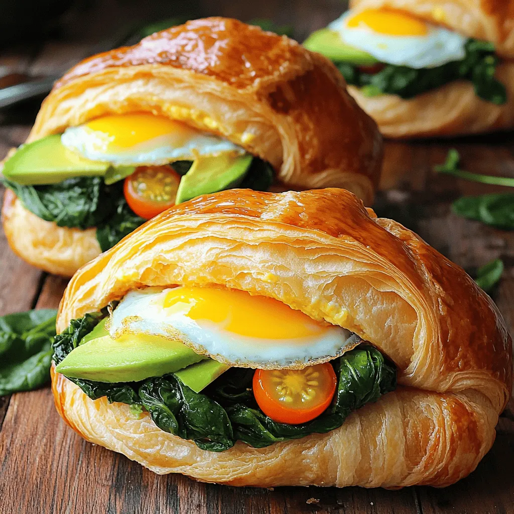 For your croissant breakfast sandwiches, gather these items: - 4 buttery croissants, sliced in half - 4 large eggs - 1 cup fresh spinach - 1 avocado, sliced - 1/2 cup cherry tomatoes, halved - 1/2 cup shredded cheese (cheddar or gouda) - 2 tablespoons olive oil - Salt and pepper to taste - Optional: Hot sauce for serving You can add more flavor and fun with these options: - Cooked bacon or sausage for meat lovers - Sliced bell peppers for crunch - Fresh herbs like basil or cilantro - Slices of cucumber for a fresh bite Make sure you have these tools ready: - A skillet for cooking - A baking sheet for toasting - A spatula for flipping eggs - A sharp knife for slicing ingredients First, gather all your ingredients. You need buttery croissants, eggs, fresh spinach, avocado, cherry tomatoes, cheese, olive oil, salt, and pepper. Preheat your oven to 350°F (175°C). Slice the croissants in half and set them aside. In a skillet, heat 1 tablespoon of olive oil over medium heat. Add the spinach and cook it for 2-3 minutes. You want it to wilt nicely. Sprinkle some salt and pepper on top for flavor. Once done, set the spinach aside. In the same skillet, add another tablespoon of olive oil. Crack the eggs into the skillet. You can cook them sunny-side-up or scramble them, depending on your taste. Season with salt and pepper as they cook. Now it’s time to build your sandwiches. Take the bottom half of each croissant. Layer the sautéed spinach, cooked eggs, avocado slices, and cherry tomato halves. Top it with shredded cheese, then place the other half of the croissant on top. Place the assembled sandwiches on a baking sheet and toast them in the oven for about 5-7 minutes. The cheese should melt, and the croissants will turn golden brown. You can find the Full Recipe for more details. Enjoy your tasty morning treat! To cook the best eggs for your croissant breakfast sandwich, use medium heat. This helps the eggs to cook evenly. You can choose sunny-side-up or scrambled eggs based on your taste. If you like runny yolks, sunny-side-up works great. For a fluffier texture, scramble the eggs. Remember to season them with salt and pepper while cooking for added flavor. You can change your sandwich to fit your taste. Try adding cooked bacon or sausage for extra protein. If you like heat, add sliced jalapeños or some hot sauce. Want more veggies? Add roasted bell peppers or arugula. Cheese lovers can swap cheddar for gouda or even feta. The options are endless! Sautéing your spinach adds flavor and keeps it tender. Use a skillet for this to ensure even cooking. When toasting the sandwiches, place them in the oven for just a few minutes. This helps the cheese melt perfectly and gives the croissants a nice crunch. Keep an eye on them to avoid burning. For the best results, always check the sandwich as it cooks. For a full recipe, check out the Morning Bliss Croissant Breakfast Sandwiches. {{image_2}} You can mix and match flavors for your croissant breakfast sandwiches. Try adding crispy bacon or sausage for meat lovers. For a spicy kick, add jalapeños or pepper jack cheese. If you love sweet and savory, consider adding a drizzle of honey or a slice of fresh fruit. Use herb cream cheese instead of regular cheese for a rich flavor. The options are endless! For vegetarians, swap out eggs for tofu or chickpea scramble. Both options offer a great protein boost. Load up on veggies like bell peppers, mushrooms, and zucchini for extra taste. If you want a vegan version, use avocado spread and add plant-based cheese. You still get a tasty, satisfying sandwich without any animal products! If you need a gluten-free option, use gluten-free croissants. Many stores offer these, and they taste great. For a lighter choice, consider using lettuce wraps instead of croissants. You can also make your own gluten-free croissants at home with almond flour and coconut flour. This way, you can enjoy your breakfast sandwich without the gluten. For more ideas and a full recipe, check out the [Full Recipe]. Storing leftover sandwiches is simple. Place them in an airtight container. This keeps them fresh and tasty. You can also wrap them in plastic wrap. Keep them in the fridge for up to three days. If you have leftover filling, store it separately. This helps keep the croissants from getting soggy. To reheat your sandwiches, use an oven or toaster oven. Set the oven to 350°F (175°C). Place the sandwich on a baking sheet. Heat for about 5 to 7 minutes. This warms the sandwich and melts the cheese. You can also use a microwave, but the croissant may get soft. If you prefer a crispy croissant, stick to the oven method. You can freeze these croissant sandwiches for later. Wrap each sandwich tightly in plastic wrap. Then, place them in a freezer-safe bag or container. Be sure to remove as much air as possible. They can last up to three months in the freezer. When ready to eat, thaw them in the fridge overnight. Then, reheat them in the oven for a fresh taste. For the full recipe, check out the details above. Yes, you can make these sandwiches ahead. Prepare the ingredients and cook them. Store the cooked eggs and spinach in the fridge. When you’re ready, assemble and toast the sandwiches. This method keeps them fresh and tasty. Just remember, croissants are best when they are warm and flaky. I love pairing these sandwiches with fresh fruit. Sliced strawberries or a fruit salad work great. You could also serve them with crispy hash browns. A light yogurt parfait adds a nice touch too. These sides balance the rich flavors of the croissant sandwich. To make these sandwiches healthier, swap regular cheese for a lower-fat option. Use whole grain croissants if you can find them. Add more veggies like bell peppers or mushrooms for extra nutrients. You can also use egg whites instead of whole eggs. This way, you keep all the flavor while cutting down on calories. For more ideas, check out the Full Recipe for Morning Bliss Croissant Breakfast Sandwiches! This blog post covered everything you need for delicious croissant breakfast sandwiches. We went through the key ingredients, step-by-step instructions, and essential tips. You now know variations to suit any dietary needs and how to store leftovers for later. Enjoy crafting your sandwiches to match your taste. Experiment with different flavors and find your favorite mix. Happy cooking!