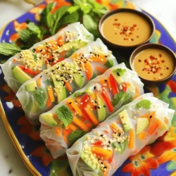 - 8 rice paper wrappers - 1 cup vermicelli noodles, cooked according to package instructions - 1 cup shredded carrots - 1 cup cucumber, julienned - 1 bell pepper, julienned - 1 cup bean sprouts - ½ cup fresh mint leaves - ½ cup fresh cilantro leaves - 1 avocado, sliced - 1 tablespoon soy sauce - 1 tablespoon lime juice - ½ cup peanut butter - 2 tablespoons soy sauce - 1 tablespoon honey or maple syrup - 1 tablespoon lime juice - 1-2 teaspoons water - 1 teaspoon chili flakes (optional) When I make vegetable spring rolls, I love the fresh taste of each bite. The main ingredients give you a mix of textures and flavors. The rice paper wrappers are thin and soft, making them perfect for wrapping. The vermicelli noodles add a nice chewiness, while the shredded carrots and cucumber offer a fresh crunch. The bell pepper brings color and sweetness. Bean sprouts add a light, crisp bite, and the herbs—mint and cilantro—bring a burst of flavor. Avocado adds creaminess, which is a delightful contrast to the other ingredients. For the peanut sauce, I use creamy peanut butter as the base. It’s rich and pairs well with the rolls. The soy sauce adds saltiness. Honey or maple syrup gives a touch of sweetness. Lime juice brightens the sauce, and you can add chili flakes for heat if you like. I always keep the ingredients fresh and vibrant. You can find all these ingredients in most grocery stores. If you want to know how to put it all together, you can check the Full Recipe for step-by-step guidance. - Combine peanut butter, soy sauce, honey, lime juice, and chili flakes. - Adjust consistency with water and mix until smooth. To make the peanut sauce, you start with basic ingredients. Peanut butter gives it a rich flavor. Soy sauce adds a salty depth. Honey or maple syrup brings sweetness. Lime juice brightens the taste. If you like heat, add chili flakes. Mix everything well. If it’s too thick, add water a bit at a time. You want a smooth sauce that is easy to dip into. - Mix cooked vermicelli, vegetables, and herbs in a bowl. - Drizzle with soy sauce and lime juice and toss gently. For the filling, use tasty veggies. I like carrots, cucumbers, and bell peppers. They add crunch and color. Add cooked vermicelli noodles to bring heartiness. Fresh mint and cilantro give it a burst of flavor. Toss all the ingredients in a bowl. Then, drizzle soy sauce and lime juice. This keeps the filling fresh and zesty. - Soak rice paper in warm water. - Fill and roll each wrapper. - Repeat process for all wrappers and fillings. Next, it’s time to assemble. Soak a rice paper wrapper in warm water. It only needs 10 to 15 seconds to soften. Lay it flat on a clean surface. Spoon in some filling in the center. Fold the bottom up, then tuck in the sides. Roll it tightly. Repeat this for each wrapper until you have a plate full of spring rolls. - Arrange spring rolls on a platter. - Serve with peanut sauce for dipping. Finally, it’s time to serve! Arrange the spring rolls on a colorful platter. This makes them look great. Serve with the peanut sauce on the side. Your friends and family will love dipping the spring rolls. For an extra touch, you can garnish with fresh herbs or lime wedges. Enjoy your meal! - Ensure rice paper is pliable but not too soft. - Don’t overfill the wrappers. When you prepare to roll, soak the rice paper just enough. Too much soaking makes it tear. I like to dip it for about 10-15 seconds. This way, it stays strong. For filling, keep it simple. Use just enough to close the roll. If you overstuff, it may burst. - Experiment with different sweeteners like agave or coconut sugar. - Adjust spice level with more or less chili flakes. To make your peanut sauce pop, try different sweeteners. Agave gives a nice touch, while coconut sugar adds depth. Want more kick? Add more chili flakes! Start with one and taste as you go. You control the heat. - Use colorful vegetables for visual appeal. - Garnish with fresh herbs and lime wedges. Make your spring rolls shine! Use bright veggies like red bell peppers and green cucumbers. They not only taste good but look stunning on a plate. Finish your dish with fresh herbs and lime wedges. It adds color and flavor. These small touches make a big impact! You can find the full recipe in this article to guide you through. {{image_2}} You can add protein to your vegetable spring rolls. Cooked shrimp, chicken, or tofu work great. Adding protein makes your rolls heartier and more filling. It also boosts the nutrition. Simply slice the protein into thin strips and mix it with your filling. This way, you get delicious and healthy bites. If you want a different taste, try using hoisin sauce or sweet chili sauce. Both sauces give a unique flavor to the spring rolls. Hoisin sauce adds a sweet and tangy kick, while sweet chili sauce gives a nice balance of sweetness and heat. You can dip your spring rolls into these sauces for a fun twist. Feel free to change the fillings based on what you like. Use seasonal vegetables for fresh flavors. Try bell peppers, zucchini, or even radishes. You can also add herbs like basil or dill. Customizing your filling keeps every bite exciting and new. Mix and match, and enjoy the creativity of your dish. For the full recipe, check out the [Full Recipe]. You should eat spring rolls fresh for the best taste. If you have any left, you can keep them in the fridge for 1-2 days. To store them, cover the rolls with a damp paper towel. Then, place them in an airtight container. This helps keep them moist and prevents them from drying out. If you have leftover peanut sauce, store it in an airtight container. The sauce will stay fresh for 5-7 days in the fridge. Make sure to give it a good stir before using it again. The flavors will blend better after sitting for a while. You can freeze unassembled spring rolls for quick meals later. Just follow these steps: - Lay out the rice paper wrappers and filling separately. - Place the wrappers and filling in airtight containers or freezer bags. - When you're ready to eat, just thaw them before serving. This method lets you enjoy homemade spring rolls anytime without much effort. Yes, you can prep the filling and roll them earlier, store in the fridge. This saves time and makes meal prep easy. Just be sure to wrap them well to keep them fresh. Use a damp paper towel between layers if stacking. Serve immediately after rolling for the best texture. This keeps the rice paper smooth and easy to eat. Almond butter or sunflower seed butter work well as alternatives. Both of these options still offer a great taste while being nut-free or different for your diet. They can be gluten-free if using gluten-free soy sauce and checking all ingredients. Always read the labels to ensure your ingredients fit your needs. Serve them fresh and avoid over-soaking the rice wrappers. A quick soak helps keep them firm and adds to the crunch when you bite in. For the full recipe, check out the detailed instructions above. Enjoy making your rolls! You can easily make tasty vegetable spring rolls at home. We covered the main ingredients, step-by-step instructions for the peanut sauce and rolls, and storage tips. You also learned about variations and FAQs to perfect your dish. Enjoy making these fresh, healthy spring rolls with friends or family. They are fun to make and even better to eat. With creativity and practice, you'll impress everyone with your skills. Happy rolling!