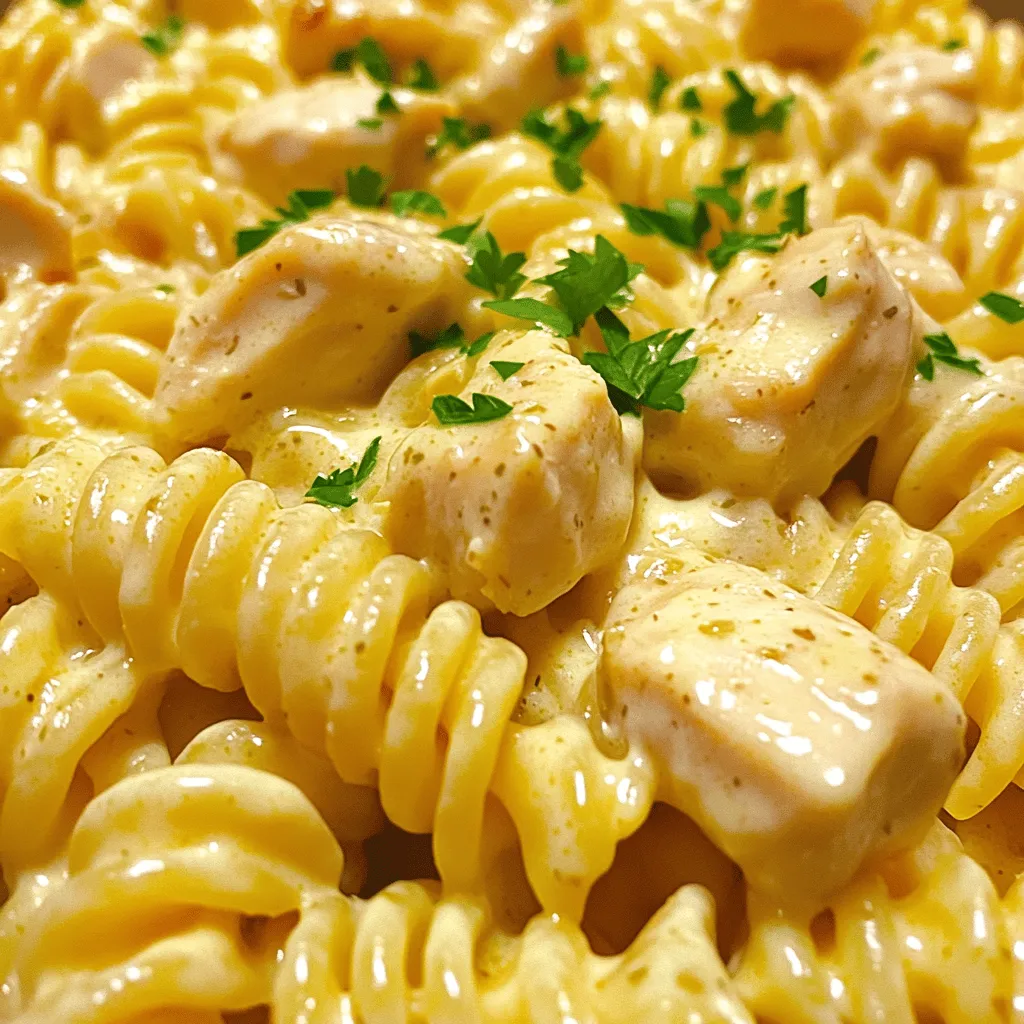 This creamy garlic butter chicken rotini dish is rich and satisfying. It features tender rotini pasta tossed with juicy chicken and a creamy garlic sauce. The flavors blend perfectly, making it an easy dinner choice for any night. You can find the full recipe at the end of this section. - Rotini pasta: 12 oz of rotini pasta gives the dish its fun shape and texture. - Chicken breast and seasonings: You need 1 lb of diced chicken breast seasoned with salt, pepper, and Italian herbs. - Garlic, broth, cream, and Parmesan: Use 4 cloves of minced garlic, 1 cup of chicken broth, 1 cup of heavy cream, and 1 cup of grated Parmesan cheese for a rich, creamy sauce. These ingredients work together to create a dish that's both simple and full of flavor. You won’t be disappointed! Start by boiling a large pot of salted water. Add the rotini pasta and follow the package directions. Cook it until it is al dente, which means it should still have a slight bite. This usually takes about 8-10 minutes. Drain the pasta in a colander and set it aside. In a large skillet, heat two tablespoons of olive oil over medium-high heat. Once hot, add one pound of diced chicken breast. Sprinkle salt, pepper, and one teaspoon of Italian seasoning over the chicken. Cook it for about 6-8 minutes. You want it to be golden brown and fully cooked. Once done, remove the chicken from the skillet and keep it warm. In the same skillet, add two tablespoons of butter. Let it melt, then add four cloves of minced garlic. Sauté the garlic for about one minute. It should smell amazing! Next, pour in one cup of chicken broth and bring it to a simmer. Let it reduce for about 3-4 minutes. Now, reduce the heat to low. Stir in one cup of heavy cream and one cup of grated Parmesan cheese. Mix until the sauce is smooth and creamy. Allow it to simmer gently for another 2-3 minutes. Return the cooked chicken to the skillet. Add the drained rotini and toss everything together. Make sure the pasta is well coated in that creamy sauce. Taste it and adjust the seasoning if needed. When you plate the dish, sprinkle chopped fresh parsley on top for a nice pop of color. That’s it! You have made a delightful creamy garlic butter chicken rotini. For the detailed recipe, check the Full Recipe. To make your creamy garlic butter chicken rotini shine, focus on timing. Cook the pasta just until al dente. This keeps it firm and helps it soak up the sauce better. When you sauté the chicken, make sure not to crowd the pan. This ensures even cooking and crisp edges. When you add the broth, let it simmer. This helps build a deep flavor before adding the cream. Stir the sauce often as it simmers. This keeps it creamy and prevents sticking. This dish pairs well with a simple green salad. A light vinaigrette adds a nice contrast. Garlic bread is another great option. It’s perfect for scooping up the creamy sauce. For drinks, try a chilled white wine, like Sauvignon Blanc. Its crispness balances the richness of the meal. One common mistake is overcooking the chicken. This can make it dry. Always check for doneness and remove it from heat right away. Another mistake is not seasoning enough. Taste your dish before serving. Adjust salt and pepper to enhance the flavors. Lastly, avoid rushing the sauce. Give it time to simmer and thicken. This makes it rich and creamy. For the full recipe, check out the detailed steps above. {{image_2}} You can easily add veggies to this creamy garlic butter chicken rotini. Spinach, broccoli, or bell peppers work great. Just sauté the vegetables in the skillet after cooking the chicken. This adds color and nutrition to the dish. Plus, it makes every bite more fun and tasty! While rotini is perfect for this recipe, you can switch it up. Try penne, farfalle, or even spaghetti! Each shape holds the creamy sauce in its own way. This means each bite offers a different texture and flavor. Experiment with what you have on hand or what you love most. You don’t have to stick with chicken. You can use shrimp, turkey, or even firm tofu for a vegetarian twist. If you use shrimp, cook it until pink and tender. For turkey, ensure it is cooked through. Tofu should be pan-seared until golden. Each protein gives a unique flavor to the dish. After you enjoy your creamy garlic butter chicken rotini, store leftovers in an airtight container. Let the dish cool completely before sealing it. You can keep it in the fridge for up to three days. This allows the flavors to meld, making it even tastier! To reheat, transfer the leftovers to a skillet. Add a splash of chicken broth or cream to keep it moist. Heat over medium heat while stirring gently. You can also microwave it in a bowl. Cover with a lid or plastic wrap to prevent splatters. Heat in 30-second intervals until warm. If you want to freeze this dish, do it before adding cream. Cook the rotini and chicken, then cool them. Store them in a freezer-safe container for up to three months. When ready to enjoy, thaw overnight in the fridge. Then, heat it on the stove and add cream before serving. This method keeps the sauce creamy and delicious. You can find the full recipe above for more details. Yes, you can make this dish ahead of time. Cook the pasta and chicken as usual. Then, store them separately in the fridge. When you are ready to eat, simply reheat the chicken and sauce. Add the pasta and mix everything together. This method keeps the pasta from getting soggy. If you need a substitute for heavy cream, try using half-and-half or a mix of milk and butter. For a lighter option, use Greek yogurt or silken tofu blended until smooth. Each choice will change the texture a bit, but they still taste great. To make this recipe gluten-free, switch out the rotini pasta for a gluten-free version. Many brands offer gluten-free pasta made from rice or lentils. Just ensure to check the label. The rest of the ingredients are naturally gluten-free, so you can enjoy this dish worry-free. For the Full Recipe, check out the detailed steps above! This blog post covered a tasty pasta dish from start to finish. You learned the main ingredients, like rotini and chicken, as well as how to make the creamy sauce. I shared tips to improve your cooking and avoid common mistakes. You can also explore fun variations by adding veggies or using different proteins. Lastly, the storage tips help keep your leftovers fresh. Enjoy making this dish and feel free to experiment! Happy cooking!