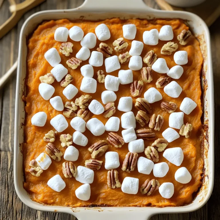 Here, I’ll share the ingredients for the sweet potato casserole with marshmallows. Gather these items before you start cooking: - 4 medium-sized sweet potatoes, peeled and chopped - 1/2 cup brown sugar - 1/4 cup unsalted butter, softened - 1/4 cup milk - 1 teaspoon vanilla extract - 1/2 teaspoon cinnamon - 1/4 teaspoon nutmeg - 1/2 teaspoon salt - 1 cup miniature marshmallows - 1/2 cup chopped pecans (optional) These ingredients create a sweet and creamy casserole. The sweet potatoes give a soft texture, while the marshmallows add a lovely sugary crust. You can also use pecans for a nice crunch. Make sure to check the Full Recipe for more details on how to bring it all together. 1. Start by boiling the sweet potatoes. In a large pot, add the chopped sweet potatoes and cover them with water. Bring the water to a boil. Cook for about 15 to 20 minutes until they are nice and tender. Drain the water and let them cool slightly. 2. Next, you need to mash the sweet potatoes. Use a potato masher or a fork. Mash them until they are smooth. This helps create a creamy base for your casserole. 1. Now it's time to mix in the other flavors. In a large mixing bowl, add the mashed sweet potatoes. Stir in the brown sugar, softened butter, milk, vanilla extract, cinnamon, nutmeg, and salt. Mix well until everything is combined. 2. Transfer this sweet potato mixture into a 9x13 inch baking dish. Spread it out evenly so it cooks well. 1. Let’s add the fun toppings! In a small bowl, mix the miniature marshmallows and chopped pecans, if you choose to use them. Sprinkle this tasty mixture evenly over the sweet potato layer. 2. Preheat your oven to 350°F (175°C). Bake the casserole for 25 to 30 minutes. You want the marshmallows to be golden brown and the edges to be bubbling. This gives a nice texture and look to your dish. Now you're ready for the full recipe and to enjoy this sweet potato casserole with marshmallows! To get a smooth mash, use a potato masher or fork. This method works well for sweet potatoes. Make sure your sweet potatoes are warm when you mash them. Cold potatoes can turn lumpy. Also, mix in the butter while the potatoes are hot. This helps it melt and blend well. You’ll know your casserole is done when the marshmallows are golden brown. The edges should bubble gently. If you like a softer texture, bake for a shorter time. For a firmer casserole, let it bake a bit longer. Adding spices can boost the flavor. Try more cinnamon or a pinch of ginger for warmth. You can even mix in some chopped apples for a fruity twist. This dish pairs well with roast turkey or ham during the holidays. It adds a sweet touch to your meal. For a crunch, sprinkle pecans on top before baking. {{image_2}} You can easily adapt this recipe for different diets. For a vegan sweet potato casserole, replace the butter with coconut oil or vegan butter. Use almond milk instead of regular milk. This keeps the dish creamy and delicious while being plant-based. For gluten-free options, simply check that the brown sugar is gluten-free. All the other ingredients in this recipe are naturally gluten-free. This means anyone can enjoy this dish! To add depth to your sweet potato casserole, consider new flavors. You can mix in different nuts or fruits. Chopped walnuts or almonds can add crunch. Diced apples or cranberries can bring a sweet-tart taste. You can also add spices for a unique twist. Try ginger or cardamom for warmth. A pinch of cayenne pepper can give a surprising kick! Each addition brings a new layer of flavor to the dish. Sweet potato casserole pairs well with many side dishes. It complements roasted turkey or ham beautifully. You can also serve it with green beans or a fresh salad for balance. Get creative with your serving style! Use a decorative dish to showcase the casserole. Serve it family-style in the center of the table. This makes it the highlight of your meal. For the full recipe, check out the details above. To keep your sweet potato casserole fresh, use proper storage containers. Glass or plastic containers with tight lids work best. Allow the casserole to cool completely before sealing. This step prevents condensation, which can make the food soggy. You can store it in the fridge for up to four days. If you want to keep it longer, freezing is a great option. Just cover the casserole tightly with plastic wrap and then foil. It can last in the freezer for up to three months. To reheat your casserole without losing its texture, the oven is the best choice. Preheat your oven to 350°F (175°C). Place the casserole in an oven-safe dish and cover it with foil. Heat for about 20-25 minutes. If you want the marshmallows to be extra fluffy, remove the foil for the last five minutes. The ideal serving temperature is around 160°F (70°C). This ensures it's warm and delicious. When stored in the fridge, your sweet potato casserole stays fresh for about four days. Check for signs of spoilage before eating. If you see any mold or if it smells off, it’s time to toss it. If you freeze it, it can last for up to three months. Just remember to label your container with the date. This way, you can enjoy your casserole at its best! Yes, you can prepare sweet potato casserole ahead of time. Start by cooking the sweet potatoes as usual. After mashing them, mix in the other ingredients. Then, cover and chill the mixture in the fridge. You can do this up to two days before baking. On the day you want to serve it, spread the mixture in your baking dish. Add the marshmallows and pecans just before baking. Bake as directed in the Full Recipe. This way, you save time and still enjoy a warm dish. If you want a different topping, consider using crushed graham crackers. They give a nice crunch. You can also use nuts like walnuts or pecans for a rich flavor. A sprinkle of brown sugar on top can add sweetness. For a healthier option, try using coconut flakes or a drizzle of maple syrup. These alternatives can change the texture and taste while keeping it delightful. To reduce sweetness, cut back on the brown sugar. You could use just a few tablespoons instead of half a cup. Adding spices like cinnamon or nutmeg can enhance flavor without more sugar. You might also use unsweetened applesauce for moisture and a hint of fruitiness. If you want a savory twist, add herbs like thyme or rosemary. These tips help create a balance between sweet and savory in your casserole. This blog post covered a tasty sweet potato casserole, from ingredients to cooking tips. You learned how to prepare, bake, and store it. Experiment with variations to suit your taste and diet. Remember, cooking is about fun and creativity. Enjoy making this dish for family and friends. Your unique touch will make it even better.