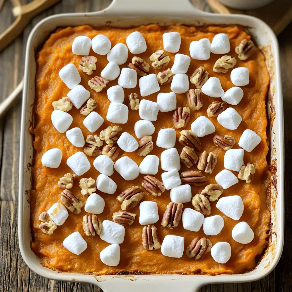 Here, I’ll share the ingredients for the sweet potato casserole with marshmallows. Gather these items before you start cooking: - 4 medium-sized sweet potatoes, peeled and chopped - 1/2 cup brown sugar - 1/4 cup unsalted butter, softened - 1/4 cup milk - 1 teaspoon vanilla extract - 1/2 teaspoon cinnamon - 1/4 teaspoon nutmeg - 1/2 teaspoon salt - 1 cup miniature marshmallows - 1/2 cup chopped pecans (optional) These ingredients create a sweet and creamy casserole. The sweet potatoes give a soft texture, while the marshmallows add a lovely sugary crust. You can also use pecans for a nice crunch. Make sure to check the Full Recipe for more details on how to bring it all together. 1. Start by boiling the sweet potatoes. In a large pot, add the chopped sweet potatoes and cover them with water. Bring the water to a boil. Cook for about 15 to 20 minutes until they are nice and tender. Drain the water and let them cool slightly. 2. Next, you need to mash the sweet potatoes. Use a potato masher or a fork. Mash them until they are smooth. This helps create a creamy base for your casserole. 1. Now it's time to mix in the other flavors. In a large mixing bowl, add the mashed sweet potatoes. Stir in the brown sugar, softened butter, milk, vanilla extract, cinnamon, nutmeg, and salt. Mix well until everything is combined. 2. Transfer this sweet potato mixture into a 9x13 inch baking dish. Spread it out evenly so it cooks well. 1. Let’s add the fun toppings! In a small bowl, mix the miniature marshmallows and chopped pecans, if you choose to use them. Sprinkle this tasty mixture evenly over the sweet potato layer. 2. Preheat your oven to 350°F (175°C). Bake the casserole for 25 to 30 minutes. You want the marshmallows to be golden brown and the edges to be bubbling. This gives a nice texture and look to your dish. Now you're ready for the full recipe and to enjoy this sweet potato casserole with marshmallows! To get a smooth mash, use a potato masher or fork. This method works well for sweet potatoes. Make sure your sweet potatoes are warm when you mash them. Cold potatoes can turn lumpy. Also, mix in the butter while the potatoes are hot. This helps it melt and blend well. You’ll know your casserole is done when the marshmallows are golden brown. The edges should bubble gently. If you like a softer texture, bake for a shorter time. For a firmer casserole, let it bake a bit longer. Adding spices can boost the flavor. Try more cinnamon or a pinch of ginger for warmth. You can even mix in some chopped apples for a fruity twist. This dish pairs well with roast turkey or ham during the holidays. It adds a sweet touch to your meal. For a crunch, sprinkle pecans on top before baking. {{image_2}} You can easily adapt this recipe for different diets. For a vegan sweet potato casserole, replace the butter with coconut oil or vegan butter. Use almond milk instead of regular milk. This keeps the dish creamy and delicious while being plant-based. For gluten-free options, simply check that the brown sugar is gluten-free. All the other ingredients in this recipe are naturally gluten-free. This means anyone can enjoy this dish! To add depth to your sweet potato casserole, consider new flavors. You can mix in different nuts or fruits. Chopped walnuts or almonds can add crunch. Diced apples or cranberries can bring a sweet-tart taste. You can also add spices for a unique twist. Try ginger or cardamom for warmth. A pinch of cayenne pepper can give a surprising kick! Each addition brings a new layer of flavor to the dish. Sweet potato casserole pairs well with many side dishes. It complements roasted turkey or ham beautifully. You can also serve it with green beans or a fresh salad for balance. Get creative with your serving style! Use a decorative dish to showcase the casserole. Serve it family-style in the center of the table. This makes it the highlight of your meal. For the full recipe, check out the details above. To keep your sweet potato casserole fresh, use proper storage containers. Glass or plastic containers with tight lids work best. Allow the casserole to cool completely before sealing. This step prevents condensation, which can make the food soggy. You can store it in the fridge for up to four days. If you want to keep it longer, freezing is a great option. Just cover the casserole tightly with plastic wrap and then foil. It can last in the freezer for up to three months. To reheat your casserole without losing its texture, the oven is the best choice. Preheat your oven to 350°F (175°C). Place the casserole in an oven-safe dish and cover it with foil. Heat for about 20-25 minutes. If you want the marshmallows to be extra fluffy, remove the foil for the last five minutes. The ideal serving temperature is around 160°F (70°C). This ensures it's warm and delicious. When stored in the fridge, your sweet potato casserole stays fresh for about four days. Check for signs of spoilage before eating. If you see any mold or if it smells off, it’s time to toss it. If you freeze it, it can last for up to three months. Just remember to label your container with the date. This way, you can enjoy your casserole at its best! Yes, you can prepare sweet potato casserole ahead of time. Start by cooking the sweet potatoes as usual. After mashing them, mix in the other ingredients. Then, cover and chill the mixture in the fridge. You can do this up to two days before baking. On the day you want to serve it, spread the mixture in your baking dish. Add the marshmallows and pecans just before baking. Bake as directed in the Full Recipe. This way, you save time and still enjoy a warm dish. If you want a different topping, consider using crushed graham crackers. They give a nice crunch. You can also use nuts like walnuts or pecans for a rich flavor. A sprinkle of brown sugar on top can add sweetness. For a healthier option, try using coconut flakes or a drizzle of maple syrup. These alternatives can change the texture and taste while keeping it delightful. To reduce sweetness, cut back on the brown sugar. You could use just a few tablespoons instead of half a cup. Adding spices like cinnamon or nutmeg can enhance flavor without more sugar. You might also use unsweetened applesauce for moisture and a hint of fruitiness. If you want a savory twist, add herbs like thyme or rosemary. These tips help create a balance between sweet and savory in your casserole. This blog post covered a tasty sweet potato casserole, from ingredients to cooking tips. You learned how to prepare, bake, and store it. Experiment with variations to suit your taste and diet. Remember, cooking is about fun and creativity. Enjoy making this dish for family and friends. Your unique touch will make it even better.
