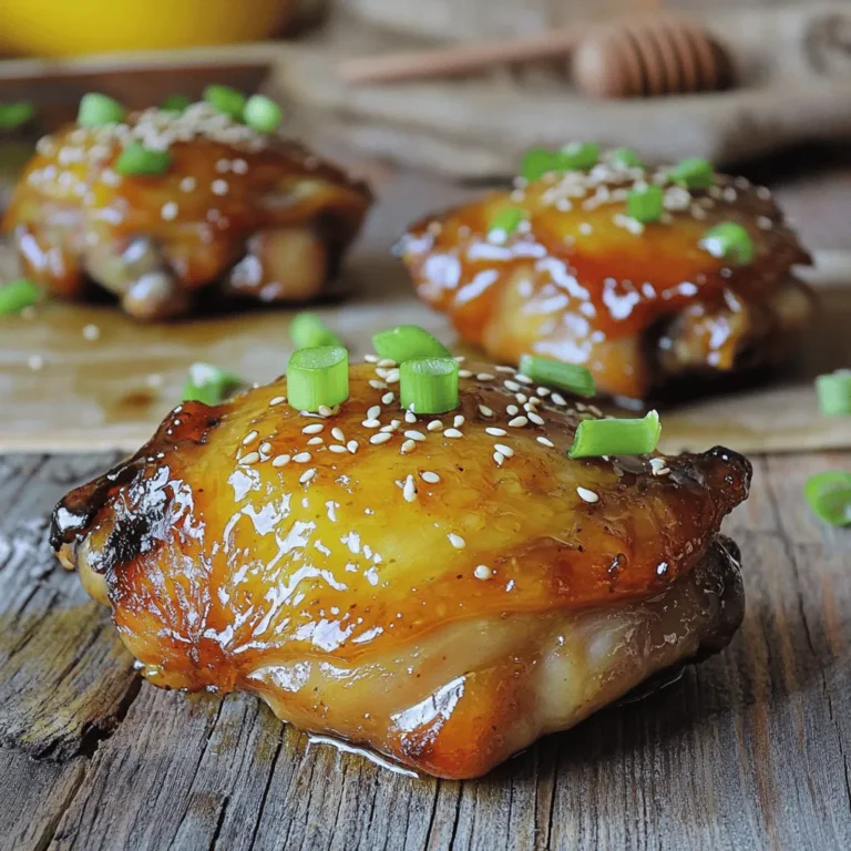 - 4 boneless, skinless chicken thighs - 1/4 cup honey - 3 tablespoons soy sauce - 4 cloves garlic, minced - 1 tablespoon fresh ginger, grated The main ingredients for Honey Garlic Chicken are simple yet flavorful. Boneless, skinless chicken thighs are best for this dish. They cook evenly and stay juicy. Honey adds a sweet touch, while soy sauce gives depth. Garlic and ginger bring warmth and zest to the mix. - 1 tablespoon apple cider vinegar - 1 tablespoon sesame oil - Salt and pepper to taste - 2 green onions, finely sliced (for garnish) - 1 tablespoon sesame seeds (for garnish) You can add optional ingredients to enhance the taste. Apple cider vinegar adds a bit of tang. Sesame oil gives a nutty flavor that pairs well with the chicken. Season with salt and pepper for balance. For garnishes, green onions and sesame seeds make the dish pop visually. For the complete cooking method, check the Full Recipe. To start, gather all the marinade ingredients. You will need honey, soy sauce, minced garlic, grated ginger, apple cider vinegar, and sesame oil. In a mixing bowl, combine these ingredients. Use a whisk to blend them well. This step is key for a smooth flavor. If you like it sweeter, add more honey. For a saltier taste, increase the soy sauce. Taste the marinade before moving on. Adjust it to fit your liking. Now, let's season the chicken. Take your boneless, skinless chicken thighs and sprinkle them with salt and pepper. Place the seasoned chicken in a sealable plastic bag or a shallow dish. Next, pour the marinade over the chicken. Make sure every piece is coated well. Seal the bag or cover the dish tightly. For the best flavor, let it marinate in the refrigerator for at least 30 minutes. If you have time, marinate for up to 2 hours. This will make the chicken even tastier. It’s time to bake! Preheat your oven to 375°F (190°C). While it heats, line a baking dish with parchment paper. This helps with easy cleanup later. Once the oven is ready, take the chicken out of the marinade. Place the chicken in the prepared baking dish. Bake for 25-30 minutes. Check the chicken's internal temperature. It should reach 165°F (75°C) to be safe to eat. The chicken will also look golden brown when done. You can use the reserved marinade to add more flavor. After baking, bring it to a boil in a saucepan. Simmer for about 5 minutes to thicken it. Brush this thickened sauce over the chicken before serving. This adds a nice shine and extra taste. For the full recipe, refer to the earlier section. Enjoy the sweet and savory dish! To get tender chicken, choose thighs over breasts. Thighs stay juicy and cook well. Marinate the chicken for at least 30 minutes. For even better flavor, let it sit for two hours. You can spice up the dish too. Try adding a pinch of red pepper flakes for heat. If you like, use lime juice instead of apple cider vinegar for a fresh twist. You can mix in some hoisin sauce for added sweetness. Serve Honey Garlic Chicken with rice or steamed veggies. Jasmine or basmati rice works great. You can also pair it with stir-fried broccoli or snap peas. For plating, slice the chicken into pieces. Arrange it on a white plate for contrast. Drizzle the thickened marinade on top. Add green onions and sesame seeds for color. This makes your meal look fancy and inviting. Find the [Full Recipe](#) for more details. {{image_2}} You can switch the chicken with other proteins. Tofu and shrimp work well. Tofu gives a nice texture and absorbs flavors well. Use firm tofu for the best results. When using shrimp, keep the cooking time short. Shrimp cooks fast, usually needing just 6-8 minutes in the oven. Always check for doneness. The shrimp should turn pink and firm. To make this dish gluten-free, use tamari instead of soy sauce. Tamari has a similar taste and works great in this recipe. For a low-calorie version, try using skinless chicken breast. You can also reduce the amount of honey. Swap half of the honey with a sugar substitute, like stevia, to lower calories without losing sweetness. Explore the [Full Recipe] for more delicious options! After you enjoy your Honey Garlic Chicken, store the leftovers right away. The best way is to let the chicken cool down. Then, place it in an airtight container. This helps keep the chicken fresh. You can refrigerate it for up to 3 days. If you want to save it longer, freeze it. Use freezer-safe bags or containers to avoid freezer burn. Make sure to label them with the date for easy tracking. When it's time to reheat, do it carefully so the chicken stays juicy. One good method is to use the oven. Set it to 350°F (175°C). Place the chicken in a baking dish and cover it with foil. This keeps moisture in. Heat it for about 15-20 minutes or until warm. If you prefer the microwave, use a microwave-safe plate and cover the chicken. Heat it in short bursts of 1 minute, checking often to avoid drying it out. This way, you enjoy your Honey Garlic Chicken just like the first time! You can enhance the flavor by adding spices. Try a pinch of red pepper flakes for heat. You can also add smoked paprika for a smoky taste. Fresh herbs like thyme or rosemary can brighten the dish. Experiment with these spices to find what you love. Yes, you can prepare Honey Garlic Chicken in advance. Marinate the chicken overnight for a deeper flavor. If time is tight, marinate for at least 30 minutes. You can also cook it and store it in the fridge. Just reheat when you're ready to eat. Serve Honey Garlic Chicken with rice or quinoa for a filling meal. Steamed broccoli or green beans make great sides too. For a refreshing drink, try iced tea or lemonade. These choices balance the sweetness and add variety to your plate. Feel free to check the Full Recipe for more details on making this dish! You learned about making Honey Garlic Chicken from start to finish. We covered main and optional ingredients, easy steps for marinating and baking, and tips for serving. I shared ideas for variations and storage to help you enjoy this dish longer. In the end, cooking should be fun and tasty. Try new flavors and make this recipe your own. With practice, you'll master delicious Honey Garlic Chicken every time. Enjoy your cooking journey!