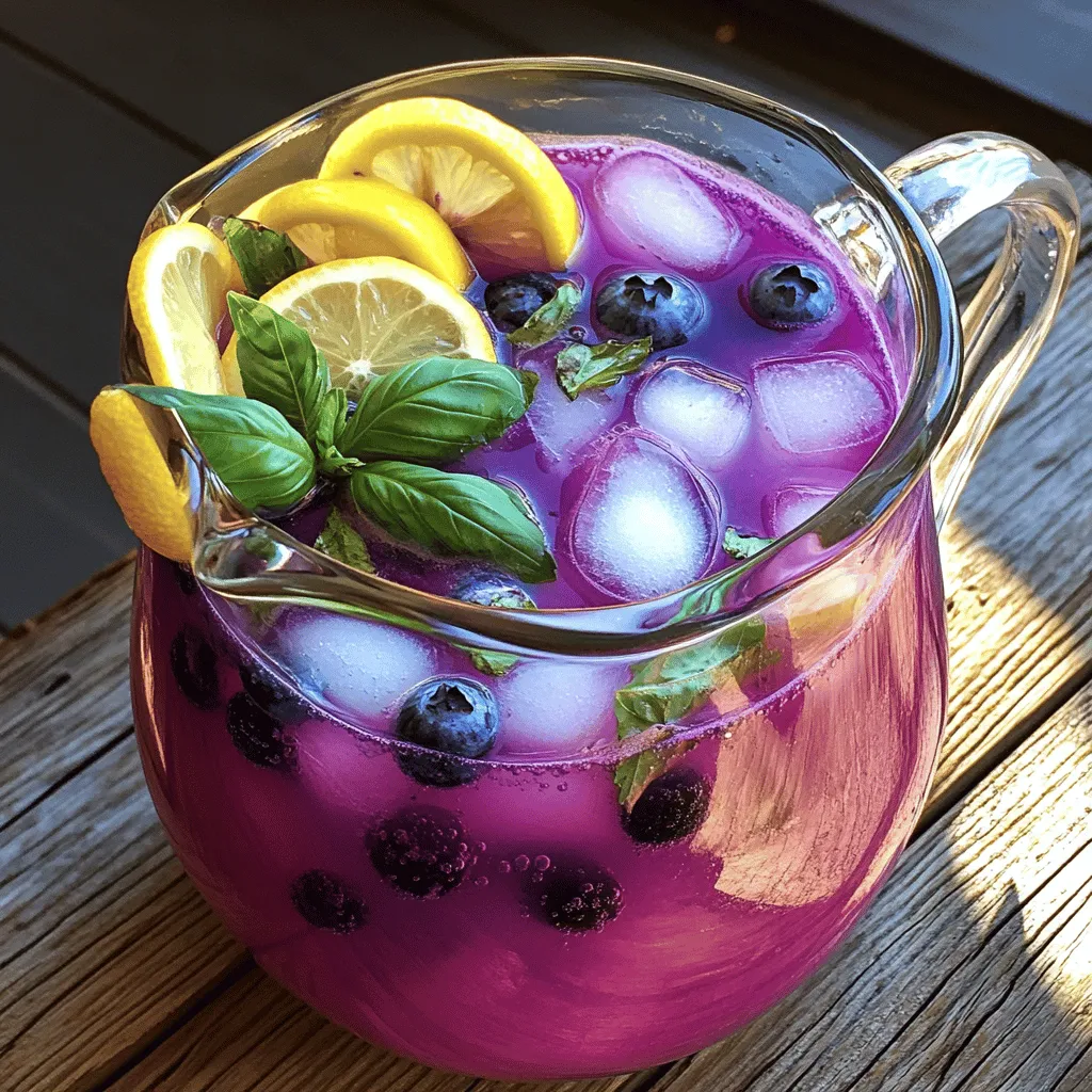 - 1 cup fresh blueberries - 1 cup fresh basil leaves, plus extra for garnish - 1 cup freshly squeezed lemon juice (about 4-6 lemons) - 1 cup granulated sugar (adjust to taste) - 4 cups cold water - Ice cubes - Lemon slices for garnish This refreshing drink starts with fresh blueberries. You want them ripe and sweet for the best taste. Next, we add fresh basil leaves. The basil gives a nice herbal hint that pairs perfectly with the blueberries. You will need freshly squeezed lemon juice. This adds a bright, tangy flavor that wakes up your taste buds. Granulated sugar helps balance the tartness. You can adjust the sugar to suit your taste. Cold water is essential for mixing everything together. Finally, ice cubes chill your drink. Lemon slices make a beautiful garnish. They add a pop of color and extra lemony flavor. For the full recipe, check the previous section. This drink is perfect for hot summer days! To start, gather your fresh blueberries and basil leaves. In a medium saucepan, combine 1 cup of fresh blueberries, 1 cup of fresh basil leaves, and 1 cup of granulated sugar. Add 1 cup of water to this mix. Now, bring the mixture to a gentle boil over medium heat. Stir it every now and then. After about 5 minutes, the blueberries will burst, and the sugar will dissolve completely. This step is vital because it releases the rich flavor of the blueberries. Once the blueberries have burst, take the saucepan off the heat. Let it cool for a few minutes. Next, strain the mixture through a fine-mesh sieve. Press down on the berries to extract every bit of flavor. The result is a vibrant blueberry basil syrup. In a large pitcher, pour in your blueberry-basil syrup. Then, add the remaining 3 cups of cold water along with 1 cup of freshly squeezed lemon juice. Stir everything well to combine. Now, taste your lemonade. If you want it sweeter, feel free to add more sugar or water. Adjust it until it suits your taste. This step ensures your drink is just right for you. For serving, fill your glasses with ice cubes. Pour the blueberry basil lemonade over the ice. This makes it chilly and refreshing. To make it even prettier, garnish each glass with fresh basil leaves and lemon slices. The bright colors will make your drink pop, and the aroma will be inviting. Enjoy this vibrant drink on a hot day or anytime you want a refreshing treat. For more details, check the Full Recipe. To make your Blueberry Basil Lemonade taste just right, you can adjust sugar levels. Start with one cup of sugar, but taste it after mixing. If it is too sweet, add more water and lemon juice. If it’s not sweet enough, add a little more sugar. Next, experiment with the amount of basil you use. Start with one cup as stated in the recipe. If you love the herbal taste, try adding more. It will change the drink's flavor and make it special. To make this drink, you need a few key tools. A medium saucepan helps cook the blueberries and basil. A fine-mesh sieve is important for straining the syrup. It helps you get all the flavor without the bits of fruit. Using fresh ingredients is key. Fresh blueberries and basil give the best taste. They make your lemonade vibrant and delicious. Always choose ripe, juicy blueberries for the best results. The right glassware can make your drink look fancy. Use clear glasses to show off the beautiful color of your lemonade. Tall glasses work well, but you can use any shape you like. For garnishes, fresh basil leaves and lemon slices add flair. Place a lemon slice on the rim of the glass. A few basil leaves floating on top look nice too. These little touches make your drink more inviting. Enjoy making your Blueberry Basil Lemonade with these tips! {{image_2}} You can change up the flavors by adding more fruit. Try mixing in other berries like raspberries or strawberries. They add a fun twist to the drink. Citrus options are great too. Lime or orange juice can give a zesty kick. Just make sure to balance the sweetness. If you want a different sweetness, use honey or agave syrup. These natural sweeteners can make the drink taste special. You can also try using less sugar. This way, you can enjoy the refreshing taste of blueberries and basil more. Want to turn this drink into a cocktail? You can add spirits for a tasty twist. Vodka or gin work well with blueberry and basil flavors. Just remember to mix in the right amount. You want the drink to stay refreshing while adding that fun kick. These variations make Blueberry Basil Lemonade fun and unique! For the full recipe, check out the detailed instructions above. To keep your blueberry basil lemonade fresh, store it in the fridge. Use a clean glass pitcher or jar with a tight lid. This helps keep flavors strong. Always allow the drink to cool before sealing it. If you don’t have a lid, cover it with plastic wrap. When stored correctly, your lemonade lasts about three to five days. After this time, it may lose some taste and freshness. Look for signs of spoilage, such as a sour smell or strange color. If it smells bad or looks off, it's best to discard it. You can freeze the blueberry basil syrup for later use. Pour it into ice cube trays, then freeze. Once frozen, pop the cubes into a bag and seal it. This way, you can enjoy your lemonade any time. To use frozen syrup, thaw it in the fridge overnight. Mix it with water and lemon juice for a quick drink. Enjoy the fresh taste, even in winter! For the full recipe, check out the complete guide on making blueberry basil lemonade. Blueberry Basil Lemonade is a tasty drink made with fresh blueberries, basil, and lemons. It has a sweet and tart flavor, with a hint of herbal notes from the basil. The brightness of the lemon pairs well with the juicy blueberries, creating a refreshing drink perfect for hot days. You can enjoy it over ice, with garnishes like lemon slices and basil leaves. This drink is not just pretty; it’s full of flavor and fun. Yes, you can make Blueberry Basil Lemonade ahead of time. To do this, prepare the blueberry-basil syrup first. After it cools, store it in the fridge for up to three days. When you’re ready to serve, mix the syrup with cold water and lemon juice. This way, you can enjoy the fresh taste without the rush. Just remember to stir well before serving. Blueberries are packed with vitamins and antioxidants. They help boost your health and keep your heart strong. Basil also has many benefits. It can help with digestion and has anti-inflammatory properties. This drink is not only refreshing but also good for you. Each sip brings flavor and healthy goodness, making it a smart choice for any summer day. Yes, you can use other citrus fruits instead of lemons. Limes add a tangy twist, while oranges bring a sweeter taste. You can mix and match, too. Try using a combination of citrus for a more complex flavor. Just adjust the sugar based on how sweet or tart the fruit is. Experimenting with citrus can lead to delightful new flavors in your Blueberry Basil Lemonade. This blog post shared a fun and simple recipe for Blueberry Basil Lemonade. You learned how to make the tasty syrup, mix the drink, and serve it beautifully. The tips helped you boost flavor and presentation. Plus, we explored variations for different tastes and storage methods. Now you can enjoy this refreshing drink any time! Experiment with your own twists and share it with friends. Cheers to summer sips!