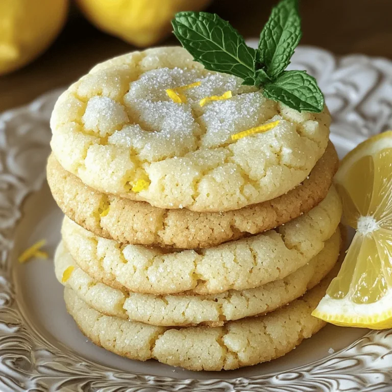 To make soft and chewy lemon cookies, you need some key ingredients. Here’s what you will need: - 1 cup unsalted butter, softened - 1 cup granulated sugar - 1 large egg - 2 tablespoons lemon zest (from about 2 lemons) - 2 tablespoons fresh lemon juice - 2 ½ cups all-purpose flour - 1 teaspoon baking soda - ½ teaspoon baking powder - ½ teaspoon salt - 1 teaspoon vanilla extract - Extra granulated sugar for rolling These ingredients work together to create a tender cookie that bursts with lemon flavor. The soft butter and sugar blend makes a creamy mix. The egg helps bind everything. The lemon zest and juice add that bright taste we all love! Want to kick your cookies up a notch? Consider adding these options: - 1 teaspoon lemon extract - ½ cup chopped nuts (like walnuts or pecans) - ½ cup dried cranberries or raisins Adding lemon extract boosts the citrus flavor. Nuts add a nice crunch, while dried fruits bring sweetness. Feel free to mix and match based on your taste! Sometimes, you may not have all the ingredients. Here are some easy swaps: - Use coconut oil instead of butter for a dairy-free option. - Substitute brown sugar for granulated sugar. This change adds moisture and a deeper flavor. - Swap out all-purpose flour for gluten-free flour if needed. These substitutions can change the flavor and texture, but they work well. Each option brings something special. Enjoy experimenting with your soft and chewy lemon cookies! For the full recipe, check out Zesty Lemon Bliss Cookies. First, gather your ingredients. You need butter, sugar, egg, lemon zest, lemon juice, flour, baking soda, baking powder, salt, and vanilla. Start by preheating your oven to 350°F (175°C). Line a baking sheet with parchment paper. In a large bowl, cream the softened butter with the granulated sugar. This should take about 3-4 minutes. The mix should be light and fluffy. Next, add the egg, lemon zest, lemon juice, and vanilla extract. Mix until everything is combined. In another bowl, whisk together the flour, baking soda, baking powder, and salt. Gradually add this dry mix to your wet ingredients. Stir gently until just combined. Be careful not to over-mix. This keeps your cookies soft. Now, scoop out the dough using a cookie scoop or tablespoon. Roll each scoop into a ball and then roll in granulated sugar. Place these dough balls on your prepared baking sheet about 2 inches apart. Place the baking sheet in your preheated oven. Bake for 10-12 minutes. The edges should turn lightly golden, while the centers remain soft. Keep an eye on them to avoid over-baking. Once done, remove the sheet from the oven. Let the cookies cool on the baking sheet for about 5 minutes. This helps them firm up a bit. After that, transfer them to a wire rack to cool completely. For an extra touch, stack the cookies on a beautiful plate. Garnish with a slice of lemon or a sprig of mint. This makes them look even more inviting. For the complete baking adventure, check out the Full Recipe. To make soft and chewy lemon cookies, focus on the mixing method. Cream the butter and sugar until fluffy. This adds air and lightens the dough. When you mix in the dry ingredients, do not over-mix. Stir just until combined. This keeps the cookies soft. Use fresh lemon juice and zest for the best flavor. Zest adds a strong lemon taste, while juice gives a nice tang. If you want to boost the flavor, add a little lemon extract. This amplifies the lemon notes without making the cookies too sour. One big mistake is baking the cookies too long. Keep an eye on them. They should be soft in the middle when you take them out. Another mistake is not letting the cookies cool. They need time to set up. Let them rest on the baking sheet for a few minutes before moving them to a wire rack. For the full recipe, check the previous section. Enjoy your baking! {{image_2}} You can add chocolate chips for a tasty twist. I suggest using semi-sweet or dark chocolate chips. Mix in about a cup when you combine the wet and dry ingredients. The chocolate will melt just a bit, creating a sweet and tangy flavor. The lemon and chocolate blend well, making each bite special. This mix adds richness and depth to your lemon cookies. A lemon glaze can give your cookies an extra zing. To make the glaze, whisk together powdered sugar and lemon juice until smooth. For a thicker glaze, use less juice. Drizzle this glaze over your cooled cookies. This adds a beautiful shine and a burst of lemon flavor. It’s a simple way to enhance your cookies and make them even more delightful. If you want to try something new, consider using other citrus fruits. Lime or orange zest works well in place of lemon. Use the same amount as the lemon. You can also mix different citrus zests for a unique flavor. Each fruit brings its own taste, making your cookies fun and fresh. These variations keep things exciting and let you explore new tastes. For the full recipe, check out the details above. To keep your soft and chewy lemon cookies fresh, store them in an airtight container. This helps to keep moisture in and prevent them from becoming hard. You can add a slice of bread in the container. The bread will help keep the cookies soft. Store them at room temperature for up to a week. If you want to enjoy them longer, consider freezing some. Freezing cookies is simple and effective. First, let the cookies cool completely. Once cool, place them in a single layer on a baking sheet. Freeze them for about an hour. This step prevents them from sticking together. After freezing, transfer the cookies to a freezer-safe bag or container. Label the bag with the date. You can freeze them for up to three months. When you're ready to enjoy your frozen cookies, take them out and let them thaw. You can reheat them in the oven for a few minutes at 350°F (175°C). This will help restore their soft texture. For a quick fix, use the microwave. Heat them for about 10-15 seconds. Enjoy your yummy soft and chewy lemon cookies as if they were fresh from the oven! To keep your cookies soft, use softened butter, not melted. Creaming the butter and sugar well helps add air, making them light. Do not over-mix the dough; mix just until combined. Also, underbake slightly to keep them chewy. Yes, you can use whole wheat flour. It adds a nutty flavor but may change texture. Start with half whole wheat and half all-purpose flour for a good balance. Experiment and find what works best for you. These cookies stay fresh for about a week at room temperature. Store them in an airtight container to keep them soft. You can also freeze them for up to three months. Just make sure to wrap them well. Absolutely! Adding nuts or dried fruits adds texture and flavor. Chopped walnuts or almonds work well. Dried cranberries or cherries add a lovely tartness. Just be sure not to add too much, so the dough stays balanced. Baking soda is a base that needs acid to work. It helps cookies spread and rise. Baking powder contains both acid and base. It can work alone and is best for recipes needing extra lift. For this recipe, use both for the best results. You learned how to make soft and chewy lemon cookies. We covered key ingredients, step-by-step instructions, and tips for the best results. With variations and storage tips, you can enjoy these cookies any time. Keep exploring to enhance your baking skills. Remember, practice makes perfect. You’ll soon impress everyone with your tasty treats. Happy baking!