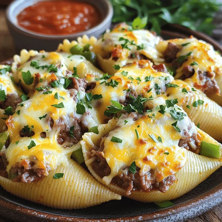 To make Philly cheesesteak stuffed shells, gather these ingredients: - 20 large pasta shells - 1 lb sirloin steak, thinly sliced - 1 tablespoon olive oil - 1 medium onion, diced - 1 green bell pepper, diced - 2 cloves garlic, minced - 1 cup cream cheese, softened - 1 cup shredded provolone cheese - 1 cup shredded mozzarella cheese - 1 teaspoon Worcestershire sauce - Salt and pepper to taste - Fresh parsley, chopped (for garnish) You can swap some ingredients if you want to change the flavor or adapt to your diet: - Sirloin steak: Use chicken, ground beef, or portobello mushrooms for a veggie option. - Cream cheese: Substitute with ricotta cheese or cottage cheese for a lighter filling. - Provolone cheese: You can use cheddar or gouda for a different taste. - Olive oil: Canola oil or butter work well too. Garnishing your dish adds color and flavor. Here are some great options: - Fresh parsley, chopped - Sliced green onions for a hint of sharpness - A sprinkle of crushed red pepper for a spicy kick - Serve with marinara sauce for dipping. These garnishes enhance the look and taste of your Philly cheesesteak stuffed shells. Enjoy the mix of flavors! For the full recipe, check out the details above. To make Philly cheesesteak stuffed shells, gather your ingredients and follow these steps: 1. Cook the pasta shells. 2. Sauté the steak, onion, and pepper. 3. Mix the steak and veggies with cheese. 4. Fill the shells and bake. Here’s how to make these tasty stuffed shells: 1. Preheat oven to 375°F (190°C). 2. Cook pasta shells according to the package until they are al dente. Drain them and set aside. 3. Heat olive oil in a large skillet over medium-high heat. Add the thinly sliced sirloin steak, season with salt and pepper, and cook until browned, about 3-4 minutes. Remove the steak from the skillet and set it aside. 4. Add onion and pepper to the same skillet. Sauté for about 5 minutes until softened. 5. Stir in garlic and cook for one more minute. 6. Return steak to the skillet. Mix in Worcestershire sauce and stir until combined. Remove from heat. 7. In a bowl, combine cream cheese, provolone cheese, and half of the mozzarella. Add the steak mixture and stir well. 8. Stuff each pasta shell with the cheese and steak mix. Place them in a greased baking dish. 9. Sprinkle remaining mozzarella on top of the shells. 10. Cover with foil and bake for 20 minutes. Remove foil and bake for another 10 minutes until the cheese is bubbly and golden. 11. Garnish with parsley before serving. Here are some tips to help you avoid common mistakes: - Don't overcook pasta shells. They should be firm enough to hold the filling. - Season your steak well. This adds depth to the dish. - Don’t skip the foil while baking. It helps the cheese melt evenly. - Let them cool slightly before serving. This helps avoid burns and makes them easier to eat. These steps will surely lead you to a delicious meal. For the full recipe, visit the provided link. To cook pasta shells well, first, use a large pot. Fill it with water and add a pinch of salt. Bring the water to a rolling boil. Add the shells gently to avoid breaks. Cook them until they are al dente, which means they are firm to the bite. This usually takes about 9 to 11 minutes. Stir occasionally to prevent sticking. Once cooked, drain the shells and rinse them with cold water. This stops the cooking process and keeps them from sticking together. For a great cheese melt, use a mix of cheeses. Provolone and mozzarella work best. Combine them in a bowl before adding to your shells. To get that gooey texture, add a bit of cream cheese. It helps to make the filling creamy and rich. When you bake the stuffed shells, cover them with foil for the first part. This traps steam and melts the cheese faster. Remove the foil near the end to let the cheese brown nicely. To save time, prep your ingredients first. Chop the onion and bell pepper ahead of time. You can also slice the steak the day before. This makes cooking easier. Cook the pasta shells while you sauté the veggies and steak. This way, you do not wait long. Also, consider using store-bought marinara sauce. It saves time and pairs well with the stuffed shells. For the full recipe, check the section above. {{image_2}} You can easily swap the sirloin steak for chicken or pork. Both options work well in this dish. For chicken, use thin slices of chicken breast. Cook it until golden and juicy. If you choose pork, try thinly sliced pork tenderloin. For a vegetarian twist, skip the meat. Use sautéed mushrooms, spinach, or eggplant for a hearty filling. These swaps keep the dish flavorful and satisfying. To boost flavor, add spices and sauces that excite your taste buds. Consider using smoked paprika or garlic powder for a smoky kick. A dash of red pepper flakes adds heat. For sauces, try adding barbecue sauce or a splash of soy sauce. You could even mix in some hot sauce for extra spice. Each enhancement creates a unique twist on the classic Philly cheesesteak flavor. While provolone and mozzarella are great, you can explore other cheeses too. Try sharp cheddar for a bold taste. Creamy goat cheese adds a tangy note that surprises the palate. For a twist, consider blue cheese or pepper jack for a spicy kick. Experimenting with different cheeses lets you create a stuffed shell that suits your flavor preference perfectly. For the complete recipe, check out the [Full Recipe]. After enjoying your Philly cheesesteak stuffed shells, you might have some left. To store them, let the shells cool completely. Then, place them in an airtight container. This helps keep them fresh for up to three days in the fridge. To reheat the stuffed shells, preheat your oven to 350°F (175°C). Place the shells in a baking dish. Add a splash of water or broth to keep them moist. Cover the dish with foil. Bake for about 15-20 minutes or until heated through. You can also use the microwave. Just heat them in a microwave-safe dish for 2-3 minutes. Check to see if they are hot all the way through. If you want to save the stuffed shells for later, freezing works great. Wrap each shell tightly in plastic wrap. Then, place them in a freezer-safe bag or container. They can last for up to three months in the freezer. When you're ready to eat them, let them thaw overnight in the fridge. Reheat them as explained above for the best taste. For more delicious ideas, check out the Full Recipe! Philly Cheesesteak Stuffed Shells mix two great foods. The origin starts with the classic Philly cheesesteak. This dish came from Philadelphia in the 1930s. It features thinly sliced beef, onions, and cheese in a hoagie roll. Stuffed shells are from Italian cuisine. They are big pasta shells filled with goodness. When I put these two dishes together, it creates a fun twist. You get the best of both worlds in a single bite! Yes, you can make Philly Cheesesteak Stuffed Shells ahead of time. Prepare the shells and fill them with the steak mixture. Then, cover the dish and keep it in the fridge. This way, you can save time on busy days. Bake them the next day or a few days later. Just remember to add a few extra minutes to the baking time if they’re cold from the fridge. To make this dish gluten-free, switch the pasta. Use gluten-free pasta shells instead. Many brands offer tasty options. Check the label to ensure it fits your needs. The filling is already gluten-free. Just follow the recipe and enjoy! You’ll have a delicious meal that everyone can love. For the best flavor, keep an eye on cooking times, as gluten-free pasta can cook differently. For the full recipe, check out the details above, and get ready to create a delightful meal! Philly Cheesesteak Stuffed Shells offer a tasty twist on a classic dish. We covered the key ingredients, cooking steps, and tips for success. You learned how to customize it with different meats and cheeses. Also, I shared storage and reheating tips to reduce waste. Try these shells for your next meal. They are fun and easy! Enjoy the rich flavors and share them with friends. You’ll impress everyone with this delicious dish.