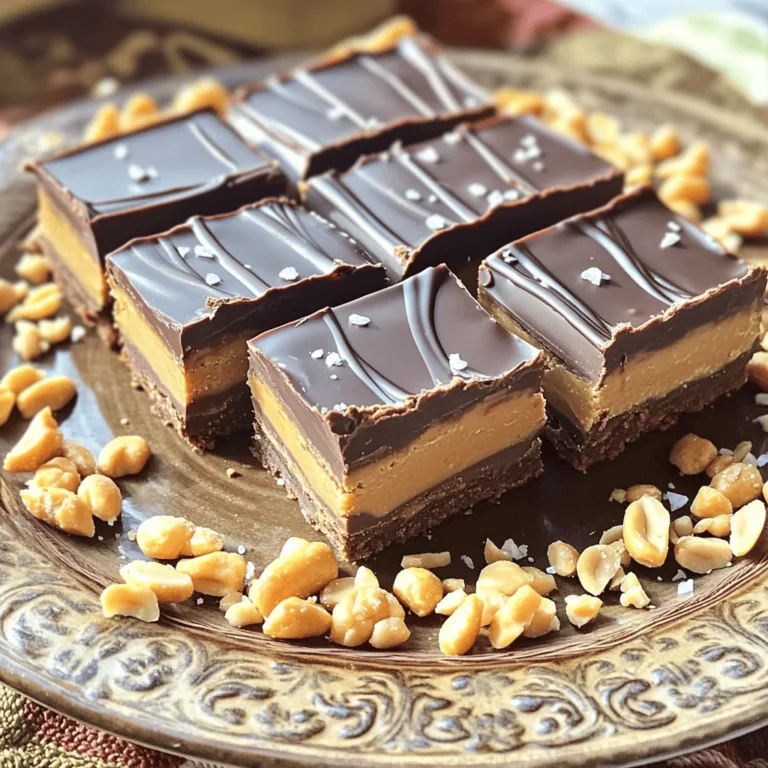 To make these tasty chocolate peanut butter bars, gather these items: - 1 cup natural peanut butter (smooth) - 1/2 cup maple syrup (or honey) - 1/4 cup coconut oil, melted - 1 cup rolled oats - 1/2 cup chocolate chips (dark or semi-sweet) - 1/2 cup cocoa powder - 1 teaspoon vanilla extract - 1/4 teaspoon salt You can change some ingredients based on what you have. - Alternatives for peanut butter: Try almond butter or sunflower seed butter. Both work well. - Sweetener options: Honey is great, but you can also use agave syrup or stevia. - Oil replacements: You can swap coconut oil for vegetable oil or melted butter. Make your bars even more special with some add-ins. - Nuts and seeds: Chopped walnuts, almonds, or pumpkin seeds add crunch. - Dried fruits: Raisins, cranberries, or chopped apricots give a sweet burst. - Flavor enhancements: A sprinkle of cinnamon or a dash of espresso can boost the taste. These choices let you create a version just for you! For the full recipe, check out the details above. To start, gather your tools. You need a large mixing bowl, a spatula, and an 8x8 inch baking dish. Don't forget parchment paper. It helps with easy removal of the bars later. Measuring ingredients is key. Use dry measuring cups for the oats and cocoa powder. For the peanut butter and oil, use liquid measuring cups. Accurate measurements ensure your bars turn out perfect every time. Now, let's mix the ingredients. In the large bowl, add the smooth peanut butter, maple syrup, and melted coconut oil. Stir them together until smooth. Next, add the rolled oats, cocoa powder, vanilla extract, and salt. Mix it all until it forms a thick batter. This is important for the texture of your bars. Gently fold in the chocolate chips. You want them to be evenly distributed. Pour the mixture into the lined baking dish. Press it down firmly with a spatula or your hands. Refrigerate the dish for at least 1-2 hours. This helps the bars set and firm up nicely. If you skip this step, your bars may fall apart when you cut them. Once they are firm, lift the bars out using the parchment paper. Place them on a clean surface and slice them into squares or rectangles. For clean cuts, use a sharp knife and wipe it between slices. For the full recipe, you can refer to the provided details. To get the right texture in your chocolate peanut butter bars, focus on mixing. Combine the peanut butter, maple syrup, and melted coconut oil well. This makes a smooth base. When adding oats and cocoa, mix until you see no dry spots. If your bars feel too crumbly, you might need a bit more maple syrup or coconut oil. Common mistakes include not measuring ingredients accurately. Always use measuring cups or a scale. Another mistake is not chilling the bars long enough. Refrigerate for at least 1-2 hours to help them set properly. If they are too soft, they won’t hold their shape when cut. These bars taste great on their own. However, you can elevate them with some fun extras. Serve on a decorative plate for a nice touch. Drizzle some melted chocolate on top for added sweetness. A sprinkle of sea salt or crushed peanuts also adds a nice crunch. You can even pair them with fresh fruit, like strawberries or bananas, for a fun dessert. You can make these bars gluten-free by using gluten-free oats. They work just as well and keep the same texture. If you want to reduce sugar, try cutting the syrup by a quarter. You might also use mashed ripe bananas instead. This keeps the bars sweet while adding nutrients. For more ideas, feel free to check the Full Recipe. {{image_2}} You can change the taste of your Chocolate Peanut Butter Bars by using different nut butters. Almond butter or cashew butter works great. Each nut butter brings its unique flavor. You could also try sunflower seed butter for a nut-free option. For chocolate types, you can switch it up too. Use white chocolate for a sweeter taste. You can also try milk chocolate for a creamier flavor. Dark chocolate gives a rich taste and pairs well with peanut butter. If you want a vegan version, swap honey for maple syrup. Make sure to use dairy-free chocolate chips. This keeps the bars fully plant-based. For nut-free options, use sunflower seed butter. You can still enjoy these bars without nuts. Just check labels to avoid cross-contamination. To make your bars festive, add holiday-themed touches. Use peppermint extract for a minty flavor during winter. You can also sprinkle crushed candy canes on top. In summer, add fresh fruits like strawberries or raspberries. This adds a burst of color and flavor. You can even mix in seasonal spices like cinnamon for fall. For the full recipe, check out the detailed instructions to create these tasty treats! To keep your chocolate peanut butter bars fresh, use an airtight container. This method prevents air and moisture from making them soggy. Place parchment paper between layers if you stack them. This will also help with easy access. Store them in the fridge for up to one week. You can also enjoy them cold or let them sit at room temperature for a few minutes before eating. Want to enjoy these bars later? Freezing is a great option. Cut the bars into squares before freezing. Then, wrap each piece tightly in plastic wrap. Place the wrapped bars in a freezer-safe bag or container. They will stay fresh for up to three months. When you’re ready to enjoy them, take a bar out and let it thaw in the fridge. It usually takes a few hours to soften. Understanding how long your bars last is key. The main ingredients, like peanut butter and oats, have a good shelf life. In the fridge, the bars last about one week. If frozen, they can last up to three months without losing flavor. Always check for any signs of spoilage, like a strange smell or change in texture. This ensures you enjoy the best taste every time! Chocolate peanut butter bars last about one week in the fridge. Store them in an airtight container to keep them fresh. If you freeze them, they can last up to three months. Just wrap each bar well in plastic wrap and place them in a freezer bag. When you want to enjoy them, let them thaw in the fridge overnight. Yes, you can use other sweeteners. For example, you can swap maple syrup with honey or agave syrup. You can also try erythritol or stevia if you want a lower-calorie option. Just remember that these sweeteners may change the taste a bit. Adjust the amount to reach your desired sweetness. These bars can be a healthier treat. They contain natural peanut butter, which provides protein and healthy fats. One bar has about 150 calories and 8 grams of fat, depending on your ingredients. Remember, they are still a dessert, so enjoy them in moderation. You now have a solid guide for making delicious chocolate peanut butter bars. You can swap ingredients and add your favorites. Follow the easy steps to bake and store these treats well. Remember, practice makes perfect. Don't hesitate to try new flavors and tweaks. Enjoy your homemade bars with friends and family. With some creativity, you can make them your own! Dive into this fun kitchen adventure. Indulge in goodness, and share the joy!