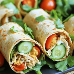 - 2 cups cooked chicken breast, shredded - 1/2 cup Greek yogurt - 4 small whole wheat tortillas I love using cooked chicken breast for these wraps. It is easy to shred and full of protein. Greek yogurt is a great base for the sauce. It makes the filling creamy without being heavy. You can swap Greek yogurt for sour cream if you want. Whole wheat tortillas add fiber and flavor. - 1 tablespoon Dijon mustard - 1 teaspoon garlic powder - 1/4 teaspoon black pepper - 1 teaspoon paprika Dijon mustard boosts the flavor of the chicken. It adds a nice tang. Garlic powder gives a warm taste that everyone enjoys. Black pepper and paprika add a bit of spice and color. These spices are simple but pack a punch, making every bite delightful. - 1 cup mixed greens (lettuce, spinach, arugula) - 1/2 cup cherry tomatoes, halved - 1/4 cup cucumber, thinly sliced Mixing greens like lettuce, spinach, and arugula keeps the wraps fresh. Cherry tomatoes bring a pop of sweetness, and cucumbers add crunch. These fresh veggies make each wrap bright and colorful. They also balance the rich chicken filling. You can add more veggies if you want. Feel free to get creative with your choices. Check the [Full Recipe] for all the details! To make mini chicken wraps, start with the chicken. First, shred the cooked chicken breast. Then, mix it with Greek yogurt, Dijon mustard, garlic powder, paprika, and black pepper in a bowl. Stir until the chicken is fully coated in the sauce. This gives the wraps great flavor. Next, set up your work area. Lay out the small whole wheat tortillas on a clean surface. Make sure you have enough space to work. This will help you assemble the wraps easily. Layering is key for mini chicken wraps. Start by spreading about 1/4 cup of the chicken mixture in the center of each tortilla. Then, add a handful of mixed greens, halved cherry tomatoes, and cucumber slices on top. This makes the wraps colorful and tasty. When folding, first fold in the sides of the tortilla. Then, roll it tightly from the bottom up. This keeps all the filling inside. If you roll it too loosely, the filling may spill out when you eat. To make your wraps look nice, cut each one in half with a sharp knife. This makes them easy to handle and share. For a fresh touch, you can sprinkle some cilantro on top of the wraps before serving. It adds color and a hint of flavor. For the full recipe, check out the details above. To keep your filling moist, use Greek yogurt. It adds creaminess without making it soggy. You can also balance moisture by not adding too much liquid. When you mix the chicken, coat it well but don’t drown it. When rolling your wraps, start from the bottom. Fold the sides in first to keep the filling inside. Roll tightly but not too tightly. You want your wraps to stay intact but not burst open. Mini chicken wraps pair well with fresh sides. Consider serving them with a light salad or crunchy veggie sticks. You can also add some chips for a fun crunch. For parties, you can cut the wraps into bite-sized pieces. Arrange them on a platter with dips like hummus or salsa. This makes them easy to grab and enjoy. Avoid stuffing your wraps too full. Overloading them makes it tough to roll and can lead to spills. Stick to a balanced amount of chicken and veggies. Choose fresh tortillas for the best taste. Check for any tears or dryness before using. Whole wheat tortillas offer a nice flavor and texture, but regular ones work too. Just make sure they are soft and pliable. {{image_2}} You can easily switch the protein in your mini chicken wraps. If you want a vegetarian option, try using black beans or roasted veggies. For a vegan twist, use plant-based chicken or tofu. Both options will keep the wraps tasty and satisfying. If you need dairy-free or gluten-free wraps, there are simple swaps. Use avocado or hummus instead of Greek yogurt for creaminess. Choose gluten-free tortillas or lettuce leaves to wrap your ingredients. These changes make the dish friendly for various diets. To change the flavor, think about Asian-inspired mini chicken wraps. Use soy sauce or sesame oil for a deep taste. Add veggies like carrots and bell peppers for extra crunch. A sprinkle of sesame seeds will bring it all together. For a Mediterranean twist, try adding spices like cumin and oregano. Feta cheese and olives also enhance the flavor. Use sun-dried tomatoes for a punch of taste. Each bite will remind you of sunny days by the sea. Serving mini chicken wraps can be fun and creative. Use mini skewers to hold each wrap together. This makes them easy to grab at parties. You can also cut the wraps into bite-sized pieces for a fun platter. For special occasions, try creative plating ideas. Use a colorful plate and arrange the wraps in a fan shape. Add some fresh herbs or edible flowers for a bright touch. These small details make your meal look even more appealing. For the full recipe, check out the Delicious Mini Chicken Wraps section above. To keep your mini chicken wraps fresh, refrigerate them right away. Place the wraps in an airtight container. This helps prevent them from drying out. You can also wrap them in plastic wrap. Always check for signs of spoilage. If you see mold or smell something off, throw them away. Wraps should not last longer than three days in the fridge. You can freeze mini chicken wraps for later meals. To do this, wrap each one tightly in foil or plastic wrap. Place them in a freezer bag to keep out air. They can stay frozen for up to three months. When you’re ready to eat, let them thaw in the fridge overnight. To reheat, you can use a microwave or an oven. Heat them at 350°F for about 10 minutes. This keeps the wrap warm and soft. In the fridge, mini chicken wraps last about three days. In the freezer, they can stay good for three months. To keep the taste and texture, use freezer bags. Remove as much air as possible before sealing. For best results, eat the wraps sooner rather than later. Enjoy them fresh for a great taste! If you need the full recipe, check out the Full Recipe section. To make your mini chicken wraps healthier, swap high-calorie ingredients for lighter options. Use Greek yogurt as a creamy base instead of mayonnaise. You could also replace whole wheat tortillas with lettuce wraps for fewer carbs. Add more vegetables to your wraps for extra nutrition. Try adding shredded carrots, bell peppers, or zucchini. You can also mix in some spinach or kale with the greens for a colorful crunch. Yes, you can prepare mini chicken wraps ahead of time. This makes them great for meal prep. Start by making the chicken filling in advance. Store it in an airtight container in the fridge. When making wraps, keep the ingredients separate to avoid sogginess. Wrap them tightly in plastic wrap or foil. If you plan to eat them within a few days, that works well. For longer storage, consider freezing them. Mini chicken wraps pair well with many side dishes and drinks. Serve them with a fresh salad or a bowl of soup for a complete meal. You can also offer some crispy sweet potato fries or a fruit platter. For drinks, consider iced tea or a light lemonade. For parties, you can make a fun dipping sauce like ranch or a yogurt-based dip. These ideas will make your wraps even more enjoyable for any occasion. In this blog post, we covered how to make tasty mini chicken wraps. We discussed the main ingredients, like chicken and yogurt, plus flavor boosters and fresh veggies. I shared step-by-step instructions for prepping and assembling, along with tips for perfecting your wraps. You learned about variations, storage tips, and ways to serve them. Mini chicken wraps are fun and flexible. Try new flavors or ingredients to keep meals exciting. Enjoy making them!