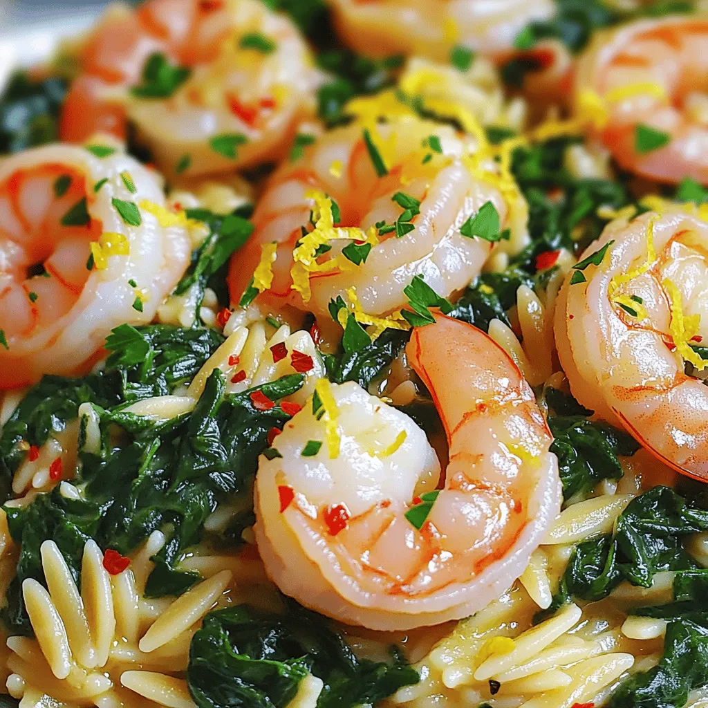 - 1 lb large shrimp, peeled and deveined - 1 cup orzo pasta - 2 cups fresh spinach, chopped - 4 cloves garlic, minced - 2 tablespoons olive oil - 1 tablespoon lemon zest - 3 tablespoons lemon juice - 1 teaspoon red pepper flakes (optional) - Salt and pepper to taste - Fresh parsley, chopped (for garnish) When making Lemon Garlic Shrimp with Spinach Orzo, fresh ingredients make a big difference. The large shrimp gives a sweet, tender bite. The orzo pasta adds a nice, chewy texture. The spinach brings a fresh, healthy note, while garlic adds a bold flavor. The olive oil helps all the flavors blend well. Lemon zest and juice brighten the dish. They make it taste fresh and zesty. If you like a little heat, add red pepper flakes. Just a pinch can make the dish more exciting. Salt and pepper are key to bringing out all the flavors. Don’t forget fresh parsley! It adds color and a nice finish. For the full recipe, check out the instructions above. You’ll see how all these ingredients come together for a tasty meal. - First, bring a pot of salted water to a boil. - Add 1 cup of orzo pasta. Cook until al dente, about 8-10 minutes. - Drain the orzo and set it aside. - Heat 2 tablespoons of olive oil in a large skillet over medium heat. - Add 4 cloves of minced garlic. Sauté for about 30 seconds until it smells nice. - Now, add 1 pound of peeled and deveined shrimp. Season with salt, pepper, and red pepper flakes if you like. - Cook the shrimp for about 2-3 minutes on each side until they are pink and opaque. - Stir in 1 tablespoon of lemon zest and 3 tablespoons of lemon juice. Let the shrimp soak in the flavors for a minute. - Add 2 cups of chopped spinach to the skillet. Cook until it's wilted, about 1-2 minutes. - Toss in the cooked orzo and mix everything well. Adjust seasoning to taste. This method makes the dish bright and fresh. You can find the complete steps in the Full Recipe. - Always use fresh shrimp. Fresh shrimp tastes best. - Do not overcook shrimp. Cook until pink and opaque for the best texture. - Try adding herbs like basil or dill. They boost the dish's flavor. - Adjust lemon juice to your taste. This adds brightness and a nice zing. - Serve with a crisp side salad or warm, crusty bread. Both pair well and add texture. - A light white wine, like Pinot Grigio, complements this dish nicely. It enhances the flavors and makes for a delightful meal. For the complete recipe, check out the [Full Recipe]. {{image_2}} You can make simple changes to the dish. If you want a gluten-free meal, swap orzo for quinoa or rice. Both options cook well and add a new texture. You can also use other leafy greens. Try kale or arugula for a different twist. Both greens have a nice bite and pair well with lemon and garlic. If shrimp isn’t your favorite, replace it with chicken or tofu. Chicken gives a hearty flavor, while tofu adds a nice plant-based option. You can also try different marinades or spices. For example, a spicy rub on chicken can change the whole taste. Change the way you cook shrimp for new flavors. Grilling shrimp adds a smoky taste that is hard to beat. Use a grill pan if you don’t have an outdoor grill. Another great option is the one-pan method. This way, you cook everything in one pan, making cleanup a breeze. You’ll still enjoy the same great taste without the extra dishes. For the full recipe, check out the Lemon Garlic Shrimp with Spinach Orzo. To keep your Lemon Garlic Shrimp with Spinach Orzo fresh, store leftovers in an airtight container. This helps maintain the dish's flavors and prevents it from drying out. You can safely refrigerate it for up to three days. Always let it cool to room temperature before sealing it up. If you want to save some for later, freezing is a great option. First, allow the dish to cool completely. Then, transfer it to a freezer-safe container or bag. Be sure to remove as much air as possible. You can freeze it for up to three months. To reheat, thaw in the fridge overnight for best results. For reheating, you can use either the microwave or stovetop. If using the microwave, heat in short bursts, stirring in between. This prevents hot spots. On the stovetop, add a splash of water or broth to keep it moist. Heat gently over low heat, stirring often. This way, your meal retains its delicious taste and texture. Making Lemon Garlic Shrimp with Spinach Orzo takes about 20 minutes. You need around 10 minutes for prep and 10 minutes for cooking. This quick dish makes it easy to enjoy a gourmet meal any night. Yes, you can use frozen shrimp. Just make sure to thaw them first. Frozen shrimp can save time, but fresh shrimp often taste better. If you use frozen, check for any added salt or preservatives. This can change the flavor. You have many options for sides! A fresh salad pairs well. Try a simple green salad with a light vinaigrette. Crusty bread is also a great choice. It soaks up the tasty sauce. Feel free to mix and match to suit your taste. For the full recipe, check the earlier section! This blog post details a tasty Lemon Garlic Shrimp with Spinach Orzo recipe. We explored key ingredients, including shrimp, orzo, and fresh veggies. I shared simple steps for cooking and tips for adding flavor. You can swap ingredients for your taste and learn storage and reheating methods. In closing, this dish is versatile and easy to make. Enjoy cooking and tasting your way through this bright meal!