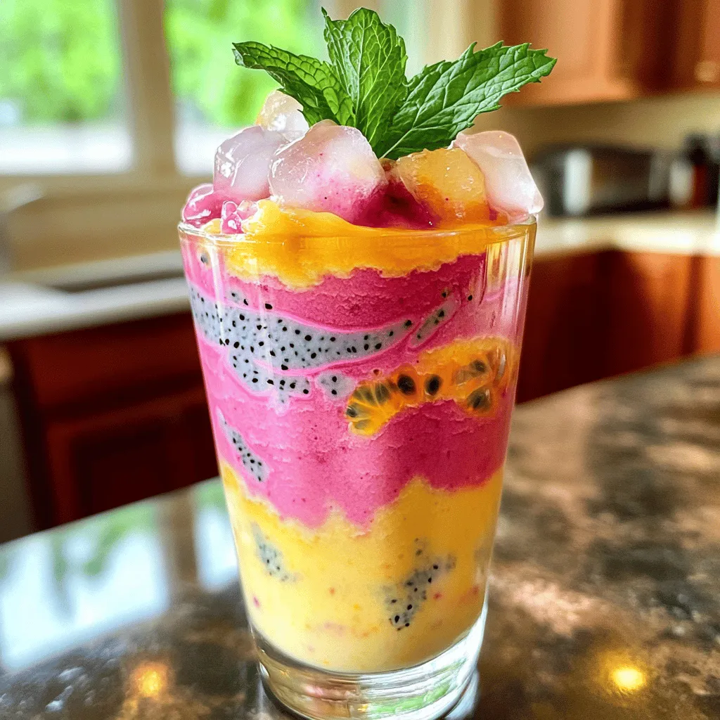 - 1 medium ripe dragonfruit - 1 ripe banana - 1 cup coconut milk - 1/2 cup Greek yogurt - 1/2 cup passion fruit pulp - 1 tablespoon honey or maple syrup - 1/2 cup ice cubes - Fresh mint leaves for garnish The main ingredients for the Dragonfruit Passion Swirl Smoothie are simple and healthy. Dragonfruit, with its vibrant color, adds a fun look and taste. The ripe banana brings natural sweetness and creaminess. Coconut milk gives it a rich flavor, while Greek yogurt adds protein. Passion fruit pulp brings a tart twist, enhancing the smoothie. Honey or maple syrup adjusts sweetness to your liking. Ice cubes keep the drink cold and refreshing. Finally, fresh mint leaves add a lovely touch. - Protein powder - Chia seeds - Other fruits (e.g., berries, mango) If you want to boost nutrition, consider optional add-ins. Protein powder gives you energy and helps with muscle repair. Chia seeds add fiber and omega-3 fatty acids. You can also mix in other fruits like berries or mango for extra flavor. - Blender - Measuring cups and spoons - Glasses for serving You will need a few kitchen tools. A blender is essential for mixing the smoothie until smooth. Measuring cups and spoons help ensure correct amounts. Finally, glasses are needed for serving this colorful drink. For the full recipe, check out the detailed instructions. - First, scoop out the dragonfruit flesh with a spoon. - Next, peel the banana and slice it into small pieces. - In a blender, combine the dragonfruit flesh, banana, coconut milk, Greek yogurt, and honey. - Blend everything until smooth and creamy. - Pour half of the blended mixture into a glass. - Carefully add the passion fruit pulp to the blender and swirl it gently. - Pour the passion fruit swirl over the first layer in the glass. - You can use a spoon to create pretty swirls if you like. Enjoy making this colorful and tasty smoothie! For the complete recipe, check out the [Full Recipe]. To get the best texture for your Dragonfruit Passion Swirl Smoothie, start with good blending. Make sure to cut your fruits into smaller pieces. This helps the blender mix them well. When blending, do not rush. Blend until everything is smooth and creamy. You can use ice cubes or frozen fruit. Ice makes the smoothie cold and refreshing. Frozen fruit gives it a thicker texture. If you want a creamier smoothie, use frozen fruit. If you prefer it lighter, use ice cubes. Both choices work well, so pick what you like best. Taste your smoothie mix before serving. If you find it needs more sweetness, add a little honey or maple syrup. Start with a small amount. Blend again, then taste. Repeat until it’s just right for you. Remember, flavors can change when chilled. If you want alternatives to honey or maple syrup, try agave nectar or stevia. These options work great and can add a unique flavor. You can also skip sweeteners if you prefer a more natural taste. Garnishing your smoothie makes it look stunning. Use fresh mint leaves on top for a pop of color. You can also sprinkle some chia seeds or shredded coconut for extra texture. When serving, use clear glasses. This lets the beautiful layers show through. For an even more fun look, add a colorful straw. Enjoy your gorgeous Dragonfruit Passion Swirl Smoothie! For the full recipe, check out the earlier section. {{image_2}} You can mix flavors in your Dragonfruit Passion Swirl Smoothie. Try adding other fruits. Berries like strawberries or blueberries add a nice touch. Mango pairs well with dragonfruit too. Just chop them up and toss them in the blender. You can also switch up the milk. Coconut milk gives a rich taste. Almond milk makes it nutty and light. If you're feeling adventurous, try oat milk for a creamy blend. For a vegan twist, use non-dairy yogurt. Coconut yogurt works great here. It keeps the smoothie creamy without dairy. If you want a lighter option, try almond yogurt. When it comes to sweeteners, maple syrup is a perfect choice. It blends well and keeps things vegan. You can also use agave nectar if you prefer. Smoothies can change with the seasons. In summer, add tropical flavors like pineapple or mango. They make your drink feel like a beach vacation. For fall, think about using apples or pumpkin spice. They add warmth and comfort to your drink. Blend these in for a smooth fall treat. I encourage you to explore the [Full Recipe] for more inspiration. You can store your smoothie in the fridge for up to two days. To keep it fresh, pour it into an airtight container. This way, it won't soak up other flavors in the fridge. If the smoothie separates, just give it a quick stir or shake before drinking. Freezing your smoothie is a great option if you want to save some for later. Pour the smoothie into ice cube trays or freezer bags. Make sure to leave some space in the container for expansion. When you're ready to enjoy it, thaw it in the fridge overnight. If you're in a hurry, place it in warm water for a quick thaw. Blend it again before serving to regain that smooth texture. Prepping extra ingredients can save you time and reduce waste. For example, use leftover dragonfruit or banana in yogurt bowls or oatmeal. You can also add them to pancakes for a fruity twist. This way, you make the most of your ingredients while adding variety to your meals. Dragonfruit, or pitaya, is rich in nutrients. It has fiber, vitamins, and minerals. This fruit helps digestion and keeps your gut healthy. One cup of dragonfruit has about 60 calories. It also has vitamin C and antioxidants to boost your immune system. These nutrients fight off free radicals and promote healthy skin. Enjoying dragonfruit may also improve heart health and lower cholesterol levels. Yes, you can use frozen dragonfruit! Frozen fruit is a great option. It saves time and can make your smoothie cold and thick. Just make sure to measure it out properly. If you use frozen dragonfruit, you may want to skip the ice cubes in the recipe. This choice will help you avoid a watery smoothie. You can make this smoothie lower in calories easily. Here are some tips: - Use unsweetened almond milk instead of coconut milk. - Replace Greek yogurt with low-fat yogurt or skip it. - Cut the honey or maple syrup in half or leave it out. - Add more fruit for natural sweetness, like extra banana. These changes keep the taste great while lowering the calories. Enjoy your healthy twist on the Dragonfruit Passion Swirl Smoothie! This blog post covered how to make a delicious dragonfruit smoothie. You learned about the main ingredients and optional add-ins. We shared step-by-step instructions, useful tips, and fun variations to try. We also talked about storage methods and answered key questions about dragonfruit. In conclusion, this smoothie is not only tasty but also packed with nutrients. Experiment with flavors and ingredients to make it your own. Enjoy your smoothie journey!