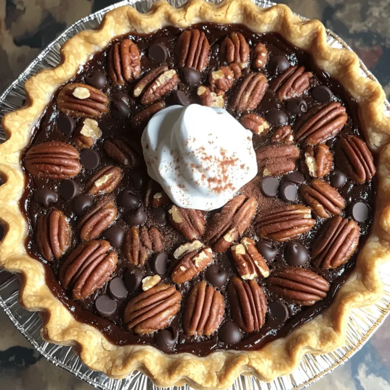 To make a chocolate pecan pie, you need the following ingredients: - 1 cup pecan halves - 1 cup semi-sweet chocolate chips - 1 unbaked pie crust (store-bought or homemade) - 3 large eggs - 1 cup light corn syrup - 1/2 cup brown sugar - 1 teaspoon vanilla extract - 1/4 teaspoon salt - 1/4 teaspoon ground cinnamon Choosing high-quality chocolate and pecans is key. Look for chocolate chips that are rich and smooth. For pecans, choose fresh, whole halves. Check for any signs of spoilage, like a rancid smell. If you have dietary restrictions, there are alternatives. Use a gluten-free pie crust if needed. For a vegan version, replace eggs with flax eggs and use maple syrup instead of corn syrup. Adjust the chocolate to ensure it's dairy-free. For the best pie, always select fresh ingredients. They make the flavors pop and create a truly delicious experience. For the full recipe, follow the steps outlined. To make the filling for chocolate pecan pie, start by gathering your ingredients. You will need: - 1 cup pecan halves - 1 cup semi-sweet chocolate chips - 1 unbaked pie crust (store-bought or homemade) - 3 large eggs - 1 cup light corn syrup - 1/2 cup brown sugar - 1 teaspoon vanilla extract - 1/4 teaspoon salt - 1/4 teaspoon ground cinnamon First, preheat your oven to 350°F (175°C). In a medium saucepan, mix the corn syrup, brown sugar, and salt over medium heat. Stir until the sugar dissolves and the mix is smooth. Take the pan off the heat. Next, beat the eggs in a separate bowl. Slowly whisk in the warm corn syrup mix. Add the vanilla extract and cinnamon, stirring until well mixed. Now, fold in the chocolate chips and pecan halves. Ensure they are evenly spread in the filling. Pour this mixture into your unbaked pie crust, spreading it out evenly. If you want a crispier crust, you can pre-bake it for about 10 minutes. This step helps the crust stay firm against the filling. Bake your pie in the preheated oven for 55-60 minutes. You want the filling to be set and slightly puffed up. It may still jiggle a bit in the center, which is fine. A good sign of doneness is when the edges are firm, but the center has a slight wobble. After baking, let the pie cool at room temperature for at least 2 hours. This cooling helps the filling set properly. Then, slice and enjoy your delicious chocolate pecan pie. For the full recipe, refer to the instructions above. When making Chocolate Pecan Pie, watch out for common mistakes. Overbaking can dry out the filling. Underbaking can lead to a runny pie. Aim for a firm but slightly jiggly center when it comes out of the oven. Incorrect ingredient ratios can ruin your pie. Make sure to measure the corn syrup and sugar accurately. Too much sugar can make the pie overly sweet. Too little can affect the texture. To enhance flavor, consider adding a splash of bourbon or espresso. These ingredients deepen the rich taste of chocolate and pecans. Using high-quality chocolate chips also makes a big difference. For a beautiful pie crust, make sure to roll it out evenly. A thicker crust can become tough, so keep it thin. Crimp the edges nicely for a polished look. If you want, brush the crust with an egg wash for a shiny finish. I recommend checking out the Full Recipe for more tips on creating this delicious dessert! {{image_2}} You can make your chocolate pecan pie even more exciting. Adding flavors like bourbon or espresso will boost the taste. Just a splash of bourbon brings warmth, while espresso adds a rich, deep note. If you love coffee, try adding a tablespoon of espresso powder to the filling. It enhances the chocolate flavor beautifully. You can also change the nuts. While pecans are classic, walnuts or hazelnuts work well too. Each nut gives a different taste and texture. Mix in different types of chocolate as well. Use dark chocolate for a richer flavor or even white chocolate for a sweeter twist. For holidays, consider adding festive spices. A pinch of nutmeg or ginger can make your pie special for Thanksgiving or Christmas. You can also drizzle some caramel sauce on top for an extra treat. If you’re making this pie for a birthday, try personalizing it. Use colored sprinkles or themed decorations. You can even bake it in fun shapes if you have the right pans. When adapting the recipe, think about the season. For fall, add pumpkin spice for a cozy feel. For summer, serve it chilled with fresh berries on the side. Each variation adds a new layer of flavor and excitement. For the full recipe, check out the detailed instructions above. Enjoy exploring these fun twists on chocolate pecan pie! To keep your pie fresh, store it in the fridge. Use an airtight container or wrap it well with plastic wrap. This method keeps the pie moist and tasty. If you want to freeze the pie, wrap it tightly in foil first, then place it in a freezer bag. Chocolate pecan pie can last in the fridge for about four days. In the freezer, it can last for up to three months. To reheat your pie, preheat the oven to 350°F (175°C). Place the pie on a baking sheet. Heat it for about 10-15 minutes. This method warms the pie evenly and keeps the crust crisp. You can also microwave slices for about 30 seconds, but the crust may lose its crunch. Serve your reheated pie with a scoop of vanilla ice cream or a dollop of whipped cream. This adds a creamy touch that enhances the chocolate and pecan flavors. Enjoy! For the full recipe, check out the complete instructions above. You can tell when your pie is done by looking for a few signs. First, the edges should be set and firm. The center may jiggle a bit. This is normal and shows it is still moist. A good rule is to bake for 55 to 60 minutes at 350°F (175°C). Use a toothpick to test the filling. If it comes out mostly clean, your pie is ready! Yes, you can make your pie ahead of time! It’s great for busy days. Just bake it and let it cool completely. Cover it well with plastic wrap or foil. Store it in the fridge for up to four days. You can also freeze it for longer storage. Just make sure to wrap it tightly. Thaw it in the fridge before serving. Chocolate Pecan Pie pairs well with many treats. A dollop of whipped cream adds a light touch. Vanilla ice cream is also a great choice. You can even drizzle some chocolate sauce on top! Fresh berries can add a nice contrast too. These extras make your dessert more special. If you want to buy Chocolate Pecan Pie, you have several choices. Many local bakeries offer fresh pies. Check their websites or call ahead. You can also find it at grocery stores during the holidays. Some online bakeries ship pies right to your door. Look for well-reviewed places to ensure quality. You now have a complete guide to making Chocolate Pecan Pie. We covered the ingredients, preparation, baking, and helpful tips. Remember to choose quality ingredients for the best taste. Avoid common mistakes to ensure a perfect pie. Feel free to try creative twists and seasonal ideas to make it your own. Store and reheat properly to enjoy every bite. With this knowledge, you can create a delicious dessert that impresses everyone. Enjoy your baking journey!