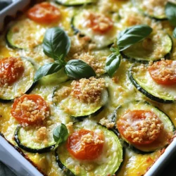 - 4 medium zucchinis, sliced into rounds - 1 cup cherry tomatoes, halved - 1 onion, finely chopped - 3 cloves garlic, minced - 1 cup shredded mozzarella cheese - 1 cup grated Parmesan cheese - 1/2 cup breadcrumbs - 2 tablespoons olive oil - 1 teaspoon dried oregano - 1 teaspoon dried basil - Salt and pepper to taste - Fresh basil leaves for garnish The ingredients for this baked zucchini casserole are fresh and simple. You start with zucchinis, which are mild and tasty. The cherry tomatoes add a sweet burst of flavor. Chopping an onion and garlic gives the dish great depth. The cheeses make it rich and creamy, while the breadcrumbs add a nice crunch. Olive oil helps everything cook well and adds a bit of healthy fat. - Calories per serving: About 210 calories - Breakdown of macronutrients: - Protein: 10g - Carbohydrates: 15g - Fat: 12g Zucchinis are low in calories and high in water. This makes them great for hydration. They also contain vitamins A and C, which are good for your skin. The cheese adds calcium for strong bones. Overall, this dish is tasty and healthy. I encourage you to try the full recipe and enjoy this delightful dish that is easy to make and packed with flavor. How do you slice zucchinis properly? Start by washing them well. Cut off both ends. Place the zucchini flat on the cutting board. Slice into even rounds about 1/4 inch thick. This ensures even cooking. What are some tips for chopping onions and garlic? For onions, cut the onion in half, then slice it thin. Try to keep your fingers tucked in to avoid cuts. For garlic, crush the clove with the flat side of a knife. Then, chop it finely. This releases the flavors well. How do you prepare cherry tomatoes? Rinse them under cool water. Cut each tomato in half. This helps them cook evenly and adds flavor to the dish. How do you sauté vegetables to perfection? Heat olive oil in a large skillet over medium heat. Add the chopped onion first. Cook it for 3 to 4 minutes until it turns translucent. Then, add minced garlic and stir for 30 seconds until fragrant. How do you combine ingredients for optimal flavor? Add sliced zucchinis and halved cherry tomatoes to the skillet. Season with oregano, basil, salt, and pepper. Cook this mixture for about 5 to 7 minutes. You want the zucchini tender but still firm. How do you transfer the mixture to the baking dish? Take a large mixing bowl and add the sautéed veggies. Mix in half of the mozzarella and Parmesan cheese. Stir it well so all flavors blend. Then, pour the mixture into a greased 9x13 inch baking dish. What is the ideal oven temperature and baking time? Preheat your oven to 375°F (190°C). Bake the casserole for 25 to 30 minutes. How do you know when it's ready? Look for bubbly cheese on top and a golden brown color. This shows the casserole is cooked well. What are the best practices for cooling and serving? Let the casserole cool for a few minutes after baking. This makes it easier to cut and serve. Garnish with fresh basil leaves for a nice touch. You can serve it with a simple green salad. For the full recipe, check out the details above. To keep zucchinis from getting mushy, slice them evenly. Thin rounds cook faster, while thick pieces take longer. Avoid overcooking them in the skillet. Sauté just until tender but still crisp. Layering is key. Start with a base of zucchini and tomatoes. Add half the cheese mixture next. Finish with a top layer of breadcrumbs and cheese. This method helps create a great texture throughout. Herbs and spices can elevate your dish. I suggest using oregano and basil, which add depth. You can also try thyme or rosemary for a twist. If you want more protein, consider adding cooked chicken or ground turkey. You can also mix in other veggies like bell peppers or spinach. This not only boosts nutrition but also adds color. Garnishing is simple. Use fresh basil leaves before serving for a pop of color. You can also sprinkle some extra cheese on top for a touch of elegance. For serving, place the casserole on a colorful plate. It pairs well with a green salad, making a full meal. You can also serve it in individual ramekins for a fun twist. Explore these ideas to make your dish visually appealing. For the full recipe, check out the Cheesy Baked Zucchini Casserole. {{image_2}} You can make this dish even better by adding other veggies. Try bell peppers, mushrooms, or spinach. They add color and taste. You can also switch up the cheese. Use goat cheese or feta for a tangy twist. Each choice brings a new flavor to your casserole. If you want a gluten-free meal, there are great options. Use crushed nuts or cornmeal instead of breadcrumbs. This keeps the dish crunchy. You can also make your own gluten-free casserole. Just ensure all ingredients are gluten-free. It's easy and still tasty. For a heartier meal, think about adding meat or legumes. Ground turkey or black beans work well. They add protein and make it filling. You can also change the cheese blend. Mix sharp cheddar with mozzarella for a rich taste. Each addition makes your casserole unique and fun to eat. For the full recipe, you can find it in the previous section. When you finish your cheesy baked zucchini casserole, you might want to save some for later. Make sure to let the casserole cool first. Then, cover it tightly with plastic wrap or use an airtight container. This helps keep the flavors fresh. In the fridge, it lasts about 3 to 5 days. If you want to save it for a longer time, freezing is a great option. Cut the casserole into portions. Wrap each piece in plastic wrap, then place them in a freezer-safe bag. This method keeps the dish tasty for up to 3 months. When you’re ready to eat, thaw it in the fridge overnight. To reheat, place it in a preheated oven at 350°F (175°C) until hot, about 20-25 minutes. Reheating your casserole is simple. You can use the oven, microwave, or even a stovetop pan. The oven gives the best results. Just cover it with foil to avoid drying out. For creative uses, consider adding leftovers to a wrap or tossing them in a salad. The flavors mix well with other ingredients, making a fun new dish. You can also layer it in a sandwich for a tasty lunch! To make Baked Zucchini Casserole from scratch, follow these simple steps: 1. Prep your oven: Set it to 375°F (190°C). 2. Sauté the onion: In a skillet, heat olive oil and cook the chopped onion until soft. 3. Add garlic: Stir in minced garlic for a fragrant base. 4. Mix in zucchini and tomatoes: Add sliced zucchinis and halved cherry tomatoes, seasoning with dried herbs, salt, and pepper. 5. Combine everything: After cooking the veggies, mix them with half the cheese in a bowl. 6. Transfer to a dish: Place the mixture in a greased baking dish. 7. Top with cheese and breadcrumbs: Mix the remaining cheese with breadcrumbs and sprinkle on top. 8. Bake it: Cook for 25-30 minutes until golden and bubbly. This method keeps the flavors bright and fresh. You can find the Full Recipe for all the details. Yes, you can use different types of cheese in this casserole. Here are some great options: - Cheddar: A sharp taste that adds depth. - Feta: For a tangy flavor, crumble it into the mix. - Gruyère: This cheese melts well and has a rich taste. - Goat cheese: Adds creaminess and a unique flavor. Feel free to mix and match based on your taste preferences! Baked Zucchini Casserole pairs well with various side dishes. Here are some tasty options: - Simple green salad: Toss mixed greens with a light vinaigrette. - Garlic bread: Toasted bread adds a nice crunch. - Roasted vegetables: Carrots, bell peppers, or asparagus complement the dish. - Quinoa or rice: These grains help balance the meal. These sides enhance the flavors and make your meal even more enjoyable! This blog post covered how to make a delicious baked zucchini casserole. You learned the key ingredients, cooking steps, and tips to enhance flavor. I shared how to store and reheat leftovers effectively. Whether you want a vegetarian option or need gluten-free choices, this recipe is easy to adapt. Cooking is about creativity, so have fun with it! Enjoy your meal, and remember to share leftovers in unique ways for a tasty twist. You now have all the tools to make this dish a hit. Happy cooking!