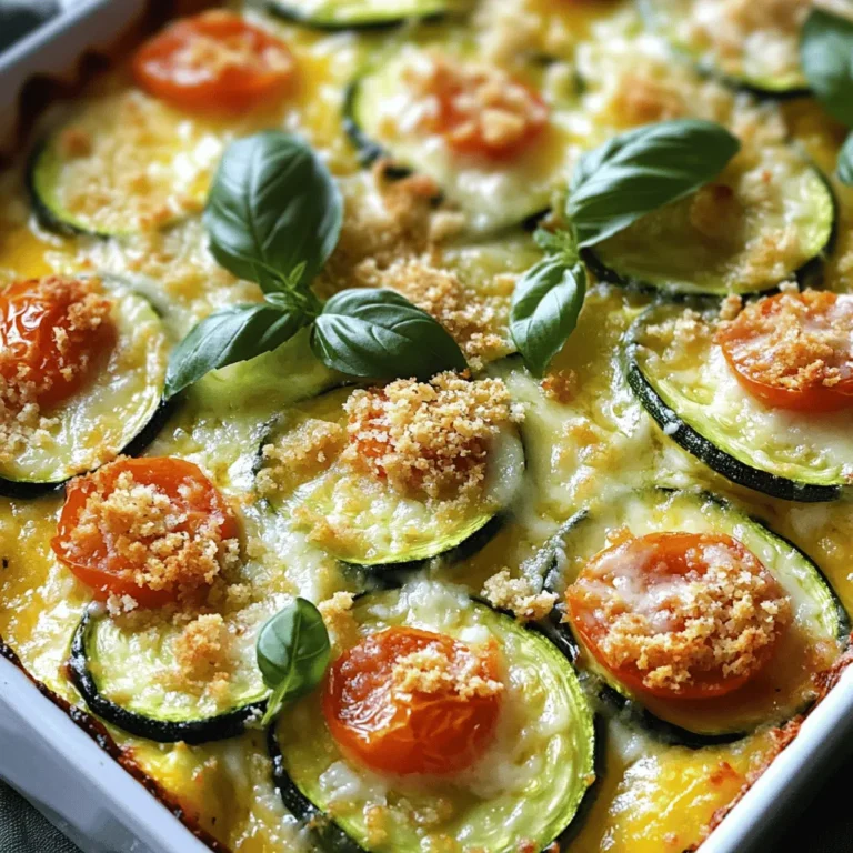 - 4 medium zucchinis, sliced into rounds - 1 cup cherry tomatoes, halved - 1 onion, finely chopped - 3 cloves garlic, minced - 1 cup shredded mozzarella cheese - 1 cup grated Parmesan cheese - 1/2 cup breadcrumbs - 2 tablespoons olive oil - 1 teaspoon dried oregano - 1 teaspoon dried basil - Salt and pepper to taste - Fresh basil leaves for garnish The ingredients for this baked zucchini casserole are fresh and simple. You start with zucchinis, which are mild and tasty. The cherry tomatoes add a sweet burst of flavor. Chopping an onion and garlic gives the dish great depth. The cheeses make it rich and creamy, while the breadcrumbs add a nice crunch. Olive oil helps everything cook well and adds a bit of healthy fat. - Calories per serving: About 210 calories - Breakdown of macronutrients: - Protein: 10g - Carbohydrates: 15g - Fat: 12g Zucchinis are low in calories and high in water. This makes them great for hydration. They also contain vitamins A and C, which are good for your skin. The cheese adds calcium for strong bones. Overall, this dish is tasty and healthy. I encourage you to try the full recipe and enjoy this delightful dish that is easy to make and packed with flavor. How do you slice zucchinis properly? Start by washing them well. Cut off both ends. Place the zucchini flat on the cutting board. Slice into even rounds about 1/4 inch thick. This ensures even cooking. What are some tips for chopping onions and garlic? For onions, cut the onion in half, then slice it thin. Try to keep your fingers tucked in to avoid cuts. For garlic, crush the clove with the flat side of a knife. Then, chop it finely. This releases the flavors well. How do you prepare cherry tomatoes? Rinse them under cool water. Cut each tomato in half. This helps them cook evenly and adds flavor to the dish. How do you sauté vegetables to perfection? Heat olive oil in a large skillet over medium heat. Add the chopped onion first. Cook it for 3 to 4 minutes until it turns translucent. Then, add minced garlic and stir for 30 seconds until fragrant. How do you combine ingredients for optimal flavor? Add sliced zucchinis and halved cherry tomatoes to the skillet. Season with oregano, basil, salt, and pepper. Cook this mixture for about 5 to 7 minutes. You want the zucchini tender but still firm. How do you transfer the mixture to the baking dish? Take a large mixing bowl and add the sautéed veggies. Mix in half of the mozzarella and Parmesan cheese. Stir it well so all flavors blend. Then, pour the mixture into a greased 9x13 inch baking dish. What is the ideal oven temperature and baking time? Preheat your oven to 375°F (190°C). Bake the casserole for 25 to 30 minutes. How do you know when it's ready? Look for bubbly cheese on top and a golden brown color. This shows the casserole is cooked well. What are the best practices for cooling and serving? Let the casserole cool for a few minutes after baking. This makes it easier to cut and serve. Garnish with fresh basil leaves for a nice touch. You can serve it with a simple green salad. For the full recipe, check out the details above. To keep zucchinis from getting mushy, slice them evenly. Thin rounds cook faster, while thick pieces take longer. Avoid overcooking them in the skillet. Sauté just until tender but still crisp. Layering is key. Start with a base of zucchini and tomatoes. Add half the cheese mixture next. Finish with a top layer of breadcrumbs and cheese. This method helps create a great texture throughout. Herbs and spices can elevate your dish. I suggest using oregano and basil, which add depth. You can also try thyme or rosemary for a twist. If you want more protein, consider adding cooked chicken or ground turkey. You can also mix in other veggies like bell peppers or spinach. This not only boosts nutrition but also adds color. Garnishing is simple. Use fresh basil leaves before serving for a pop of color. You can also sprinkle some extra cheese on top for a touch of elegance. For serving, place the casserole on a colorful plate. It pairs well with a green salad, making a full meal. You can also serve it in individual ramekins for a fun twist. Explore these ideas to make your dish visually appealing. For the full recipe, check out the Cheesy Baked Zucchini Casserole. {{image_2}} You can make this dish even better by adding other veggies. Try bell peppers, mushrooms, or spinach. They add color and taste. You can also switch up the cheese. Use goat cheese or feta for a tangy twist. Each choice brings a new flavor to your casserole. If you want a gluten-free meal, there are great options. Use crushed nuts or cornmeal instead of breadcrumbs. This keeps the dish crunchy. You can also make your own gluten-free casserole. Just ensure all ingredients are gluten-free. It's easy and still tasty. For a heartier meal, think about adding meat or legumes. Ground turkey or black beans work well. They add protein and make it filling. You can also change the cheese blend. Mix sharp cheddar with mozzarella for a rich taste. Each addition makes your casserole unique and fun to eat. For the full recipe, you can find it in the previous section. When you finish your cheesy baked zucchini casserole, you might want to save some for later. Make sure to let the casserole cool first. Then, cover it tightly with plastic wrap or use an airtight container. This helps keep the flavors fresh. In the fridge, it lasts about 3 to 5 days. If you want to save it for a longer time, freezing is a great option. Cut the casserole into portions. Wrap each piece in plastic wrap, then place them in a freezer-safe bag. This method keeps the dish tasty for up to 3 months. When you’re ready to eat, thaw it in the fridge overnight. To reheat, place it in a preheated oven at 350°F (175°C) until hot, about 20-25 minutes. Reheating your casserole is simple. You can use the oven, microwave, or even a stovetop pan. The oven gives the best results. Just cover it with foil to avoid drying out. For creative uses, consider adding leftovers to a wrap or tossing them in a salad. The flavors mix well with other ingredients, making a fun new dish. You can also layer it in a sandwich for a tasty lunch! To make Baked Zucchini Casserole from scratch, follow these simple steps: 1. Prep your oven: Set it to 375°F (190°C). 2. Sauté the onion: In a skillet, heat olive oil and cook the chopped onion until soft. 3. Add garlic: Stir in minced garlic for a fragrant base. 4. Mix in zucchini and tomatoes: Add sliced zucchinis and halved cherry tomatoes, seasoning with dried herbs, salt, and pepper. 5. Combine everything: After cooking the veggies, mix them with half the cheese in a bowl. 6. Transfer to a dish: Place the mixture in a greased baking dish. 7. Top with cheese and breadcrumbs: Mix the remaining cheese with breadcrumbs and sprinkle on top. 8. Bake it: Cook for 25-30 minutes until golden and bubbly. This method keeps the flavors bright and fresh. You can find the Full Recipe for all the details. Yes, you can use different types of cheese in this casserole. Here are some great options: - Cheddar: A sharp taste that adds depth. - Feta: For a tangy flavor, crumble it into the mix. - Gruyère: This cheese melts well and has a rich taste. - Goat cheese: Adds creaminess and a unique flavor. Feel free to mix and match based on your taste preferences! Baked Zucchini Casserole pairs well with various side dishes. Here are some tasty options: - Simple green salad: Toss mixed greens with a light vinaigrette. - Garlic bread: Toasted bread adds a nice crunch. - Roasted vegetables: Carrots, bell peppers, or asparagus complement the dish. - Quinoa or rice: These grains help balance the meal. These sides enhance the flavors and make your meal even more enjoyable! This blog post covered how to make a delicious baked zucchini casserole. You learned the key ingredients, cooking steps, and tips to enhance flavor. I shared how to store and reheat leftovers effectively. Whether you want a vegetarian option or need gluten-free choices, this recipe is easy to adapt. Cooking is about creativity, so have fun with it! Enjoy your meal, and remember to share leftovers in unique ways for a tasty twist. You now have all the tools to make this dish a hit. Happy cooking!