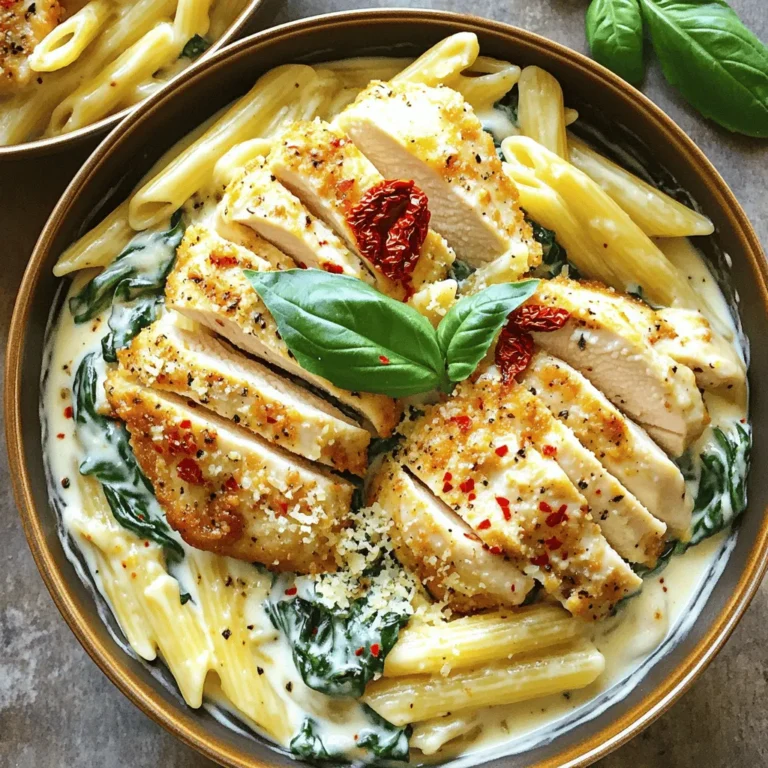 - Chicken Breasts: I use boneless and skinless chicken breasts for this dish. They cook quickly and stay juicy. Plus, they absorb all the flavors well. - Pasta Choice: Penne pasta works best for this recipe. Its tube shape holds the creamy sauce perfectly. Each bite is a burst of flavor. - Creamy Base: Heavy cream creates a rich, smooth sauce. If you want a lighter option, you can use half-and-half. It still provides a creamy texture without the full heaviness. - Italian Seasoning: This blend adds a warm, herby flavor. It brings out the best in the chicken and cream. - Smoked Paprika: I love adding smoked paprika for depth. It gives a subtle smokiness that elevates the dish. - Fresh Basil: Fresh basil adds a bright note. It enhances the dish's overall freshness and makes it more vibrant. I like to sprinkle it on top just before serving. To cook penne pasta to perfection, bring a large pot of salted water to a boil. Add the penne and stir it gently. Boil for 10-12 minutes, or until it’s al dente. Al dente means the pasta is firm to the bite. Drain the pasta in a colander and set it aside. Seasoning the chicken is key for maximum flavor. I like to use salt, pepper, Italian seasoning, and smoked paprika. Rub the seasonings on both sides of the chicken breasts for even flavor. Heat two tablespoons of olive oil in a large skillet over medium heat. Add the chicken breasts and cook for about 5-7 minutes on each side. You want them golden brown and cooked through. Once done, take them out and let them rest for a few minutes before slicing. Sautéing garlic is simple. In the same skillet, add three cloves of minced garlic. Cook it for about 30 seconds until it smells great. Pour in one cup of heavy cream and let it simmer gently. As it simmers, scrape any tasty bits from the bottom of the pan. Then, stir in one cup of chopped sun-dried tomatoes and half a cup of grated Parmesan cheese. Mix well until the cheese melts, creating a creamy sauce. Finally, add two cups of fresh spinach and cook for 2-3 minutes until it wilts. To finish, toss the cooked penne pasta in the creamy sauce. Make sure all the pasta is well coated. For serving, place the creamy pasta on plates and top with sliced chicken. Garnish with fresh basil leaves for a pop of color. Serve in deep, wide bowls for a lovely presentation. For extra flair, add more Parmesan and a sprinkle of chili flakes. This dish is sure to impress! For the complete recipe, check out the Full Recipe. Adjust seasoning to fit your taste. Start with salt and pepper. If you like spice, add chili flakes. This will give your dish a nice kick. Taste often while cooking. This ensures the flavors blend well. Using a skillet is best for this dish. It allows even cooking and nice browning. Avoid using non-stick pans, as they don't give the same flavor. Rest the chicken for a few minutes before cutting. This keeps the juices locked in, making every bite tender. To lighten the dish, try using half-and-half instead of heavy cream. You can also swap in Greek yogurt for a creamy taste without the extra fat. If you want a dairy-free option, use almond or coconut milk. These will still add a nice creaminess to the sauce. For the full recipe, check the provided details. Enjoy your cooking! {{image_2}} You can make Creamy Marry Me Chicken Pasta even better by adding veggies. Try bell peppers for a sweet crunch. Zucchini brings a fresh taste that pairs well with the creamy sauce. Mushrooms also add an earthy flavor and a nice texture. They soak up the sauce, making every bite rich and flavorful. Adding vegetables makes the dish colorful and healthy. If you want to switch up the protein, you have options. Shrimp is a great substitute. It cooks quickly and adds a nice seafood twist. Tofu works well for a vegetarian choice. It absorbs flavors from the sauce and adds protein without meat. You can also use tempeh for a nutty flavor. These alternatives keep the dish exciting and cater to different diets. Switching the pasta shape can change the dish's feel. While I love penne, you could use fusilli or farfalle for fun shapes. These pasta types hold the sauce nicely, making each bite delicious. For gluten-free options, try brown rice pasta or chickpea pasta. These alternatives are tasty and safe for those with gluten allergies. Experimenting with pasta keeps the meal interesting and caters to everyone’s needs. For the full recipe, check out the [Full Recipe]. To keep your creamy marry me chicken pasta fresh, store it in the fridge. Place leftovers in airtight containers. This helps prevent drying and keeps flavors intact. Allow the pasta to cool before sealing to avoid moisture buildup. Use glass or BPA-free plastic containers for safe storage. When it’s time to reheat, use the stovetop for best taste. Add a splash of water or cream to the pan for moisture. Heat gently over low to medium heat. Stir often to keep the dish creamy. Avoid high heat, as it can dry out the pasta. You can freeze this dish, but it's best to do it before adding fresh spinach. The spinach can turn mushy when thawed. If you freeze it, use freezer-safe containers. When ready to eat, thaw overnight in the fridge. Reheat gently on the stovetop, adding a bit of cream to restore creaminess. For the full recipe, check the earlier section. Creamy Marry Me Chicken Pasta is a rich, comforting dish. It features tender chicken breasts and creamy sauce. The flavors blend sun-dried tomatoes, garlic, and fresh spinach. The penne pasta absorbs every bit of the creamy goodness. This dish is perfect for a cozy dinner or a special date night. Yes, you can make it ahead of time! Prepare the chicken and sauce, then store them separately. Cool them before placing in airtight containers. When you’re ready to eat, simply reheat the sauce and toss it with fresh pasta. This keeps the pasta from getting mushy. Enjoy a quick meal without the fuss. This pasta pairs well with many sides. Here are a few suggestions: - Garlic bread for a crunchy contrast. - A simple green salad for freshness. - Roasted vegetables for added nutrition. - Steamed broccoli for a pop of color. Each option enhances the meal and balances the rich pasta. To lighten this dish, consider these swaps: - Use chicken breast without skin for less fat. - Substitute heavy cream with Greek yogurt or cashew cream. - Choose whole wheat pasta for extra fiber. - Add more vegetables like zucchini or bell peppers for volume. These changes keep the flavor while reducing calories. Absolutely! You can adjust the spice levels to fit your taste. If you like heat, add red pepper flakes. For a milder flavor, skip the smoked paprika. You can also use fresh herbs like thyme for a different taste. Just remember to taste as you go! You learned how to make Creamy Marry Me Chicken Pasta, from key ingredients to storage. The right chicken and pasta help create a great dish. Seasoning brings out the flavors, while techniques ensure the best results. Feel free to customize with veggies or proteins. When you're done cooking, use good storage methods and reheating tips. Enjoy this dish your way! It’s sure to impress with every bite.
