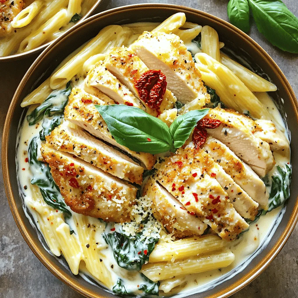 - Chicken Breasts: I use boneless and skinless chicken breasts for this dish. They cook quickly and stay juicy. Plus, they absorb all the flavors well. - Pasta Choice: Penne pasta works best for this recipe. Its tube shape holds the creamy sauce perfectly. Each bite is a burst of flavor. - Creamy Base: Heavy cream creates a rich, smooth sauce. If you want a lighter option, you can use half-and-half. It still provides a creamy texture without the full heaviness. - Italian Seasoning: This blend adds a warm, herby flavor. It brings out the best in the chicken and cream. - Smoked Paprika: I love adding smoked paprika for depth. It gives a subtle smokiness that elevates the dish. - Fresh Basil: Fresh basil adds a bright note. It enhances the dish's overall freshness and makes it more vibrant. I like to sprinkle it on top just before serving. To cook penne pasta to perfection, bring a large pot of salted water to a boil. Add the penne and stir it gently. Boil for 10-12 minutes, or until it’s al dente. Al dente means the pasta is firm to the bite. Drain the pasta in a colander and set it aside. Seasoning the chicken is key for maximum flavor. I like to use salt, pepper, Italian seasoning, and smoked paprika. Rub the seasonings on both sides of the chicken breasts for even flavor. Heat two tablespoons of olive oil in a large skillet over medium heat. Add the chicken breasts and cook for about 5-7 minutes on each side. You want them golden brown and cooked through. Once done, take them out and let them rest for a few minutes before slicing. Sautéing garlic is simple. In the same skillet, add three cloves of minced garlic. Cook it for about 30 seconds until it smells great. Pour in one cup of heavy cream and let it simmer gently. As it simmers, scrape any tasty bits from the bottom of the pan. Then, stir in one cup of chopped sun-dried tomatoes and half a cup of grated Parmesan cheese. Mix well until the cheese melts, creating a creamy sauce. Finally, add two cups of fresh spinach and cook for 2-3 minutes until it wilts. To finish, toss the cooked penne pasta in the creamy sauce. Make sure all the pasta is well coated. For serving, place the creamy pasta on plates and top with sliced chicken. Garnish with fresh basil leaves for a pop of color. Serve in deep, wide bowls for a lovely presentation. For extra flair, add more Parmesan and a sprinkle of chili flakes. This dish is sure to impress! For the complete recipe, check out the Full Recipe. Adjust seasoning to fit your taste. Start with salt and pepper. If you like spice, add chili flakes. This will give your dish a nice kick. Taste often while cooking. This ensures the flavors blend well. Using a skillet is best for this dish. It allows even cooking and nice browning. Avoid using non-stick pans, as they don't give the same flavor. Rest the chicken for a few minutes before cutting. This keeps the juices locked in, making every bite tender. To lighten the dish, try using half-and-half instead of heavy cream. You can also swap in Greek yogurt for a creamy taste without the extra fat. If you want a dairy-free option, use almond or coconut milk. These will still add a nice creaminess to the sauce. For the full recipe, check the provided details. Enjoy your cooking! {{image_2}} You can make Creamy Marry Me Chicken Pasta even better by adding veggies. Try bell peppers for a sweet crunch. Zucchini brings a fresh taste that pairs well with the creamy sauce. Mushrooms also add an earthy flavor and a nice texture. They soak up the sauce, making every bite rich and flavorful. Adding vegetables makes the dish colorful and healthy. If you want to switch up the protein, you have options. Shrimp is a great substitute. It cooks quickly and adds a nice seafood twist. Tofu works well for a vegetarian choice. It absorbs flavors from the sauce and adds protein without meat. You can also use tempeh for a nutty flavor. These alternatives keep the dish exciting and cater to different diets. Switching the pasta shape can change the dish's feel. While I love penne, you could use fusilli or farfalle for fun shapes. These pasta types hold the sauce nicely, making each bite delicious. For gluten-free options, try brown rice pasta or chickpea pasta. These alternatives are tasty and safe for those with gluten allergies. Experimenting with pasta keeps the meal interesting and caters to everyone’s needs. For the full recipe, check out the [Full Recipe]. To keep your creamy marry me chicken pasta fresh, store it in the fridge. Place leftovers in airtight containers. This helps prevent drying and keeps flavors intact. Allow the pasta to cool before sealing to avoid moisture buildup. Use glass or BPA-free plastic containers for safe storage. When it’s time to reheat, use the stovetop for best taste. Add a splash of water or cream to the pan for moisture. Heat gently over low to medium heat. Stir often to keep the dish creamy. Avoid high heat, as it can dry out the pasta. You can freeze this dish, but it's best to do it before adding fresh spinach. The spinach can turn mushy when thawed. If you freeze it, use freezer-safe containers. When ready to eat, thaw overnight in the fridge. Reheat gently on the stovetop, adding a bit of cream to restore creaminess. For the full recipe, check the earlier section. Creamy Marry Me Chicken Pasta is a rich, comforting dish. It features tender chicken breasts and creamy sauce. The flavors blend sun-dried tomatoes, garlic, and fresh spinach. The penne pasta absorbs every bit of the creamy goodness. This dish is perfect for a cozy dinner or a special date night. Yes, you can make it ahead of time! Prepare the chicken and sauce, then store them separately. Cool them before placing in airtight containers. When you’re ready to eat, simply reheat the sauce and toss it with fresh pasta. This keeps the pasta from getting mushy. Enjoy a quick meal without the fuss. This pasta pairs well with many sides. Here are a few suggestions: - Garlic bread for a crunchy contrast. - A simple green salad for freshness. - Roasted vegetables for added nutrition. - Steamed broccoli for a pop of color. Each option enhances the meal and balances the rich pasta. To lighten this dish, consider these swaps: - Use chicken breast without skin for less fat. - Substitute heavy cream with Greek yogurt or cashew cream. - Choose whole wheat pasta for extra fiber. - Add more vegetables like zucchini or bell peppers for volume. These changes keep the flavor while reducing calories. Absolutely! You can adjust the spice levels to fit your taste. If you like heat, add red pepper flakes. For a milder flavor, skip the smoked paprika. You can also use fresh herbs like thyme for a different taste. Just remember to taste as you go! You learned how to make Creamy Marry Me Chicken Pasta, from key ingredients to storage. The right chicken and pasta help create a great dish. Seasoning brings out the flavors, while techniques ensure the best results. Feel free to customize with veggies or proteins. When you're done cooking, use good storage methods and reheating tips. Enjoy this dish your way! It’s sure to impress with every bite.