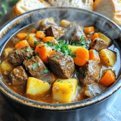 To make a hearty beef stew, gather these key items: - 2 lbs beef chuck, cut into 1-inch cubes - 4 medium carrots, sliced - 3 medium potatoes, diced - 1 onion, chopped - 3 cloves garlic, minced - 4 cups beef broth - 2 tablespoons tomato paste - 1 teaspoon dried thyme - 1 teaspoon dried rosemary - 1 bay leaf - Salt and black pepper to taste - 2 tablespoons olive oil - 1 tablespoon Worcestershire sauce - 1 cup frozen peas These ingredients create a rich and cozy stew. Each item plays a role, from the beef providing protein to the veggies adding color and taste. You can enhance your stew with these extra flavors: - 1 cup red wine for depth - 1 tablespoon soy sauce for umami - A pinch of cayenne for heat - Fresh herbs like parsley or basil for freshness Adding these helps create layers of taste. Feel free to mix and match based on what you have! Don’t worry if you lack something; here are some swaps: - Use chicken or vegetable broth instead of beef broth. - Try sweet potatoes instead of regular potatoes. - Use any root vegetable, like parsnips or turnips, in place of carrots. - Ground beef can replace beef chuck if needed. These substitutions keep the stew tasty. You can customize based on what you enjoy or have at home. For the full recipe, check out the recipe section above! First, gather your ingredients. You need beef chuck, carrots, potatoes, onion, and garlic. Cut the beef into 1-inch cubes. Slice the carrots and dice the potatoes. Chop the onion and mince the garlic. This prep sets you up for a smooth cooking process. Now, set your Instant Pot to the 'Sauté' function. Pour in the olive oil and let it heat up. Add the beef cubes and season them with salt and pepper. Brown the beef on all sides for 5 to 7 minutes. Once browned, take the beef out and set it aside. In the same pot, add the chopped onion and minced garlic. Sauté these for 2 to 3 minutes until the onion looks clear. Next, stir in the tomato paste and Worcestershire sauce. This adds flavor and helps to deglaze the pot. Scrape the bottom to get all the tasty bits. After that, return the beef to the pot. Add the carrots, potatoes, thyme, rosemary, bay leaf, and beef broth. Stir everything well. Close the lid and make sure the vent is sealed. Set the Instant Pot to 'Manual' or 'Pressure Cook' on high for 35 minutes. Once the time is up, let the pressure release naturally for 10 minutes. Then, carefully turn the vent to release any remaining pressure. Open the lid and stir in the frozen peas. Let it sit for 5 minutes to warm the peas. Before serving, taste the stew and add more salt or pepper if needed. Serve the stew hot in deep bowls. Garnish with fresh chopped parsley for a bright touch. Enjoy it with crusty bread for dipping. For the full recipe, check the earlier section. To make beef tender, start with the right cut. I use beef chuck. It has fat and collagen, which break down during cooking. This gives a rich flavor and softness. Sear the beef first to lock in juices. Browning adds depth to the stew. Make sure to brown all sides for the best taste. Meal prep can save you time. Chop your veggies the night before. Store them in the fridge. You can also cut the beef into cubes early. Having everything ready makes cooking quick. Use your Instant Pot to speed up the cooking. A pressure cooker cuts the time needed for tender beef. To boost flavor, use fresh herbs. Thyme and rosemary add a nice touch. Don’t skip the garlic and onion; they build a great base. Adding tomato paste gives a robust taste. Lastly, deglaze the pot after browning the beef. Scrape up those bits for extra flavor. For a twist, add a splash of red wine or a bit of Worcestershire sauce. This enhances the stew's taste. For the complete cooking process, check the Full Recipe. {{image_2}} You can switch the beef for other meats. Try using chicken or pork. Both options cook well in the Instant Pot. Each will give a new flavor to your stew. For chicken, use 2 lbs of boneless thighs for juicy bites. For pork, use shoulder or loin. Adjust cooking time to about 25 minutes. These meats also absorb the stew's flavors well. You can make a tasty stew without meat too. Use hearty vegetables like mushrooms or lentils. Replace beef broth with vegetable broth for a rich base. Add beans, such as kidney or chickpeas, for protein. To keep it vegan, skip the Worcestershire sauce. Choose a vegan-friendly brand instead. Add a splash of soy sauce for depth. Feel free to mix in seasonal veggies. In winter, add root veggies like parsnips or turnips. In spring, toss in fresh peas and asparagus. In summer, zucchini and bell peppers work great. Fall calls for butternut squash or sweet potatoes. These additions bring color and nutrition to your meal. Always adjust the cooking time for tender veggies. For more ideas, check the Full Recipe. After you finish your beef stew, let it cool. Use an airtight container to keep leftovers fresh. Store them in the fridge for up to four days. Make sure to label the container with the date. This helps you remember when you made it. When you are ready to enjoy your stew again, you can reheat it. Pour the stew into a pot. Heat it on medium until it bubbles, stirring often. You can also use the microwave. Put it in a microwave-safe bowl and heat for 1-2 minutes. Stir and check the temperature. Make sure it is hot all the way through. If you want to save your stew for later, freezing is a great option. First, let it cool completely. Then, pour it into freezer-safe bags or containers. Try to remove as much air as you can before sealing. You can freeze beef stew for up to three months. When you are ready to eat, thaw it in the fridge overnight. Reheat as instructed above. For more details about making this stew, check the Full Recipe. Making Instant Pot beef stew takes about one hour. This includes 15 minutes of prep time. The actual cooking time in the pot is about 35 minutes. After cooking, let the pressure release for 10 minutes. This quick process makes it easy to enjoy a hearty meal. Yes, you can use frozen beef. However, it will need more cooking time. If your beef is frozen, add an extra 10-15 minutes to the pressure cooking time. Make sure to cut the beef into smaller pieces before freezing. This helps it cook evenly. Beef stew pairs well with many sides. Here are some great options: - Crusty bread for dipping - Mashed potatoes for creaminess - Rice for added texture - A fresh green salad for crunch - Steamed vegetables for a healthy touch These sides complement the rich flavors of the stew and make your meal feel complete. For the full recipe, check the link above. In this blog post, we explored the key ingredients for a tasty Instant Pot beef stew. You learned how to prepare beef and veggies and the cooking steps involved. I also shared tips for tender beef and time-saving meal prep. Plus, you can customize your dish with various proteins or make it vegetarian. Remember, proper storage keeps your leftovers fresh. With this guide, you can enjoy a delicious meal anytime. Happy cooking!