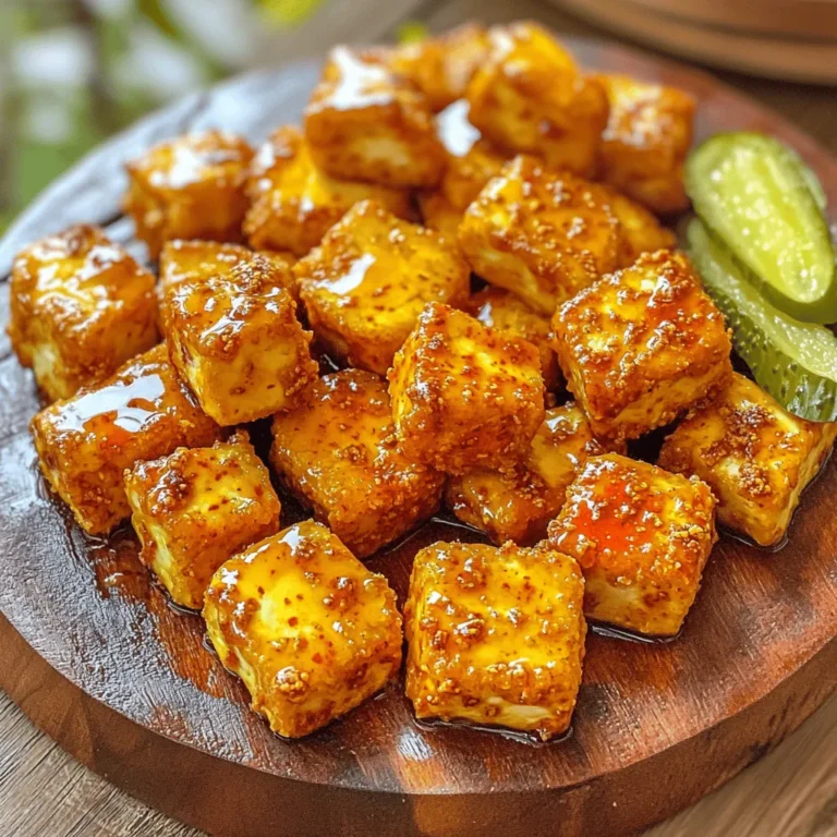 To make Vegan Nashville Hot Tofu Nuggets, gather the following ingredients: - 16 oz firm tofu, pressed and cubed - 1 cup plant-based milk (such as almond or soy) - 1 tablespoon apple cider vinegar - 1 cup all-purpose flour - 1 cup cornmeal - 2 teaspoons garlic powder - 2 teaspoons onion powder - 1 teaspoon smoked paprika - 1 teaspoon cayenne pepper (adjust to spice preference) - 1 teaspoon salt - 1 teaspoon black pepper - 1 tablespoon maple syrup - ¼ cup hot chili oil (homemade or store-bought) - Fresh pickles, for serving - Sliced bread or buns, for serving (optional) These ingredients create a bold and flavorful dish. The firm tofu serves as the base. It absorbs the spices and becomes crispy. The plant-based milk, mixed with vinegar, acts like buttermilk. This adds a tangy flavor. The flour and cornmeal create a crunchy coating. The spices like garlic powder and smoked paprika bring warmth and depth. Cayenne pepper adds heat, which you can adjust to your liking. Maple syrup balances the spice, making it delicious. Hot chili oil gives a strong kick and makes the dish stand out. Fresh pickles add a tangy crunch when you serve the nuggets. Sliced bread or buns can make a tasty sandwich. This recipe is simple and fun. You can find the full recipe in the provided section. Enjoy creating this spicy vegan delight! - Preheat your oven to 400°F (200°C). - Cut the firm tofu into nugget-sized cubes. This makes them easy to handle and cook. - In a bowl, mix 1 cup of plant-based milk with 1 tablespoon of apple cider vinegar. - Let this sit for about 5 minutes. It will thicken and curdle a bit, creating a vegan buttermilk. - In one bowl, combine 1 cup of all-purpose flour with garlic powder, onion powder, smoked paprika, salt, and black pepper. - In another bowl, prepare the cornmeal mix with 1 cup of cornmeal and 1 teaspoon of cayenne pepper. - First, dip each tofu nugget in the flour mix. Be sure to coat it well. - Next, dip it into the buttermilk mixture, letting any extra drip off. - Finally, roll it in the cornmeal mix for a crunchy finish. - Place the coated nuggets on a baking sheet lined with parchment paper. - Bake them for 25-30 minutes, flipping halfway to ensure they cook evenly. - In a small bowl, mix ¼ cup of hot chili oil with 1 tablespoon of maple syrup. - You can adjust the spice level by adding more cayenne if you like it hot. - Once baked, transfer the nuggets to a bowl. - Toss them in the hot oil glaze until they are well-coated. - Serve warm with fresh pickles and optional bread for a complete meal. For the full recipe, check the details above. To get that perfect crunch, pay close attention to your coating technique. Start by fully coating each tofu nugget in the flour mix. Make sure no spots are bare. After that, dip the nugget in the vegan buttermilk. Let any extra liquid drip off. Finally, roll it in the cornmeal mix. This three-step process ensures a crispy crust. When baking, avoid overcrowding the baking sheet. If nuggets are too close, they will steam, not bake. Leave space between each nugget. This allows heat to circulate and gives you that crunch you want. Want to control the heat? You can easily adjust the cayenne pepper. If you love spice, add more. If you prefer milder flavors, use less. Taste as you go. This way, you can find the right balance for your palate. Also, to balance heat, try adding maple syrup. Sweetness can cut through the spice. Start with a tablespoon and see how it feels. You can always add more later. These nuggets shine when served with sides. Try crispy fries or a fresh salad. They also pair well with dips like vegan ranch or spicy mayo. For drinks, a cold lemonade or sweet tea complements the heat nicely. For a fun twist, serve them on buns. Add pickles for a crunchy contrast. This makes a tasty sandwich that everyone will love. Check out the Full Recipe to master these nuggets! {{image_2}} If you want to switch things up, consider using seitan or tempeh. Both add unique textures and flavors. Seitan has a chewy, meat-like quality, while tempeh offers a nutty taste. For a gluten-free option, use chickpea flour or a mix of gluten-free flours. This way, you can enjoy crispy nuggets without the gluten. Get creative with spices! You can add cumin, paprika, or even a hint of cinnamon for a twist. Fresh herbs like thyme or rosemary can also bring in fresh flavors. Marinades are another fun idea. Try soaking the tofu in soy sauce or a lemon-garlic mix before breading. This makes the nuggets even more flavorful! Think beyond just nuggets! You can serve them in homemade sandwiches with lettuce and pickles for a tasty meal. Another fun idea is to stack them on skewers with veggies for a colorful presentation. Serve them with dips like vegan mayo or hot sauce for added flavor. These nuggets are great as a snack or a main dish! To keep your Vegan Nashville Hot Tofu Nuggets fresh, store them properly. First, let the nuggets cool down to room temperature. Place them in an airtight container. This helps prevent moisture loss and keeps them crispy. If you need to freeze them, use freezer-safe bags. Remove as much air as you can to avoid freezer burn. To enjoy your nuggets again, reheating is key. For the best crispiness, use the oven. Preheat it to 375°F (190°C). Spread the nuggets out on a baking sheet. Bake them for about 10-15 minutes. This method keeps them crunchy. If you're in a hurry, the microwave works too. Just remember, it can make them soft. Heat for 1-2 minutes, but check often. In the fridge, these nuggets last about 3-4 days. Make sure to place them in the airtight container. If you freeze them, they can last up to 3 months. When ready to eat, thaw overnight in the fridge before reheating. This way, they will taste fresh and delicious. Enjoy the full recipe for your cooking adventure! Yes, you can use silken or extra-firm tofu. Silken tofu offers a softer texture. It's great for blending into sauces but may not hold shape for nuggets. Extra-firm tofu works well for a chewier bite. It holds its shape better during cooking. If you opt for silken tofu, consider baking it longer for better texture. To make this recipe gluten-free, substitute all-purpose flour with gluten-free flour. You can use rice flour or chickpea flour. For the cornmeal, ensure it is labeled gluten-free. This swap keeps the texture crispy while avoiding gluten. Always check labels on store-bought ingredients for hidden gluten. Hot chili oil adds great flavor and heat. However, you can use regular vegetable oil mixed with red pepper flakes. This gives you a similar spice without the chili oil. You can also try using sriracha or another hot sauce as a substitute. Adjust the amount based on your heat preference. Yes, leftovers can be reheated. The best method is to use an oven or air fryer. Reheat at 350°F (175°C) for about 10-15 minutes. This way, they stay crispy. Avoid the microwave, as it can make them soggy. For best results, place them on a wire rack to allow airflow. Nashville hot chicken is a Southern dish that began in Nashville, Tennessee. The story goes that a woman made it to get back at her man for cheating. She coated fried chicken in hot spices. This spicy dish gained popularity over the years. Now, it has many vegan adaptations, like our nuggets. These versions keep the flavor while being plant-based. You can enjoy a taste of Nashville without meat! In this blog post, we explored a tasty vegan version of Nashville hot chicken. You learned how to prepare crispy tofu nuggets and create a flavorful hot oil glaze. We covered tips for perfecting the dish, along with variations and storage suggestions. Enjoy customizing the spice levels and serving styles to fit your taste. This recipe not only satisfies cravings but also allows for creativity in the kitchen. Try it out and enjoy each bite of your homemade, plant-based delight!