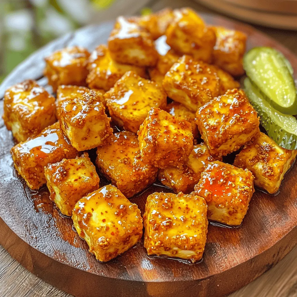 To make Vegan Nashville Hot Tofu Nuggets, gather the following ingredients: - 16 oz firm tofu, pressed and cubed - 1 cup plant-based milk (such as almond or soy) - 1 tablespoon apple cider vinegar - 1 cup all-purpose flour - 1 cup cornmeal - 2 teaspoons garlic powder - 2 teaspoons onion powder - 1 teaspoon smoked paprika - 1 teaspoon cayenne pepper (adjust to spice preference) - 1 teaspoon salt - 1 teaspoon black pepper - 1 tablespoon maple syrup - ¼ cup hot chili oil (homemade or store-bought) - Fresh pickles, for serving - Sliced bread or buns, for serving (optional) These ingredients create a bold and flavorful dish. The firm tofu serves as the base. It absorbs the spices and becomes crispy. The plant-based milk, mixed with vinegar, acts like buttermilk. This adds a tangy flavor. The flour and cornmeal create a crunchy coating. The spices like garlic powder and smoked paprika bring warmth and depth. Cayenne pepper adds heat, which you can adjust to your liking. Maple syrup balances the spice, making it delicious. Hot chili oil gives a strong kick and makes the dish stand out. Fresh pickles add a tangy crunch when you serve the nuggets. Sliced bread or buns can make a tasty sandwich. This recipe is simple and fun. You can find the full recipe in the provided section. Enjoy creating this spicy vegan delight! - Preheat your oven to 400°F (200°C). - Cut the firm tofu into nugget-sized cubes. This makes them easy to handle and cook. - In a bowl, mix 1 cup of plant-based milk with 1 tablespoon of apple cider vinegar. - Let this sit for about 5 minutes. It will thicken and curdle a bit, creating a vegan buttermilk. - In one bowl, combine 1 cup of all-purpose flour with garlic powder, onion powder, smoked paprika, salt, and black pepper. - In another bowl, prepare the cornmeal mix with 1 cup of cornmeal and 1 teaspoon of cayenne pepper. - First, dip each tofu nugget in the flour mix. Be sure to coat it well. - Next, dip it into the buttermilk mixture, letting any extra drip off. - Finally, roll it in the cornmeal mix for a crunchy finish. - Place the coated nuggets on a baking sheet lined with parchment paper. - Bake them for 25-30 minutes, flipping halfway to ensure they cook evenly. - In a small bowl, mix ¼ cup of hot chili oil with 1 tablespoon of maple syrup. - You can adjust the spice level by adding more cayenne if you like it hot. - Once baked, transfer the nuggets to a bowl. - Toss them in the hot oil glaze until they are well-coated. - Serve warm with fresh pickles and optional bread for a complete meal. For the full recipe, check the details above. To get that perfect crunch, pay close attention to your coating technique. Start by fully coating each tofu nugget in the flour mix. Make sure no spots are bare. After that, dip the nugget in the vegan buttermilk. Let any extra liquid drip off. Finally, roll it in the cornmeal mix. This three-step process ensures a crispy crust. When baking, avoid overcrowding the baking sheet. If nuggets are too close, they will steam, not bake. Leave space between each nugget. This allows heat to circulate and gives you that crunch you want. Want to control the heat? You can easily adjust the cayenne pepper. If you love spice, add more. If you prefer milder flavors, use less. Taste as you go. This way, you can find the right balance for your palate. Also, to balance heat, try adding maple syrup. Sweetness can cut through the spice. Start with a tablespoon and see how it feels. You can always add more later. These nuggets shine when served with sides. Try crispy fries or a fresh salad. They also pair well with dips like vegan ranch or spicy mayo. For drinks, a cold lemonade or sweet tea complements the heat nicely. For a fun twist, serve them on buns. Add pickles for a crunchy contrast. This makes a tasty sandwich that everyone will love. Check out the Full Recipe to master these nuggets! {{image_2}} If you want to switch things up, consider using seitan or tempeh. Both add unique textures and flavors. Seitan has a chewy, meat-like quality, while tempeh offers a nutty taste. For a gluten-free option, use chickpea flour or a mix of gluten-free flours. This way, you can enjoy crispy nuggets without the gluten. Get creative with spices! You can add cumin, paprika, or even a hint of cinnamon for a twist. Fresh herbs like thyme or rosemary can also bring in fresh flavors. Marinades are another fun idea. Try soaking the tofu in soy sauce or a lemon-garlic mix before breading. This makes the nuggets even more flavorful! Think beyond just nuggets! You can serve them in homemade sandwiches with lettuce and pickles for a tasty meal. Another fun idea is to stack them on skewers with veggies for a colorful presentation. Serve them with dips like vegan mayo or hot sauce for added flavor. These nuggets are great as a snack or a main dish! To keep your Vegan Nashville Hot Tofu Nuggets fresh, store them properly. First, let the nuggets cool down to room temperature. Place them in an airtight container. This helps prevent moisture loss and keeps them crispy. If you need to freeze them, use freezer-safe bags. Remove as much air as you can to avoid freezer burn. To enjoy your nuggets again, reheating is key. For the best crispiness, use the oven. Preheat it to 375°F (190°C). Spread the nuggets out on a baking sheet. Bake them for about 10-15 minutes. This method keeps them crunchy. If you're in a hurry, the microwave works too. Just remember, it can make them soft. Heat for 1-2 minutes, but check often. In the fridge, these nuggets last about 3-4 days. Make sure to place them in the airtight container. If you freeze them, they can last up to 3 months. When ready to eat, thaw overnight in the fridge before reheating. This way, they will taste fresh and delicious. Enjoy the full recipe for your cooking adventure! Yes, you can use silken or extra-firm tofu. Silken tofu offers a softer texture. It's great for blending into sauces but may not hold shape for nuggets. Extra-firm tofu works well for a chewier bite. It holds its shape better during cooking. If you opt for silken tofu, consider baking it longer for better texture. To make this recipe gluten-free, substitute all-purpose flour with gluten-free flour. You can use rice flour or chickpea flour. For the cornmeal, ensure it is labeled gluten-free. This swap keeps the texture crispy while avoiding gluten. Always check labels on store-bought ingredients for hidden gluten. Hot chili oil adds great flavor and heat. However, you can use regular vegetable oil mixed with red pepper flakes. This gives you a similar spice without the chili oil. You can also try using sriracha or another hot sauce as a substitute. Adjust the amount based on your heat preference. Yes, leftovers can be reheated. The best method is to use an oven or air fryer. Reheat at 350°F (175°C) for about 10-15 minutes. This way, they stay crispy. Avoid the microwave, as it can make them soggy. For best results, place them on a wire rack to allow airflow. Nashville hot chicken is a Southern dish that began in Nashville, Tennessee. The story goes that a woman made it to get back at her man for cheating. She coated fried chicken in hot spices. This spicy dish gained popularity over the years. Now, it has many vegan adaptations, like our nuggets. These versions keep the flavor while being plant-based. You can enjoy a taste of Nashville without meat! In this blog post, we explored a tasty vegan version of Nashville hot chicken. You learned how to prepare crispy tofu nuggets and create a flavorful hot oil glaze. We covered tips for perfecting the dish, along with variations and storage suggestions. Enjoy customizing the spice levels and serving styles to fit your taste. This recipe not only satisfies cravings but also allows for creativity in the kitchen. Try it out and enjoy each bite of your homemade, plant-based delight!