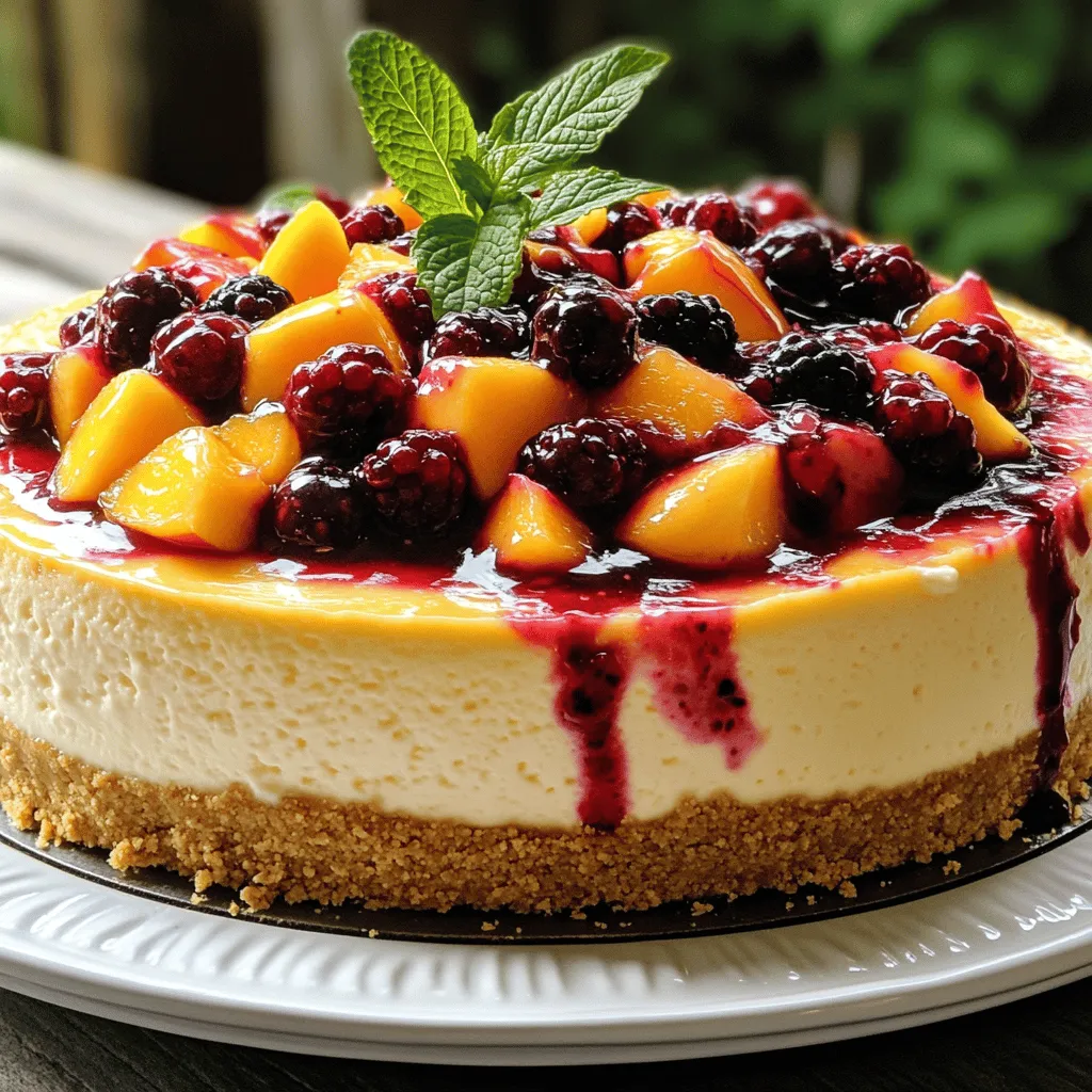 - 1 ½ cups graham cracker crumbs - 16 oz cream cheese - 2 cups fresh peaches, chopped - 1 cup mixed berries (strawberries, blueberries, raspberries) - ⅓ cup sugar (for crust) - ½ cup unsalted butter - 1 cup sugar (for filling) - 3 large eggs - 1 teaspoon vanilla extract - 1 cup sour cream - Zest of 1 lemon When making your Berry Peach Cheesecake, you need to gather all your key ingredients. The graham cracker crumbs create a sweet and crunchy base. Cream cheese adds that rich and creamy texture. Fresh peaches give a fruity flavor, while the mixed berries add a splash of color and tang. For the crust, you mix graham cracker crumbs with sugar and melted butter. This mixture holds together and creates a tasty bottom layer. The filling requires cream cheese, sugar, sour cream, and eggs. Each ingredient adds a special touch. The vanilla extract enhances the flavor, while lemon zest brings a bright note. These ingredients come together to make a cheesecake that is fresh, fruity, and very satisfying. You can find the full recipe to guide you through the steps. Enjoy making this delicious dessert! 1. Preheat your oven to 325°F (163°C). Grease a 9-inch springform pan. 2. In a mixing bowl, combine: - 1 ½ cups graham cracker crumbs - ⅓ cup sugar - ½ cup unsalted butter, melted 3. Mix these together until the crumbs are evenly moistened. 4. Press this mixture firmly into the bottom of the pan to form a crust. 5. Bake the crust for 10 minutes, then remove it to cool. 1. In a large bowl, beat 16 oz of softened cream cheese until smooth. 2. Add: - 1 cup sour cream - 1 cup sugar - 1 teaspoon vanilla extract 3. Mix these ingredients well until they are fully combined. 4. Add 3 large eggs, one at a time. Mix on low speed after each egg until just combined. 1. Gently fold in: - Zest of 1 lemon - 2 cups fresh peaches, chopped - 1 cup mixed berries (strawberries, blueberries, raspberries) 2. Pour this filling over the cooled crust in the springform pan. 3. Bake for about 50-60 minutes. The edges should be set, and the center will be slightly jiggly. 4. Turn off the oven and crack the door open. Let the cheesecake cool in the oven for 1 hour. 5. Remove it and let it cool to room temperature. 6. Refrigerate for at least 4 hours, or overnight, before slicing and serving. - Checking doneness: To check if your cheesecake is done, look for firm edges. The center should jiggle slightly. This means it is ready. - Importance of cooling slowly in the oven: After baking, turn off the oven and crack the door. Let it cool slowly inside for about an hour. This helps prevent cracks on top. - How long to refrigerate before serving: Chill the cheesecake for at least four hours, but overnight is best. This helps the flavors blend and makes slicing easier. - Serving suggestions and garnishing ideas: Serve slices on pretty dessert plates. Add a drizzle of berry sauce and a sprig of mint on top for color. You can also add fresh berries for a nice touch. - Using berry sauce for added flair: A berry sauce adds sweetness and color. Just blend some mixed berries with sugar and a bit of lemon juice. Drizzle it over the cheesecake for a stunning look. - Best mixing tools: Use an electric mixer for smooth cream cheese. A spatula helps fold in the fruit without breaking it. - Recommended springform pan: A 9-inch springform pan works best. It makes it easy to remove the cheesecake without damage. {{image_2}} You can switch peaches for other fruits. Try using ripe mangoes or juicy plums. Seasonal fruits work great too. Think fresh strawberries or blackberries in summer. Adjust the berry mix to fit your taste. A mix of blueberries and raspberries adds nice flavor. You can also change the crust to suit your needs. An Oreo crust brings a chocolate twist. If you prefer nuts, try an almond crust for a unique taste. There are gluten-free options too! Use gluten-free graham crackers for a similar texture. Want a vegan version? You can substitute cream cheese with cashew cheese. For sour cream, use coconut yogurt. You can replace eggs with flaxseed meal or applesauce. This way, you keep the cheesecake creamy and delicious without dairy. To keep your Berry Peach Cheesecake fresh, cover it tightly with plastic wrap. You can also use a cake dome. This method prevents it from absorbing other smells in the fridge. Store it in the refrigerator for up to 5 days. If you have a slice left after a party, it should be safe to eat for this time. If you want to save your cheesecake for later, freezing is a great option. First, let the cheesecake cool completely. Wrap it in plastic wrap and then place it in a freezer bag or airtight container. This keeps the texture nice and creamy. You can freeze it for up to 3 months. To thaw, move the cheesecake to the fridge for 24 hours. This slow method helps maintain its flavor and texture. You can also let it sit at room temperature for about 2 hours before serving if you're in a hurry. You can tell the cheesecake is done by checking a few signs. First, the edges should be set and look firm. The center will still be a bit jiggly. This is normal and part of the jiggle test. It will firm up as it cools. If the edges are browning, it may be overbaked. Yes, you can make this cheesecake in advance. I recommend making it a day before you plan to serve it. This gives the flavors time to meld together. Just store it in the fridge after it cools. It will taste even better the next day! This cheesecake pairs well with many drinks. You can serve it with coffee for a warm touch. A cup of tea adds a nice flavor too. If you prefer something stronger, a glass of dessert wine works great. Each drink enhances the fruity flavors in the cheesecake. For the complete recipe, check out the [Full Recipe](#). Berry peach cheesecake is a tasty treat that's easy to make. We covered key ingredients like cream cheese and fresh fruit, plus simple steps to bake it right. Remember to let it cool slowly for best results. You can swap fruits or modify the crust to fit your taste. Store leftovers properly to enjoy them later. With these tips, your cheesecake will impress everyone! Happy baking!