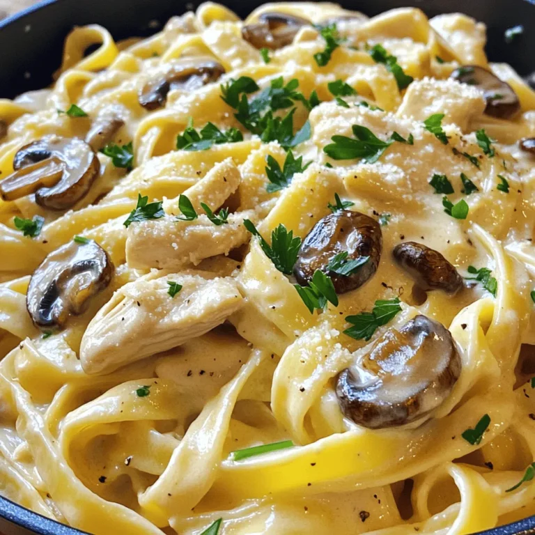 When making creamy chicken mushroom pasta, gathering all the right ingredients is key. Here’s what you’ll need: - 300g pasta (fettuccine or penne) - 2 boneless, skinless chicken breasts, sliced - 200g mushrooms, sliced (cremini or button) - 1 cup heavy cream - 1 cup chicken broth - 1 cup Parmesan cheese, grated - 2 cloves garlic, minced - 1 small onion, finely chopped - 2 tablespoons olive oil - 1 teaspoon Italian seasoning - Salt and pepper to taste - Fresh parsley, chopped (for garnish) These ingredients come together to create a rich and savory dish. The pasta serves as a base, while the chicken adds protein. Mushrooms bring in earthy flavors, enhancing the overall taste. Heavy cream and chicken broth create a luscious sauce that binds everything together. Parmesan cheese adds a nutty finish, and fresh parsley gives a pop of color. This recipe is simple yet satisfying. You can easily find these ingredients at your local grocery store. For the full recipe, check the details below. To cook pasta al dente, fill a large pot with water. Add a good amount of salt. Bring the water to a boil. Then, add your pasta, either fettuccine or penne. Stir occasionally to prevent sticking. Cook according to the package instructions. Al dente means the pasta is firm, yet tender. When done, drain the pasta. Save a cup of that pasta water for later. For the chicken, slice the boneless breasts into strips. Season them with salt, pepper, and Italian seasoning. Heat one tablespoon of olive oil in a large skillet over medium heat. Add the chicken and sauté for about 5 to 7 minutes. Cook until the chicken is no longer pink. Once done, remove the chicken and set it aside. Next, it's time for the veggies. In the same skillet, add the other tablespoon of olive oil. Toss in the finely chopped onion first. Cook for about 2 to 3 minutes until it turns translucent. Then, add minced garlic and sliced mushrooms. Stir and sauté for 5 to 7 minutes until the mushrooms are tender and browned. This step adds great flavor to your dish. Now, let’s make the creamy sauce. Reduce the heat to low. Pour in the chicken broth, scraping the pan's bottom to deglaze. This releases all those tasty bits. After that, add the heavy cream. Stir well and bring it to a gentle simmer. Let it cook for 3 to 4 minutes until it thickens slightly. This makes the sauce rich and creamy. Time to bring it all together! Stir in the cooked chicken and grated Parmesan cheese. The cheese should melt and blend into the sauce. If the sauce seems too thick, add a little reserved pasta water. This helps adjust the consistency for a perfect creamy texture. Add the drained pasta to the skillet. Toss gently to coat the pasta in the creamy sauce. Make sure every piece is covered. For serving, plate the creamy chicken mushroom pasta nicely. Garnish with fresh parsley and more Parmesan cheese if you like. Enjoy your delicious meal! For a full recipe, check out the linked guide. To make your creamy chicken mushroom pasta shine, use fresh herbs. Fresh parsley or basil adds a bright taste. Just sprinkle them on top before serving. This small step boosts the flavor. To achieve a richer sauce, add cheese slowly. Use Parmesan cheese for a creamy texture. Stir it in after cooking the chicken and before adding the pasta. This process makes the sauce extra smooth and tasty. One big mistake is overcooking the pasta. Follow the package instructions for al dente. This keeps the pasta firm and helps it soak up the sauce. Soft pasta can turn mushy in the dish. Another mistake is skipping the reserved pasta water. This water is starchy and helps bind the sauce to the pasta. Always save a cup before draining the pasta. Add it gradually to the sauce to reach the right consistency. For ideal side dishes, serve a simple salad. A fresh green salad pairs well with creamy pasta. Garlic bread is also a great choice. It adds a crunchy contrast to the creamy dish. When it comes to wine, a light white wine works best. A crisp Sauvignon Blanc or a creamy Chardonnay enhances the flavors. Both wines balance the richness of the pasta without overpowering it. For the full recipe, check out the detailed instructions above. Enjoy your cooking! {{image_2}} You can make this dish your own by swapping out some ingredients. For proteins, consider using shrimp or tofu instead of chicken. Both options add a unique touch. When it comes to mushrooms, try different types like shiitake or portobello for a richer flavor. If you need gluten-free options, use gluten-free pasta. There are many great brands available today. For a dairy-free version, substitute heavy cream with coconut milk or a nut-based cream. This keeps the dish creamy while meeting dietary needs. Boost the flavor by adding vegetables. Spinach, bell peppers, or peas work well. They add color and nutrients too. You can also try different cheese varieties. Goat cheese or feta can give a tangy twist. Don't be afraid to mix and match to find your favorite combination! To keep your creamy chicken mushroom pasta fresh, use airtight containers. Glass or plastic containers work well. Make sure the pasta cools down a bit before sealing it. For the creamy sauce, store it separate from the pasta. This helps keep the sauce from soaking into the pasta. When reheating, you want to keep the sauce creamy. For the microwave, use a low power setting. Heat it in short bursts, stirring often. On the stovetop, use low heat. Add a splash of chicken broth or cream to keep it from drying out. You can freeze creamy chicken mushroom pasta, but with care. It’s best to freeze it without the sauce. To freeze, place the pasta in a container and cover tightly. When you’re ready to eat, thaw it in the fridge overnight. For reheating, warm it slowly in a pan with a bit of cream. This keeps it creamy and tasty. Check out the Full Recipe for more details on this delicious dish! Creamy Chicken Mushroom Pasta lasts about three to four days in the fridge. To keep it safe, store it in an airtight container. Always let it cool before sealing. If it smells odd or looks off, it’s best to toss it. You can use canned mushrooms in this recipe. However, fresh mushrooms taste better and have a firmer texture. Fresh mushrooms add a rich flavor and give a nice bite. Canned mushrooms can be softer and may lack that fresh taste. You can serve this pasta with a simple green salad or garlic bread. Roasted vegetables also pair well. For a light touch, add some lemon wedges. Fresh herbs like basil or parsley can enhance the dish, too. Yes, you can make a meatless version. Try using tofu or chickpeas for protein. You can also add more vegetables like spinach or zucchini. For the creamy sauce, just replace the chicken broth with vegetable broth. To adjust the recipe, just multiply each ingredient by the number of servings needed. Keep the same ratios for pasta, chicken, and sauce. If you make a lot more, use a bigger pot to cook it evenly. Fettuccine and penne work well for this dish. Fettuccine has a flat shape that holds sauce nicely. Penne has a tubular shape that captures the sauce inside. Both options are great for enjoying every bite of creamy goodness. For the full recipe, check the earlier section. This article guides you through making a creamy chicken mushroom pasta. We discussed important ingredients, step-by-step cooking instructions, and helpful tips. Remember to avoid common mistakes like overcooking pasta. You can also try fun variations based on your taste. In closing, enjoy making this dish with your favorite flavors. It’s a simple way to impress family or friends. Cooking should be fun, so don’t hesitate to experiment!