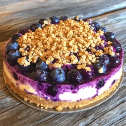 - 1 ½ cups graham cracker crumbs - ½ cup unsalted butter, melted - ¼ cup sugar - 16 oz (450g) cream cheese, softened - 1 cup sugar - 3 large eggs - 1 tsp vanilla extract - 1 cup sour cream - 1 cup fresh blueberries - 1 cup all-purpose flour - ½ cup rolled oats - ½ cup brown sugar - ½ cup unsalted butter, cold and cubed - 1 tsp ground cinnamon When I make blueberry crumble cheesecake, I love gathering my ingredients first. This helps me stay organized and focused. For the crust, I use graham cracker crumbs, melted butter, and sugar. These simple items create a tasty base. Next, I prepare the cheesecake filling. Cream cheese is key here. I let it soften at room temperature. I mix it with sugar until it's smooth. Then, I add three eggs one by one. Each egg makes the filling richer. I stir in vanilla extract and sour cream for extra flavor. Finally, I fold in fresh blueberries for that burst of sweetness. For the crumble topping, I mix flour, oats, brown sugar, butter, and cinnamon. This mixture adds a crunchy texture on top. I keep the butter cold. This helps the topping stay crumbly and not too wet. Once I gather all these ingredients, I can start making my cheesecake. The combination of flavors and textures will create a delicious dessert that everyone will love. For the full recipe, check out Blueberry Crumble Cheesecake. 1. Preheat your oven to 325°F (160°C). 2. In a medium bowl, combine 1 ½ cups graham cracker crumbs, ½ cup melted unsalted butter, and ¼ cup sugar. 3. Mix until well combined. 4. Press the mixture firmly into the bottom of a 9-inch springform pan. 5. Bake for 10 minutes, then remove and let it cool. 1. In a large bowl, beat 16 oz of softened cream cheese with 1 cup sugar until smooth. 2. Add 3 large eggs one at a time, mixing well after each. 3. Stir in 1 tsp vanilla extract and 1 cup sour cream until fully combined. 4. Gently fold in 1 cup of fresh blueberries. 1. Pour the cheesecake mixture over the cooled crust. 2. Bake for 45-50 minutes. The edges should set, but the center will jiggle slightly. 3. Turn off the oven and let the cheesecake cool inside for about 1 hour. 1. In a separate bowl, mix together 1 cup all-purpose flour, ½ cup rolled oats, ½ cup brown sugar, and 1 tsp ground cinnamon. 2. Add ½ cup of cold, cubed unsalted butter. Use your fingers or a pastry cutter to break the butter down until it looks like coarse crumbs. 1. After cooling, sprinkle the crumble topping evenly over the cheesecake. 2. Increase the oven temperature to 350°F (175°C) and bake for an additional 20-25 minutes. 3. The topping should turn golden brown. 4. Remove the cheesecake and let it cool completely at room temperature. 5. Refrigerate for at least 4 hours or overnight before serving. For the Full Recipe, check the details above. For a creamy cheesecake, you need to properly soften cream cheese. Take it out of the fridge an hour before use. This helps it mix well. When you add eggs, avoid overmixing. Mix just until combined. This keeps air out and prevents cracks. Use cold butter for a crumbly texture. Chilling the butter helps create that perfect crunch. Cut it into small pieces and mix quickly. Adjust the sweetness of the crumble to your taste. Taste it as you go. You want it just right. For garnish, consider using fresh blueberries. They add color and taste. You can also serve with a dollop of whipped cream. For drinks, pair this cheesecake with a sweet dessert wine. A cup of coffee also works well. Enjoy your dessert! For the complete recipe, check the Full Recipe. {{image_2}} You can make a no-bake version of this cheesecake. To do this, you will adjust some ingredients. - Ingredients adjustments: - Use 2 cups of whipped cream instead of eggs. - Replace the sour cream with 1 cup of Greek yogurt. - Skip the baking step for the filling. - Preparation steps: 1. Make the crust as usual. 2. Mix cream cheese and sugar until smooth. 3. Fold in whipped cream gently. 4. Pour this mixture over the crust. 5. Chill for at least 4 hours before adding the crumble topping. For a vegan twist, you can swap out dairy and eggs. - Dairy substitutions: - Replace cream cheese with 16 oz of vegan cream cheese. - Use coconut yogurt as a sour cream alternative. - Egg alternatives: - Use 3 tablespoons of flaxseed meal mixed with 9 tablespoons of water instead of eggs. - Let it sit for 5 minutes to thicken before adding it to the mix. You can easily switch up the flavor of your cheesecake. - Adding lemon zest: - Mix in 1 tablespoon of lemon zest to the filling. - This adds a bright, fresh taste. - Incorporating different berries: - Swap blueberries for raspberries, strawberries, or blackberries. - Each berry brings its own unique flavor and color to the dish. You can find the full recipe for the blueberry crumble cheesecake above. To keep your blueberry crumble cheesecake fresh, follow these tips. For short-term storage, cover the cheesecake tightly with plastic wrap or foil. Place it in the fridge. This keeps it cool and helps retain its creamy texture. It will stay fresh for about five days. For long-term storage, you can freeze the cheesecake. First, let it cool completely. Then, wrap it tightly in plastic wrap. Follow this with aluminum foil for extra protection. This method helps prevent freezer burn. You can freeze it for up to three months. How long does blueberry crumble cheesecake last in the fridge? When stored properly, it can last up to five days. Always check for any change in smell or texture before eating. What are the best practices for thawing? To thaw a frozen cheesecake, move it to the fridge for a few hours or overnight. This slow thaw helps keep its texture smooth. Avoid thawing it at room temperature, as this can lead to a watery cheesecake. For a delicious treat, try the Full Recipe and enjoy every creamy bite! Yes, you can use frozen blueberries. They work well in this recipe. However, they might make your cheesecake a bit watery. To avoid this, thaw them first and drain any excess juice. This will help keep your cheesecake creamy and not soggy. Look for a few signs. The edges should look set, while the center may still jiggle a bit. It will firm up as it cools. A toothpick inserted into the center should come out clean or with a few moist crumbs. Absolutely! You can make this cheesecake a day or two ahead. Just bake it, cool it, and refrigerate it. This helps the flavors deepen and gives you one less thing to do on the day of serving. Cracks can happen, but don’t worry! To prevent them, avoid overmixing the batter and bake at a lower temperature. If you do see cracks, you can hide them with the crumble topping. A dusting of powdered sugar can also cover small cracks beautifully. You learned how to make a delicious blueberry crumble cheesecake from scratch. We covered all the key ingredients, step-by-step instructions, and important tips for the best results. Remember, a smooth filling comes from softened cream cheese and gentle mixing. You can also try variations like vegan or no-bake options to suit your needs. With the right storage, your cheesecake will last and taste great for days. Enjoy sharing this delightful treat with friends and family!