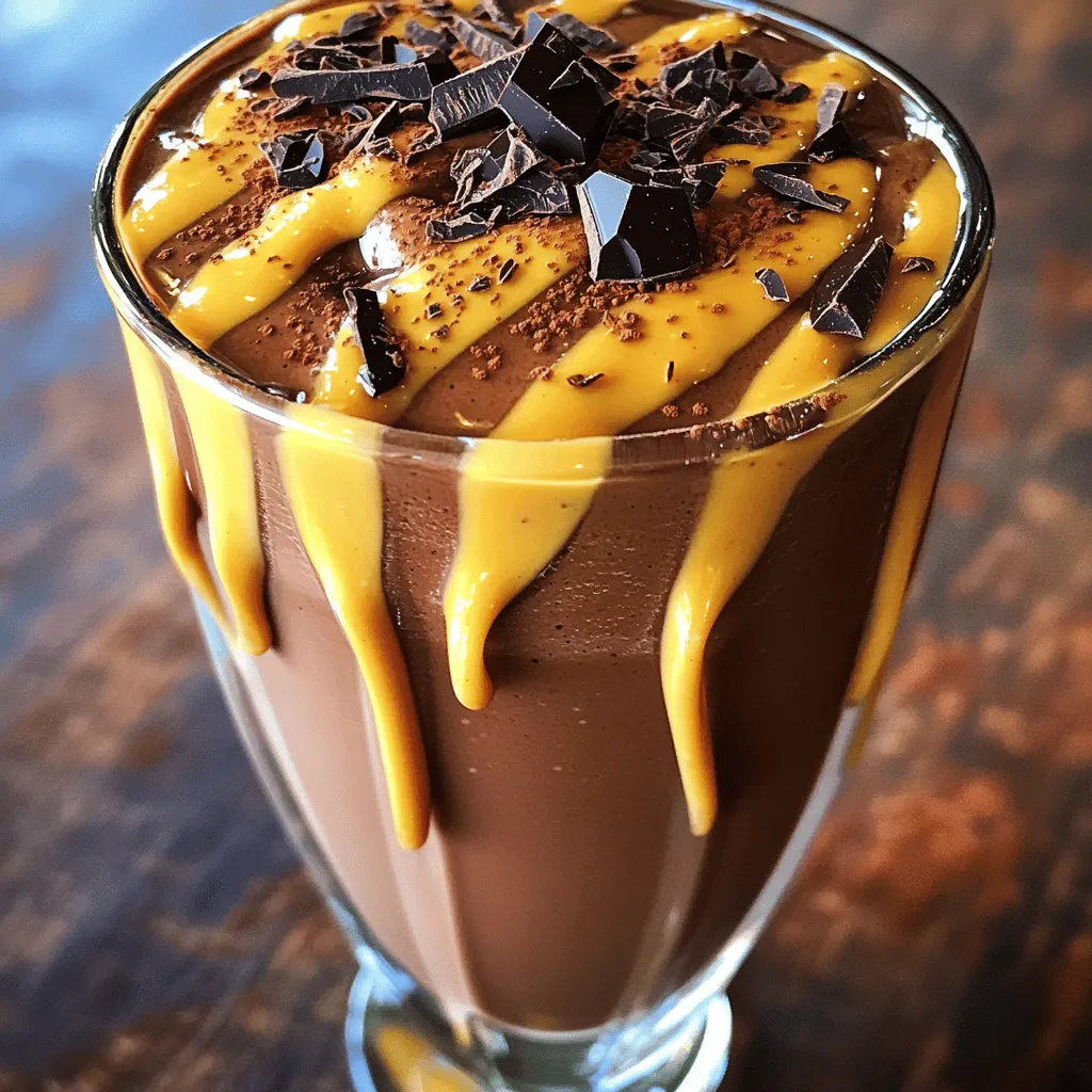 - 2 tablespoons unsweetened dark cocoa powder - 1 ripe banana, frozen - 1 tablespoon natural peanut butter - 1 cup almond milk (or milk of choice) - 1 tablespoon honey or maple syrup (optional for sweetness) - 1/2 teaspoon vanilla extract - A pinch of sea salt - Ice cubes (optional, for a thicker shake) The star of this shake is dark cocoa powder. It adds rich chocolate flavor and is full of antioxidants. Bananas are great for fiber and potassium. Peanut butter gives protein and healthy fat, making this shake filling. Almond milk keeps it light. Honey adds natural sweetness, while vanilla and salt boost the flavors. You can add a scoop of protein powder for extra nutrition. A sprinkle of cinnamon can enhance the warmth of the shake. If you like a thicker texture, try adding Greek yogurt. For those with dietary needs, use plant-based protein or nut-free butter. You can swap almond milk for oat milk or coconut milk. These options can fit different tastes and diets. To make this delicious shake, start by gathering your ingredients. You will need unsweetened dark cocoa powder, a frozen banana, and natural peanut butter. 1. In a blender, add 2 tablespoons of dark cocoa powder, 1 frozen banana, and 1 tablespoon of peanut butter. 2. Next, pour in 1 cup of almond milk. If you like it sweeter, add 1 tablespoon of honey or maple syrup. 3. Add 1/2 teaspoon of vanilla extract and a pinch of sea salt. 4. Blend on high speed until the mixture is smooth and creamy. 5. If you want a thicker shake, toss in some ice cubes and blend again. 6. Taste your shake. If it needs more sweetness, add extra honey or syrup. 7. Pour the shake into a tall glass. For a fun twist, you can drizzle peanut butter inside the glass before pouring in your shake. This adds a great look and taste. For serving, choose a tall glass that shows off your shake’s rich color. You can add a colorful straw for a fun touch. To make it even more appealing, sprinkle a little cocoa powder on top. You can also add dark chocolate shavings for extra flair. This shake is not just tasty; it looks great too! Enjoy this rich and creamy treat as a snack or a dessert. Check out the Full Recipe for more tips! To make the best dark chocolate peanut butter shake, start with ripe bananas. Look for bananas that are yellow with brown spots. This shows they are sweet and ready to blend. For cocoa powder, choose unsweetened dark cocoa. It has a rich flavor and is great for this shake. When you blend, make sure all your ingredients are cold. This keeps the shake refreshing. If you want a thicker shake, add ice cubes during blending. Blend until smooth, and check the texture. If it’s too thick, add a splash of almond milk. One common mistake is using unripe bananas. They can make your shake taste starchy. Also, avoid using too much cocoa powder. It can overpower the other flavors. Start with two tablespoons and adjust to your taste. When balancing flavors, remember to add a pinch of salt. It enhances sweetness and brings out chocolate flavors. If your shake is too bitter, add a little honey or maple syrup. Adjust the sweetness to make it just right for you. For the full recipe, refer to the detailed instructions provided. Enjoy making your shake! {{image_2}} You can change the taste of your shake with a few easy swaps. Adding protein powder boosts nutrition and keeps you full longer. Try vanilla or chocolate protein powder for extra flavor. You can also mix in spices like cinnamon or nutmeg. These spices add warmth and depth to the shake. If you want a unique twist, swap peanut butter for almond or cashew butter. Each nut butter gives your shake a different taste. You can also try adding a scoop of Greek yogurt. This makes the shake creamier and adds protein. Seasons bring fresh ingredients that can enhance your shake. In fall, add pumpkin spice to capture that cozy flavor. You can mix in canned pumpkin for a thicker, richer texture. In summer, try adding fresh fruits like strawberries or mango. These sweet fruits brighten the shake and add a fruity twist. You could also freeze the fruits beforehand for a frosty shake. These variations keep your shake exciting and make it a treat all year round. For the full recipe, check the section above. To keep your dark chocolate peanut butter shake fresh, refrigerate it right away. Use an airtight container. This will help preserve its rich flavor. It stays good for about 1 to 2 days in the fridge. After that, the taste and texture may change. If you want to keep it longer, freeze it. Pour it into an ice cube tray or a freezer-safe container. It can last up to a month in the freezer. Just remember to label it with the date. When you want to enjoy a chilled shake again, take it out of the fridge. If it has thickened, stir it well. You can also blend it again for a smooth texture. If it’s frozen, let it sit at room temperature for a few minutes. Then, blend it until creamy. This shake might lose a bit of its fresh taste after storage, but it will still be tasty. Just adjust the sweetness if needed by adding a little honey or syrup. Enjoy that rich flavor! Yes, you can easily make this shake vegan. Here are some dairy-free options: - Milk: Use almond milk, oat milk, or coconut milk. - Peanut Butter: Most natural peanut butter is vegan. Just check the label. - Sweeteners: Maple syrup is a great vegan choice instead of honey. These changes will keep the shake rich, creamy, and fully plant-based. You can make this shake healthier with a few simple tips: - Reduce Sweetness: Use less honey or maple syrup. - Choose Dark Cocoa: Use unsweetened dark cocoa powder to cut sugar. - Add Spinach: A small handful of spinach adds nutrients without changing taste. - Use a Smaller Banana: This cuts down on sugar while still giving flavor. These tweaks will keep it tasty while making it better for you. If you don't have a blender, you still have options! - Use a Fork: Mash the banana in a bowl first. Then mix in cocoa and peanut butter with a fork. - Whisk Everything: Add almond milk and use a whisk to combine. - Food Processor: If you have a food processor, it works well too! These methods can help you enjoy this shake without a blender. You learned about key and optional ingredients that make this shake great. I explained how to blend and serve it for the best taste. We covered tips to avoid common mistakes and detailed fun variations to try. Storing and reheating the shake keeps it fresh. Remember, you can customize this shake to fit your needs. Enjoy experimenting with flavors and ingredients. You can create something unique and delicious every time.