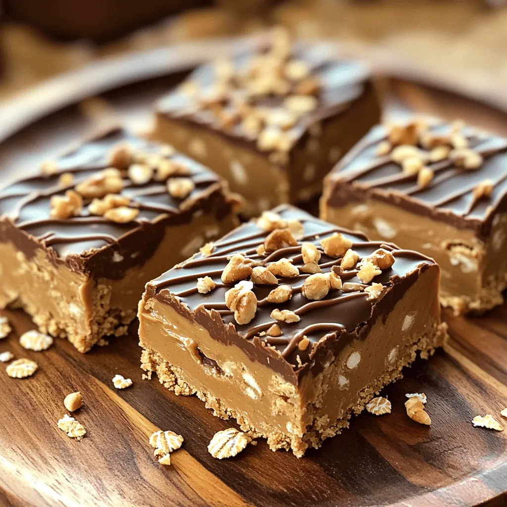 To make these tasty no-bake peanut butter bars, you need a few main ingredients: - 1 cup creamy peanut butter - 1 cup rolled oats - 1/2 cup honey or maple syrup - 1/2 cup graham cracker crumbs - 1/4 cup chocolate chips (dark or milk chocolate) - 1/4 teaspoon vanilla extract - Pinch of salt These ingredients create a rich, sweet, and chewy bar. The peanut butter gives a nutty flavor. The oats add some texture and fiber. Honey or maple syrup acts as a natural sweetener. Graham cracker crumbs help bind everything together. The chocolate chips add a delightful touch. You can customize these bars with fun optional ingredients: - Chopped nuts (like almonds or walnuts) - Dried fruits (like raisins or cranberries) - Coconut flakes - Protein powder for an extra boost - Different flavor extracts (like almond or chocolate) Feel free to play with these additions. They can make your bars unique and even tastier! These no-bake peanut butter bars provide a balance of protein and healthy fats. Here’s a quick look at the nutritional benefits: - Calories: A serving (1 bar) has about 180 calories. - Protein: Each bar offers around 5 grams of protein. - Fats: Healthy fats come from the peanut butter and nuts. - Carbohydrates: The oats and sweetener keep your energy up. These bars are great for a quick snack or a dessert. They satisfy your sweet tooth while providing nutrition. For the full recipe, check out the Full Recipe section. First, gather all your ingredients. You will need: - 1 cup creamy peanut butter - 1 cup rolled oats - 1/2 cup honey or maple syrup - 1/2 cup graham cracker crumbs - 1/4 cup chocolate chips - 1/4 teaspoon vanilla extract - Pinch of salt Make sure you have a large mixing bowl and a spatula ready. Line an 8x8 inch baking pan with parchment paper. This helps with easy removal later. In the large mixing bowl, add the creamy peanut butter and honey. Stir them together until smooth. Next, add the rolled oats, graham cracker crumbs, vanilla extract, and a pinch of salt. Mix all these ingredients well until you form a sticky dough. Now, gently fold in the chocolate chips. Make sure they get mixed in evenly. This adds a nice touch of sweetness to your bars. After mixing, transfer the peanut butter mixture into the prepared baking pan. Press it down firmly with a spatula. Ensure it's packed tightly to form a solid layer. Now, place the pan in the refrigerator. Let it chill for at least one hour. This helps the bars set properly. Once they are firm, lift them out using the parchment paper. Cut them into squares or rectangles as you like. For more details, refer to the Full Recipe. Enjoy your no-bake peanut butter bars! When making no-bake peanut butter bars, avoid using dry ingredients. If you add too many oats or crumbs, the bars may fall apart. Always measure your ingredients carefully. Mixing the dough too much can also make it tough. Stir until just combined for the best texture. Lastly, don’t skip the refrigeration step. If you don’t chill them long enough, the bars won’t hold their shape. To get the smoothest texture, use creamy peanut butter. It mixes better and spreads easily. Adding a pinch of salt enhances the flavor of the bars. You can adjust the sweetness by adding more or less honey or maple syrup. If you like a richer taste, try using dark chocolate chips. They balance the sweetness and add depth. For extra crunch, fold in some chopped nuts or seeds. Serve these bars chilled for the best taste. You can drizzle melted chocolate on top for a fancy touch. A sprinkle of chopped nuts or oats adds a nice texture. Cut the bars into fun shapes for a party. They make a great snack for kids and adults alike. For a refreshing twist, add a side of fresh fruit. These bars pair well with apples or bananas. You can find the full recipe [here](#). {{image_2}} You can switch up the nut butters in this recipe. Almond butter adds a mild flavor. Cashew butter gives a creamy texture. Sunflower seed butter is great for nut-free diets. Each option brings its own taste. Feel free to mix and match! Want to boost the flavor? You can add more ingredients. Try shredded coconut for a tropical twist. Chopped nuts add crunch and protein. Dried fruits like raisins or cranberries give a sweet touch. You can even mix in protein powder for a health kick. If you want a healthier treat, consider some swaps. Use almond flour instead of graham cracker crumbs. This keeps the bars gluten-free. Replace honey with agave syrup for a lower glycemic index. You can also use natural sweeteners like mashed bananas or applesauce. These changes still keep the bars tasty! For the full recipe, check out the No-Bake Peanut Butter Dream Bars. To keep your no-bake peanut butter bars fresh, use an airtight container. This will help prevent them from drying out. Place a piece of parchment paper between layers if you stack them. It stops sticking and keeps your bars intact. You can freeze these bars for later. Wrap each bar tightly in plastic wrap. Then, place them in a freezer-safe bag. This way, you can enjoy a sweet treat anytime. When ready to eat, let them thaw in the fridge for a few hours. These bars stay fresh in the fridge for up to one week. If stored properly in the freezer, they can last up to three months. Just remember to check for any signs of freezer burn before you enjoy them. Yes, you can use crunchy peanut butter. It adds a fun texture. The bars will have a nice crunch, which many people enjoy. Just keep in mind that it may change the smoothness of the bars a little. If you don’t have honey or maple syrup, try agave syrup or brown rice syrup. Both options will work well and keep the bars sweet. You could also use date syrup for a natural touch. Bars are set when they feel firm to the touch. After one hour in the fridge, they should hold their shape. If they feel soft, leave them in for a bit longer. They should not be sticky. Yes, you can easily make these bars vegan. Just use maple syrup instead of honey. Make sure your peanut butter is vegan too. This way, everyone can enjoy these tasty treats! For the chocolate chips, pick a dairy-free option to keep it vegan. You learned how to make no-bake peanut butter bars using simple ingredients. I shared tips for preparing, mixing, and storing the bars. You can customize flavors and textures by trying different nut butters and mix-ins. Keep these bars fresh and enjoy them often. With this knowledge, you can create delicious treats that fit your taste. Make these bars your own, and share them with friends and family for all to enjoy.