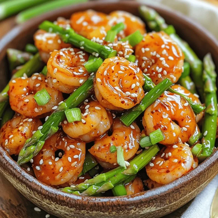 - 1 lb large shrimp, peeled and deveined - 1 bunch asparagus, trimmed and cut into 2-inch pieces - 3 tablespoons sweet chili sauce - 2 tablespoons soy sauce - 1 tablespoon lime juice - 2 cloves garlic, minced - 1 teaspoon fresh ginger, grated - Salt and pepper, to taste - Sesame seeds and chopped green onions, for garnish This dish shines with fresh and simple ingredients. Large shrimp bring a sweet taste, while asparagus adds crunch and color. The marinade gives a nice kick, thanks to the sweet chili sauce and soy sauce. Lime juice brightens the flavors, while garlic and ginger add depth. Use salt and pepper to finish the dish just right, and for a lovely touch, top with sesame seeds and green onions. You can find the full recipe for Sweet Chili Shrimp with Asparagus to get more detailed steps and tips. Enjoy cooking! First, grab a medium bowl. Combine sweet chili sauce, soy sauce, lime juice, minced garlic, and grated ginger. Mix them well to form your marinade. This mix adds a sweet and spicy flavor to your shrimp. Now, add the shrimp to your marinade. Ensure each shrimp is coated well. Let them sit for 15-20 minutes. This waiting time helps the shrimp soak up all those tasty flavors. Heat one tablespoon of olive oil in a skillet over medium-high heat. Once hot, toss in the asparagus pieces. Sauté for about 3-4 minutes until they are tender but still crisp. Sprinkle a pinch of salt and pepper for extra taste. After the asparagus is ready, push them to one side of the skillet. Add the marinated shrimp to the center. Cook for about 2-3 minutes on each side. You’ll know they’re done when they turn pink and look cooked through. Once the shrimp are ready, pour any remaining marinade over the dish. Allow it to simmer for a minute to thicken slightly. Then, remove from heat. Garnish with sesame seeds and chopped green onions before serving. This adds a nice crunch and fresh flavor to your meal. Enjoy your sweet chili shrimp with asparagus! To avoid overcooking shrimp, watch the color. Cook until they turn pink. This usually takes about 2-3 minutes on each side. If you leave them too long, they will get tough. Use a timer if needed. Always remove shrimp from heat as soon as they are done. For tender asparagus, cut them into 2-inch pieces. This helps them cook evenly. Sauté them in hot olive oil for about 3-4 minutes. They should be bright green and crisp. If you overcook them, they get mushy. A pinch of salt and pepper adds great flavor. To boost flavor, try adding red pepper flakes for heat. You can also mix in a splash of fish sauce for depth. Fresh herbs like cilantro or basil can brighten the dish. For a twist, consider a dash of sesame oil for a nutty taste. All these enhance the sweet chili shrimp with asparagus. For the full recipe, check above. {{image_2}} If you want to change the protein, chicken or tofu works great. For chicken, use boneless breasts or thighs. Cut them into bite-sized pieces and follow the same marinating steps as the shrimp. Cook until the chicken is no longer pink, about 6-8 minutes. For tofu, use firm or extra-firm tofu. Cut it into cubes and press to remove excess water. Marinate and sauté for 4-5 minutes, until golden brown. Both options keep the dish tasty and satisfying. Feel free to mix in other vegetables for more color and flavor. Bell peppers add crunch and sweetness. Broccoli florets bring a nice bite and vibrant green. Snap peas or snow peas add a fresh taste and texture. Carrots, sliced thin, also work well. Just adjust cooking time based on the veggies you choose. This way, you can customize the dish to your taste. You can easily change the spice level to match your preference. For a milder taste, reduce the amount of sweet chili sauce. Add more lime juice to balance the flavors. If you like heat, add red pepper flakes or a dash of sriracha. You can also toss in some chopped fresh chili peppers while cooking the shrimp. Adjust the spice to make this dish just right for you. For more details on making this dish, check the full recipe. To keep your Sweet Chili Shrimp with Asparagus fresh, store leftovers in an airtight container. This helps maintain flavor and texture. Place the container in the fridge if you plan to eat them within a few days. For longer storage, seal your dish in a freezer-safe bag and freeze it. Make sure to remove as much air as possible to prevent freezer burn. When you want to enjoy your leftovers, reheating is key. You can use a microwave or a skillet. For the microwave, heat on medium power in short bursts. Stir between intervals to heat evenly. If using a skillet, add a splash of water to keep the shrimp from drying out. Heat on low, stirring gently until warmed through. In the fridge, your Sweet Chili Shrimp with Asparagus will last about 3 days. If you freeze it, the dish can stay good for up to 3 months. Just remember to label your storage containers with the date. This helps you keep track and enjoy your meal at its best. Yes, you can prep this dish ahead. Marinate the shrimp in the sauce. You can store it in the fridge for up to two hours. Cook the asparagus fresh just before serving. This keeps them crispy and bright. You can also cook the whole dish and store it. Just reheat it gently before serving. You can enjoy this dish with many sides. Here are some great options: - Steamed rice - Quinoa - Noodles - A fresh salad - Stir-fried vegetables These sides will balance the flavors and add nutrition. Yes, it can be gluten-free! Use gluten-free soy sauce instead of regular soy sauce. Many brands offer great options. Always check the label to be sure. This way, you can enjoy the dish safely. For the detailed cooking instructions, refer to the full recipe. This blog post shared a simple recipe for Sweet Chili Shrimp with Asparagus. We explored key ingredients like shrimp, asparagus, and a tasty marinade. You learned step-by-step instructions, tips for perfecting your dish, and variations to suit your taste. In closing, this recipe is quick, flexible, and flavorful. With a little practice, you can craft a delicious meal everyone will enjoy. Try it, and make it your own!