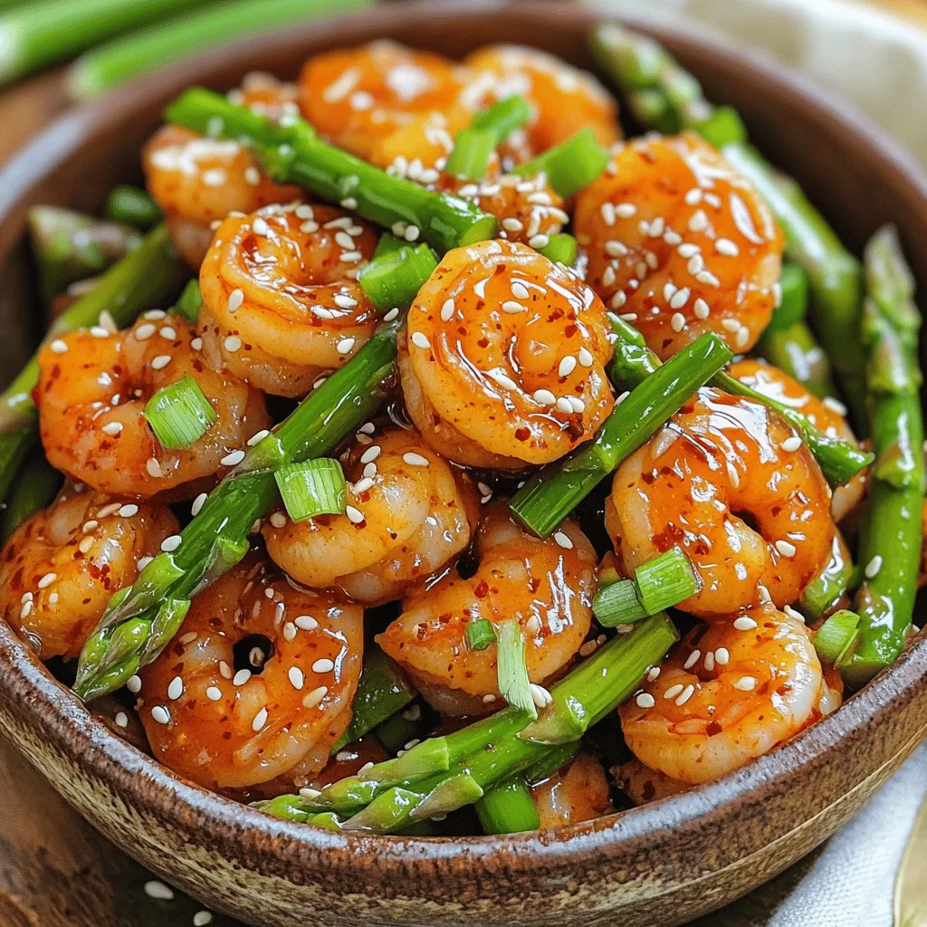 - 1 lb large shrimp, peeled and deveined - 1 bunch asparagus, trimmed and cut into 2-inch pieces - 3 tablespoons sweet chili sauce - 2 tablespoons soy sauce - 1 tablespoon lime juice - 2 cloves garlic, minced - 1 teaspoon fresh ginger, grated - Salt and pepper, to taste - Sesame seeds and chopped green onions, for garnish This dish shines with fresh and simple ingredients. Large shrimp bring a sweet taste, while asparagus adds crunch and color. The marinade gives a nice kick, thanks to the sweet chili sauce and soy sauce. Lime juice brightens the flavors, while garlic and ginger add depth. Use salt and pepper to finish the dish just right, and for a lovely touch, top with sesame seeds and green onions. You can find the full recipe for Sweet Chili Shrimp with Asparagus to get more detailed steps and tips. Enjoy cooking! First, grab a medium bowl. Combine sweet chili sauce, soy sauce, lime juice, minced garlic, and grated ginger. Mix them well to form your marinade. This mix adds a sweet and spicy flavor to your shrimp. Now, add the shrimp to your marinade. Ensure each shrimp is coated well. Let them sit for 15-20 minutes. This waiting time helps the shrimp soak up all those tasty flavors. Heat one tablespoon of olive oil in a skillet over medium-high heat. Once hot, toss in the asparagus pieces. Sauté for about 3-4 minutes until they are tender but still crisp. Sprinkle a pinch of salt and pepper for extra taste. After the asparagus is ready, push them to one side of the skillet. Add the marinated shrimp to the center. Cook for about 2-3 minutes on each side. You’ll know they’re done when they turn pink and look cooked through. Once the shrimp are ready, pour any remaining marinade over the dish. Allow it to simmer for a minute to thicken slightly. Then, remove from heat. Garnish with sesame seeds and chopped green onions before serving. This adds a nice crunch and fresh flavor to your meal. Enjoy your sweet chili shrimp with asparagus! To avoid overcooking shrimp, watch the color. Cook until they turn pink. This usually takes about 2-3 minutes on each side. If you leave them too long, they will get tough. Use a timer if needed. Always remove shrimp from heat as soon as they are done. For tender asparagus, cut them into 2-inch pieces. This helps them cook evenly. Sauté them in hot olive oil for about 3-4 minutes. They should be bright green and crisp. If you overcook them, they get mushy. A pinch of salt and pepper adds great flavor. To boost flavor, try adding red pepper flakes for heat. You can also mix in a splash of fish sauce for depth. Fresh herbs like cilantro or basil can brighten the dish. For a twist, consider a dash of sesame oil for a nutty taste. All these enhance the sweet chili shrimp with asparagus. For the full recipe, check above. {{image_2}} If you want to change the protein, chicken or tofu works great. For chicken, use boneless breasts or thighs. Cut them into bite-sized pieces and follow the same marinating steps as the shrimp. Cook until the chicken is no longer pink, about 6-8 minutes. For tofu, use firm or extra-firm tofu. Cut it into cubes and press to remove excess water. Marinate and sauté for 4-5 minutes, until golden brown. Both options keep the dish tasty and satisfying. Feel free to mix in other vegetables for more color and flavor. Bell peppers add crunch and sweetness. Broccoli florets bring a nice bite and vibrant green. Snap peas or snow peas add a fresh taste and texture. Carrots, sliced thin, also work well. Just adjust cooking time based on the veggies you choose. This way, you can customize the dish to your taste. You can easily change the spice level to match your preference. For a milder taste, reduce the amount of sweet chili sauce. Add more lime juice to balance the flavors. If you like heat, add red pepper flakes or a dash of sriracha. You can also toss in some chopped fresh chili peppers while cooking the shrimp. Adjust the spice to make this dish just right for you. For more details on making this dish, check the full recipe. To keep your Sweet Chili Shrimp with Asparagus fresh, store leftovers in an airtight container. This helps maintain flavor and texture. Place the container in the fridge if you plan to eat them within a few days. For longer storage, seal your dish in a freezer-safe bag and freeze it. Make sure to remove as much air as possible to prevent freezer burn. When you want to enjoy your leftovers, reheating is key. You can use a microwave or a skillet. For the microwave, heat on medium power in short bursts. Stir between intervals to heat evenly. If using a skillet, add a splash of water to keep the shrimp from drying out. Heat on low, stirring gently until warmed through. In the fridge, your Sweet Chili Shrimp with Asparagus will last about 3 days. If you freeze it, the dish can stay good for up to 3 months. Just remember to label your storage containers with the date. This helps you keep track and enjoy your meal at its best. Yes, you can prep this dish ahead. Marinate the shrimp in the sauce. You can store it in the fridge for up to two hours. Cook the asparagus fresh just before serving. This keeps them crispy and bright. You can also cook the whole dish and store it. Just reheat it gently before serving. You can enjoy this dish with many sides. Here are some great options: - Steamed rice - Quinoa - Noodles - A fresh salad - Stir-fried vegetables These sides will balance the flavors and add nutrition. Yes, it can be gluten-free! Use gluten-free soy sauce instead of regular soy sauce. Many brands offer great options. Always check the label to be sure. This way, you can enjoy the dish safely. For the detailed cooking instructions, refer to the full recipe. This blog post shared a simple recipe for Sweet Chili Shrimp with Asparagus. We explored key ingredients like shrimp, asparagus, and a tasty marinade. You learned step-by-step instructions, tips for perfecting your dish, and variations to suit your taste. In closing, this recipe is quick, flexible, and flavorful. With a little practice, you can craft a delicious meal everyone will enjoy. Try it, and make it your own!
