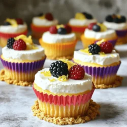 To make the no bake mini lemon cheesecakes, gather these items: - 1 cup crushed graham crackers - 1/4 cup granulated sugar - 1/2 cup unsalted butter, melted - 16 oz cream cheese, softened - 1 cup powdered sugar - 1/4 cup fresh lemon juice - Zest of 2 lemons - 1 teaspoon vanilla extract - 1 cup heavy whipping cream - Fresh berries (for garnish) Each ingredient plays a key role in making this dessert tasty and creamy: - Graham Crackers: These make a sweet and crunchy base. They add texture and flavor. - Cream Cheese: This gives the cheesecake its rich and creamy texture. Make sure it’s softened. - Powdered Sugar: This sweetens the filling and helps it blend smoothly. It’s fine and mixes well. - Lemon Juice and Zest: These add bright, tangy flavors. The juice gives a fresh taste, while zest adds aroma. - Heavy Whipping Cream: Whipping this cream makes the filling light and fluffy. It adds volume and creaminess. Add fun and flair with these garnishes: - Fresh Berries: Strawberries, blueberries, or raspberries look pretty and taste great. They brighten the plate. - Lemon Zest: A sprinkle on top enhances the lemon flavor. It adds color too. - Mint Leaves: Fresh mint can add a nice touch. It offers a pop of green and a fresh scent. For the full recipe, check out the main recipe section. Enjoy making these delightful treats! To start, gather your ingredients for the crust. You need crushed graham crackers, sugar, and melted butter. In a bowl, mix the crushed graham crackers with the sugar. Then, pour in the melted butter. Stir until it looks like wet sand. This step is key for a good base. Next, take mini cupcake liners and place them in a muffin tin. Spoon the graham cracker mix into each liner. Press down firmly to form a solid base. It should hold together well. Once you finish, place the muffin tin in the fridge. This will help the crust set while you make the filling. Now, let’s make the filling. In a large bowl, beat the softened cream cheese with an electric mixer. Whip it until smooth and creamy. This step is crucial for a rich texture. Gradually add powdered sugar, fresh lemon juice, lemon zest, and vanilla extract. Mix until everything is fluffy and fully combined. In another bowl, whip the heavy cream until stiff peaks form. This makes the filling light and airy. Carefully fold the whipped cream into the cream cheese mix. Use a spatula and mix gently. You want to keep as much air in the cream as possible. This will give your cheesecake a perfect texture. Now comes the fun part—assembly! Take the crusts out of the fridge. Spoon the lemon cheesecake filling into each crust. Use a spatula to smooth the tops. Make sure they look neat and even. Once you fill all the crusts, cover the muffin tin. Place it back in the fridge. Let the cheesecakes set for at least four hours. For the best results, leave them overnight. This allows the flavors to blend well. Before serving, add a touch of beauty. Garnish each mini cheesecake with fresh berries and a sprinkle of lemon zest. This adds color and a fresh taste. Follow the [Full Recipe] for more tips and details! To get a creamy and smooth texture, use softened cream cheese. Cold cream cheese can cause lumps. Beat it well with an electric mixer until it’s light and fluffy. Mixing the heavy cream until stiff peaks form is key. This step adds air, making the cheesecake light. When you fold in the whipped cream, do it gently. This keeps the mixture airy. One common mistake is overmixing the filling. It can make the cheesecake dense. Avoid adding too much lemon juice at once. It can make the mixture too runny. Also, don’t skip the chilling time. Chilling helps the cheesecakes set properly. If you rush this step, the texture will not be right. Using the right tools makes a big difference. A good electric mixer helps achieve that smooth filling. Mini cupcake liners are great for easy serving. A spatula is perfect for spreading the filling evenly. Lastly, a whisk is handy for whipping the cream. For the full recipe, check out the detailed instructions above. {{image_2}} You can switch up the flavor of these mini lemon cheesecakes. Try using lime juice for a zesty lime version. Orange juice gives a sweet twist. For a berry flavor, fold in mashed strawberries or blueberries into the filling. You can also add a bit of cocoa powder for a chocolatey treat. Each new flavor can bring a fun surprise to your dessert table. Make these cheesecakes a bit healthier with simple swaps. Use Greek yogurt instead of cream cheese for a lighter filling. You can also use honey or maple syrup in place of granulated sugar. Choose whole grain crackers for the crust to boost fiber. These changes keep the taste delicious while making it a tad better for you. Serve these mini cheesecakes in fun ways. Place them on a colorful platter with fresh berries scattered around. You can also drizzle honey or chocolate sauce on top for extra sweetness. For a special touch, add a mint leaf to each cheesecake. They look great and taste even better with these fun ideas. To store your mini lemon cheesecakes, place them in an airtight container. Make sure to keep them in the fridge. This keeps them fresh and tasty. If you have some left after a party, store them right away. They will stay good for several days. You can freeze these cheesecakes if you want to save some for later. First, let them set completely in the fridge. Then, wrap each cheesecake in plastic wrap. Place them in a freezer-safe bag or container. They can last up to three months in the freezer. When you want to eat them, thaw them in the fridge overnight. These mini lemon cheesecakes can last in the fridge for about one week. After that, they might lose some flavor and texture. Always check for any off smells or changes in appearance before eating them. For the best taste, enjoy them within the first few days. Follow the Full Recipe for more delicious details! Yes, you can! Feel free to swap lemons with other citrus fruits. Try limes or oranges for a fun twist. Each fruit brings its unique flavor. Limes add a zesty kick, while oranges give a sweeter taste. Just adjust the juice amount to match the fruit you choose. To make this recipe dairy-free, use vegan cream cheese. Look for brands that mimic the taste of regular cream cheese. You can also use coconut cream as a substitute for heavy cream. This will keep your cheesecake rich and creamy. Make sure to check labels for dairy-free options. If you don't have graham crackers, you have options. Use crushed cookies like Oreos or digestive biscuits. For a healthier choice, try almond flour or oats mixed with melted coconut oil. This creates a tasty base with a different texture. Each option gives a unique flavor to your cheesecake. For the full recipe, check out the section above! This blog post covered all the key steps to make a lemon cheesecake. We explored the essential ingredients, how to prepare the crust, and craft the filling. I shared tips for getting the best texture and avoiding common mistakes. You can also try different flavors or healthier options. Finally, I discussed storage methods and answered common questions. Remember, with practice, you'll master this delicious dessert. Enjoy your cheesecake adventure!
