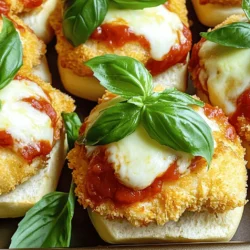 - 1 lb boneless, skinless chicken breasts - 1 cup seasoned breadcrumbs - 1/2 cup grated Parmesan cheese - 1 teaspoon garlic powder - 1 teaspoon dried oregano - 1 teaspoon salt - 1/2 teaspoon black pepper - 1/4 cup all-purpose flour - 2 large eggs, beaten - 1 cup marinara sauce - 6 slider-sized buns - 1 cup shredded mozzarella cheese - Fresh basil leaves for garnish - Olive oil for grilling When I make Grilled Chicken Parmesan Sliders, I gather my main ingredients first. I love using boneless, skinless chicken breasts for this recipe. They cook evenly and stay juicy. I also use seasoned breadcrumbs and grated Parmesan cheese to add great flavor and crunch. Next, I grab my additional ingredients. Garlic powder, dried oregano, salt, and black pepper give the chicken a tasty boost. The all-purpose flour and beaten eggs help the breadcrumbs stick. Marinara sauce adds a rich flavor, while slider-sized buns hold everything together. I sprinkle some shredded mozzarella on top for that gooey goodness. Fresh basil leaves finish off the sliders with a pop of color and taste. You can find the full recipe at the end of this section. Enjoy putting these tasty ingredients together! - Preheat the grill or grill pan. Set it to medium heat. - Set up the breading station for the chicken. Use three bowls for flour, eggs, and breadcrumbs. - Grill the chicken breasts until they reach 165°F. This takes about 5-6 minutes per side. - In the last minute, add marinara sauce and mozzarella cheese on top. Close the grill lid to melt the cheese. - Toast the buns on the grill for 1-2 minutes. This adds a nice crunch. - Assemble the sliders by placing each cheesy chicken breast on a toasted bun. - Add extra marinara sauce if you like. Top with fresh basil leaves for flavor. For the full recipe, check the ingredients and instructions provided above. Enjoy making these tasty and quick snacks! To get the best breading texture, start with seasoned breadcrumbs. These add flavor and crunch. When you coat the chicken, make sure to shake off the excess flour and egg. This helps the breading stick better. For grilling chicken evenly, preheat your grill first. This ensures a nice char. Grill each piece for about 5-6 minutes per side. Use a meat thermometer to check for doneness. The chicken should reach 165°F. Pair your sliders with crispy fries or a fresh salad. Sweet potato fries add a fun twist. For a refreshing side, try a simple cucumber salad. To enhance flavor, add toppings like sliced jalapeños or roasted red peppers. You can also drizzle extra marinara sauce on top. Fresh basil leaves give a nice pop of color and taste. For busy cooks, meal prep is key. You can bread the chicken ahead of time. Store it in the fridge. This saves time when you’re ready to grill. Using store-bought ingredients can also help. Grab pre-made marinara sauce or ready-to-use slider buns. These shortcuts let you focus on grilling and enjoying your meal. Check out the Full Recipe for all the details! {{image_2}} You can switch out chicken for turkey. Ground turkey works well and stays juicy. You can also try plant-based options. Use firm tofu or tempeh for a tasty substitute. Experiment with different cheeses to change the flavor. Instead of Parmesan, try provolone or gouda. Each cheese gives a unique taste to your sliders. Want a kick? Add spices like red pepper flakes or smoked paprika. These spices give the sliders extra heat and depth. You can also play with sauces. Instead of marinara, try pesto or garlic aioli. Each option adds a new layer of flavor. If you want mini versions for parties, cut the chicken into smaller pieces. This makes great bite-sized appetizers. You can also transform the sliders into a casserole dish. Layer the chicken, sauce, and cheese in a baking dish. Bake until golden and bubbly for a fun twist. For the full recipe, see the earlier section. To keep your Grilled Chicken Parmesan Sliders fresh, place them in an airtight container. This helps lock in moisture and flavor. You can store leftovers in the fridge for up to three days. If you want to enjoy them later, freezing is a great option. To freeze your assembled sliders, wrap each one in plastic wrap. Then, place them in a freezer bag or container. Be sure to label them with the date. You can freeze sliders for up to three months. When you are ready to eat them, thaw the sliders in the fridge overnight. To reheat, warm them in the oven at 350°F until heated through, about 15-20 minutes. Enjoy your tasty snack even after a few days! What is the best way to reheat Grilled Chicken Parmesan Sliders? To reheat these tasty sliders, wrap them in foil. Place them in a preheated oven at 350°F. Heat for about 10-15 minutes until warm. You can also use the microwave. Just cover them to keep moisture in. Heat in 30-second bursts to avoid drying them out. Can I make these sliders ahead of time? Yes, you can prepare the chicken ahead of time. Just cook and cool it. Store the chicken in the fridge. Assemble the sliders right before serving for the best taste. You can also freeze the cooked chicken. Just thaw it and reheat when ready. What can I serve with Grilled Chicken Parmesan Sliders? These sliders pair well with a fresh salad or crispy fries. You could also serve them with a side of marinara for dipping. A light coleslaw adds crunch and balance. For a fun twist, try sweet potato fries or vegetable chips. Estimated nutritional values per slider. Each slider contains approximately: - Calories: 300 - Protein: 25g - Carbohydrates: 30g - Fat: 12g - Fiber: 2g Options for making the recipe healthier. - Use whole wheat slider buns for more fiber. - Swap in grilled vegetables for some chicken. - Choose low-fat cheese to cut calories. - Add more herbs for flavor without extra calories. How can I adjust the recipe for dietary restrictions? For gluten-free options, use gluten-free breadcrumbs and buns. You can use turkey or tofu as a protein swap. For dairy-free sliders, choose plant-based cheese or skip cheese entirely. Always check labels for allergens. Tips for scaling the recipe up or down. To make more sliders, simply double the ingredients. For fewer sliders, halve the recipe. Just keep the cooking time the same for each chicken piece. Adjust baking time if you make larger batches in the same pan. You can create tasty Grilled Chicken Parmesan Sliders using simple ingredients and steps. We covered main and additional ingredients, preparation, and grilling. I shared tips for perfecting flavors, time-saving ideas, and variations to keep things fun. Finally, we discussed storage and common questions. Try these sliders for your next meal or gathering. They’re easy, fun, and full of flavor!