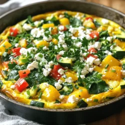 - 6 large eggs - 1 cup spinach, chopped - 1 bell pepper (any color), diced - 1 zucchini, diced - 1 small red onion, diced - 1/2 cup feta cheese, crumbled - 1/4 cup milk (or dairy-free alternative) - 2 tablespoons olive oil - Salt and pepper to taste - 1 teaspoon dried oregano - Fresh herbs (like parsley or chives) for garnish The ingredients for the vegetable frittata with feta are simple yet delicious. You start with fresh eggs, which give the dish its rich base. The spinach adds a nice pop of green and boosts the nutrition. Bell peppers bring sweetness, while zucchini adds a soft texture. Red onion gives a bit of sharpness, and feta cheese adds a creamy tang. - Dairy-free substitutes: If you prefer dairy-free, try using plant-based cheese. It works well in this recipe. - Seasonal vegetables: You can swap in seasonal veggies like asparagus in spring or squash in fall. - Vegan egg alternatives: For a vegan twist, use chickpea flour mixed with water to mimic eggs. These alternatives keep your frittata fresh and exciting. Feel free to mix and match! - Preheat your oven to 375°F (190°C). - In a large bowl, whisk together the eggs, milk, salt, pepper, and oregano. - Heat olive oil in a large skillet over medium heat. - Add the diced onion and bell pepper, and sauté for 3-5 minutes. - Next, add the diced zucchini and cook for another 2-3 minutes. - Stir in the chopped spinach and cook until it wilts, about 1-2 minutes. - Pour the egg mixture over the sautéed vegetables in the skillet. - Sprinkle the crumbled feta cheese evenly on top. - Cook on the stovetop for 2-3 minutes, until the edges start to set. - Transfer the skillet to the oven and bake for 15-20 minutes. - Look for a lightly golden top and fully set frittata. You can find the full recipe above, but this step-by-step guide gives you everything you need to create a delicious vegetable frittata with feta. To make a great frittata, timing is key. Add cheese and herbs right before baking. This helps them keep their flavor and texture. Cooking your vegetables well also matters. Overcooked veggies can lose their taste and crunch. Sauté them until soft, but not mushy. One common mistake is overcrowding the skillet. If you add too many vegetables, the frittata may not cook evenly. It's better to stick to the recipe. Another mistake is slicing too soon. Let the frittata cool for a few minutes first. This helps the slices hold their shape. Garnishing can elevate your frittata. Try fresh herbs like parsley or chives on top. You can also add a drizzle of olive oil for shine. Serve your frittata warm and cut into wedges. It looks beautiful and tastes even better. For a fun twist, pair it with a light salad. {{image_2}} You can mix and match veggies in your frittata. Some great options include: - Broccoli and cheddar: This combo gives a nice crunch and rich flavor. - Mushrooms and goat cheese: Earthy mushrooms pair well with creamy goat cheese. To make your frittata even better, consider these tips: - Adding spices like paprika or cumin can boost the flavor. These spices add warmth and depth. - Using different types of cheese can change the taste. Try mozzarella for a mild flavor or pepper jack for a kick. Think about what to serve with your frittata. Here are some ideas: - Side dishes like mixed greens or fresh fruit can balance the meal. - This frittata works well for breakfast or brunch. Serve it with toast for a filling meal. For the full recipe, check out the details provided earlier. To keep your frittata fresh, store it in the fridge. Place it in a tight container. This keeps out air and moisture. You can store it for up to four days. If you have slices, separate them with parchment paper. This prevents sticking. You can reheat your frittata in two ways: the oven or the microwave. For the oven, set it to 350°F (175°C). Place the frittata on a baking sheet and warm it for about 10-15 minutes. This method keeps the texture nice and fluffy. If you use the microwave, heat it in short bursts. Start with 30 seconds on medium power. Check if it’s warm. Repeat until heated through. Be careful not to overcook, as this can make it rubbery. You can freeze frittata for later. Cut it into slices first. Wrap each slice in plastic wrap. Place the wrapped slices in a freezer bag. Squeeze out the air before sealing. This helps keep the flavor. To thaw, place it in the fridge overnight. You can then reheat it in the oven or microwave. For best taste, eat it within three months. To check if your frittata is done, look for a few signs. The edges should be firm, and the center should not jiggle. The top will have a light golden color. You can also use a toothpick. Insert it into the center; if it comes out clean, your frittata is ready. Yes, you can make a frittata ahead of time. It’s best to cook it and let it cool. Then, cover it tightly in the fridge. It will stay fresh for up to three days. Just reheat it when you are ready to eat. To make a gluten-free frittata, use gluten-free ingredients. Eggs, vegetables, and feta cheese are naturally gluten-free. Always check labels on any packaged items. If you have specific dietary needs, feel free to adapt the recipe accordingly. You can also use a dairy-free milk for a twist. Enjoy your colorful Vegetable Frittata with Feta! For the full recipe, check out the section above. A frittata is a versatile dish that brings eggs and veggies together. You can mix and match ingredients to suit your taste and diet. Remember key steps: cook vegetables well and avoid an overcrowded pan. With proper storage, your frittata can last and taste great for days. Trying variations can also keep things exciting. Cooking should be fun, and sharing the dish enhances the joy. Enjoy your cooking, and make this frittata your own!