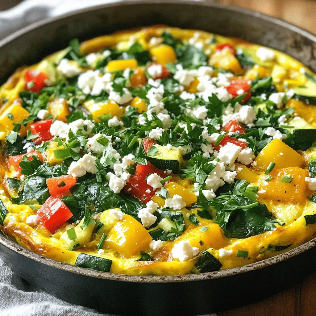 - 6 large eggs - 1 cup spinach, chopped - 1 bell pepper (any color), diced - 1 zucchini, diced - 1 small red onion, diced - 1/2 cup feta cheese, crumbled - 1/4 cup milk (or dairy-free alternative) - 2 tablespoons olive oil - Salt and pepper to taste - 1 teaspoon dried oregano - Fresh herbs (like parsley or chives) for garnish The ingredients for the vegetable frittata with feta are simple yet delicious. You start with fresh eggs, which give the dish its rich base. The spinach adds a nice pop of green and boosts the nutrition. Bell peppers bring sweetness, while zucchini adds a soft texture. Red onion gives a bit of sharpness, and feta cheese adds a creamy tang. - Dairy-free substitutes: If you prefer dairy-free, try using plant-based cheese. It works well in this recipe. - Seasonal vegetables: You can swap in seasonal veggies like asparagus in spring or squash in fall. - Vegan egg alternatives: For a vegan twist, use chickpea flour mixed with water to mimic eggs. These alternatives keep your frittata fresh and exciting. Feel free to mix and match! - Preheat your oven to 375°F (190°C). - In a large bowl, whisk together the eggs, milk, salt, pepper, and oregano. - Heat olive oil in a large skillet over medium heat. - Add the diced onion and bell pepper, and sauté for 3-5 minutes. - Next, add the diced zucchini and cook for another 2-3 minutes. - Stir in the chopped spinach and cook until it wilts, about 1-2 minutes. - Pour the egg mixture over the sautéed vegetables in the skillet. - Sprinkle the crumbled feta cheese evenly on top. - Cook on the stovetop for 2-3 minutes, until the edges start to set. - Transfer the skillet to the oven and bake for 15-20 minutes. - Look for a lightly golden top and fully set frittata. You can find the full recipe above, but this step-by-step guide gives you everything you need to create a delicious vegetable frittata with feta. To make a great frittata, timing is key. Add cheese and herbs right before baking. This helps them keep their flavor and texture. Cooking your vegetables well also matters. Overcooked veggies can lose their taste and crunch. Sauté them until soft, but not mushy. One common mistake is overcrowding the skillet. If you add too many vegetables, the frittata may not cook evenly. It's better to stick to the recipe. Another mistake is slicing too soon. Let the frittata cool for a few minutes first. This helps the slices hold their shape. Garnishing can elevate your frittata. Try fresh herbs like parsley or chives on top. You can also add a drizzle of olive oil for shine. Serve your frittata warm and cut into wedges. It looks beautiful and tastes even better. For a fun twist, pair it with a light salad. {{image_2}} You can mix and match veggies in your frittata. Some great options include: - Broccoli and cheddar: This combo gives a nice crunch and rich flavor. - Mushrooms and goat cheese: Earthy mushrooms pair well with creamy goat cheese. To make your frittata even better, consider these tips: - Adding spices like paprika or cumin can boost the flavor. These spices add warmth and depth. - Using different types of cheese can change the taste. Try mozzarella for a mild flavor or pepper jack for a kick. Think about what to serve with your frittata. Here are some ideas: - Side dishes like mixed greens or fresh fruit can balance the meal. - This frittata works well for breakfast or brunch. Serve it with toast for a filling meal. For the full recipe, check out the details provided earlier. To keep your frittata fresh, store it in the fridge. Place it in a tight container. This keeps out air and moisture. You can store it for up to four days. If you have slices, separate them with parchment paper. This prevents sticking. You can reheat your frittata in two ways: the oven or the microwave. For the oven, set it to 350°F (175°C). Place the frittata on a baking sheet and warm it for about 10-15 minutes. This method keeps the texture nice and fluffy. If you use the microwave, heat it in short bursts. Start with 30 seconds on medium power. Check if it’s warm. Repeat until heated through. Be careful not to overcook, as this can make it rubbery. You can freeze frittata for later. Cut it into slices first. Wrap each slice in plastic wrap. Place the wrapped slices in a freezer bag. Squeeze out the air before sealing. This helps keep the flavor. To thaw, place it in the fridge overnight. You can then reheat it in the oven or microwave. For best taste, eat it within three months. To check if your frittata is done, look for a few signs. The edges should be firm, and the center should not jiggle. The top will have a light golden color. You can also use a toothpick. Insert it into the center; if it comes out clean, your frittata is ready. Yes, you can make a frittata ahead of time. It’s best to cook it and let it cool. Then, cover it tightly in the fridge. It will stay fresh for up to three days. Just reheat it when you are ready to eat. To make a gluten-free frittata, use gluten-free ingredients. Eggs, vegetables, and feta cheese are naturally gluten-free. Always check labels on any packaged items. If you have specific dietary needs, feel free to adapt the recipe accordingly. You can also use a dairy-free milk for a twist. Enjoy your colorful Vegetable Frittata with Feta! For the full recipe, check out the section above. A frittata is a versatile dish that brings eggs and veggies together. You can mix and match ingredients to suit your taste and diet. Remember key steps: cook vegetables well and avoid an overcrowded pan. With proper storage, your frittata can last and taste great for days. Trying variations can also keep things exciting. Cooking should be fun, and sharing the dish enhances the joy. Enjoy your cooking, and make this frittata your own!