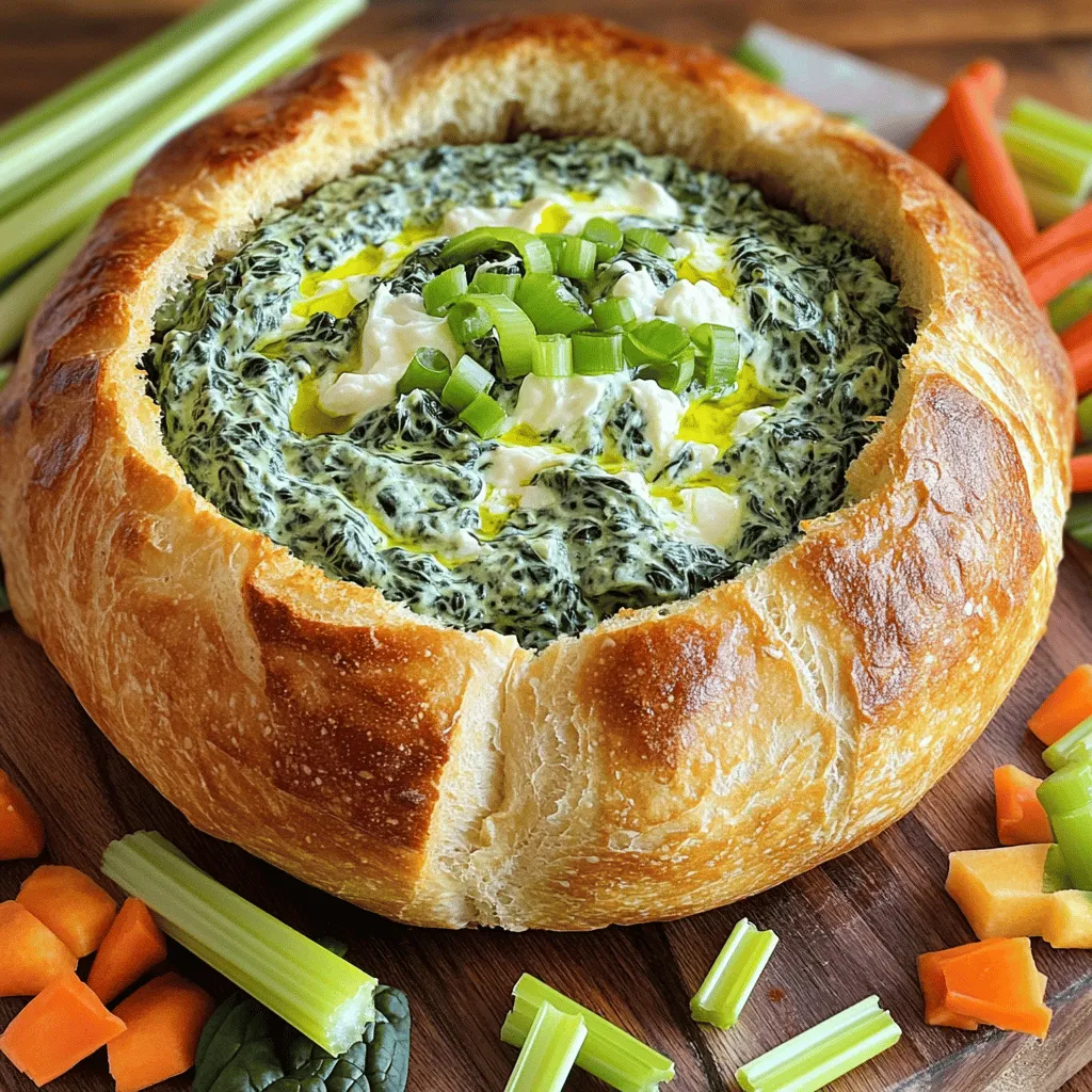 To make the spinach dip, you'll need the following main ingredients: - 1 large round sourdough bread loaf - 2 cups fresh spinach, chopped - 1 cup cream cheese, softened - 1 cup sour cream - 1 cup shredded mozzarella cheese - 1/2 cup grated Parmesan cheese - 1/4 cup green onions, sliced - 2 cloves garlic, minced - Salt and pepper to taste - Olive oil for drizzling Each of these ingredients plays a key role in creating a rich, creamy dip. The sourdough bread adds a lovely texture and flavor. Fresh spinach gives color and a health boost. Cream cheese and sour cream provide a smooth and tangy base. You might want to add a few optional ingredients to make your dip unique: - 1/2 cup cooked, chopped artichoke hearts - 1/2 cup chopped red bell pepper - 1 teaspoon red pepper flakes for heat Feel free to mix and match these ingredients. They can change the flavor and add new layers of taste. While sourdough is the classic choice, other bread types work great too: - Round ciabatta - French bread - Pumpernickel Using different bread can enhance the flavor. Choose one that you love for the best result. For the full recipe, please check the section above. To start, you need a large round sourdough bread loaf. First, preheat your oven to 350°F (175°C). Then, take the bread and cut off the top. Make sure to scoop out the inside carefully. Leave about 1 inch of bread around the edges. This creates a sturdy bowl. You can keep the removed bread to use later for dipping. In a large mixing bowl, add the chopped spinach, cream cheese, sour cream, mozzarella cheese, and Parmesan cheese. Also, include the sliced green onions and minced garlic. Mix everything well until it becomes smooth and creamy. Don’t forget to add salt and pepper to taste. This dip is rich and packed with flavor. Now it’s time to fill the hollowed bread bowl. Spoon the spinach dip mixture into the bowl. Place it on a baking sheet. Drizzle a little olive oil on top for extra flavor. Bake the bread bowl in the oven for about 25-30 minutes. You want the dip to be hot and bubbly and the bread to be lightly toasted. While it bakes, cut the reserved bread into bite-sized pieces for dipping. When it's done, let it cool for a few minutes before serving. Enjoy this tasty treat with friends and family! For the full recipe, check out the details above. To get the best dip, use fresh spinach. Fresh spinach gives a bright, vibrant taste. Make sure to chop it well. This helps mix it evenly. Cream cheese should be soft. If it’s too hard, the dip will be lumpy. Mix all ingredients until smooth. This ensures every bite is creamy and delicious. A soggy bread bowl can ruin your dish. To avoid this, toast the bread first. Bake the hollowed-out bread for about 5-10 minutes. This dries it out a bit and helps it hold the dip. When you fill it, use the dip right away. Serve immediately for the best texture. For serving, place the bread bowl on a rustic wooden board. Surround it with cut bread pieces. You can also add colorful veggie sticks like carrots or celery. This adds a nice touch. Sprinkle some extra Parmesan on top of the dip for a tasty finish. For a fun twist, serve with some chips or crackers too. Check the Full Recipe to make this a hit at your next gathering! {{image_2}} You can switch up the cheeses for your spinach dip. Try adding gouda for a smoky flavor. Cheddar brings sharpness and richness. If you like a creamier dip, use more cream cheese. Mixing cheeses adds depth and fun to the taste. For a lighter version, use Greek yogurt instead of sour cream. It keeps the dip creamy but cuts calories. You can also use low-fat cream cheese for less fat. Adding chopped artichokes or mushrooms boosts flavor and nutrition. Get creative with seasonal veggies! In spring, add fresh asparagus or peas. In summer, try diced tomatoes or zucchini. Fall brings great options like roasted red peppers or squash. Each season brings new tastes to explore in your dip. To store leftover spinach dip, place it in an airtight container. This keeps the dip fresh. You can keep it in the fridge for up to three days. Always let the dip cool before storing. If you notice any discoloration or off smells, it's best to throw it away. When you reheat spinach dip, use a microwave or oven. If using the microwave, heat in short bursts. Stir the dip after each burst to heat evenly. If using an oven, preheat it to 350°F. Place the dip in an oven-safe dish and cover it with foil. Bake for about 15 minutes. This way, the dip warms up nicely without drying out. To keep your bread fresh, wrap it in plastic wrap or foil. Store it in a cool, dry place. Avoid putting it in the fridge, as it may become stale faster. If you have leftover bread pieces, freeze them in a sealed bag. They can be used later for dipping or to make croutons. You can find more ideas in the Full Recipe section. Yes, you can make the spinach dip ahead of time. Just mix all the dip ingredients in a bowl. Cover it and store it in the fridge. When you are ready to serve, scoop it into the bread bowl and bake. This saves you time on busy days. Just remember, the dip tastes best when fresh and warm. If you need a substitute for sour cream, try Greek yogurt. It has a similar texture and tang. You can also use ricotta cheese for a creamier dip. Both options work well and keep the dip tasty. Feel free to experiment with these choices to find your favorite flavor. Yes, this recipe is suitable for freezing. You can freeze the spinach dip before baking it. Just place it in a freezer-safe container. When you want to enjoy it, thaw it in the fridge overnight. Then, scoop it into the bread bowl and bake as usual. Freezing does change the texture a bit, so it's best to eat it fresh if you can. This blog post covered how to make a great spinach dip in a bread bowl. We discussed key ingredients, useful tips, and variations to try. You can customize this dish easily and store leftovers for later. Remember to pick the right bread and avoid a soggy bowl. Spinach dip is fun, tasty, and perfect for sharing. Your guests will love it, and you’ll impress them with your skills. Now, go ahead and make your own delicious version!