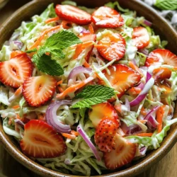 - 4 cups green cabbage, finely shredded - 1 cup carrots, grated - 1 cup strawberries, hulled and sliced - 1/4 cup red onion, thinly sliced - 1/4 cup chopped fresh mint (optional for garnish) Fresh produce is vital for a great coleslaw. I like to use crisp green cabbage as the base. It gives a nice crunch. Shredding it finely helps blend with other flavors. Grated carrots add sweetness and color. Strawberries bring a juicy burst of flavor. I prefer ripe strawberries for the best taste. Thinly sliced red onion adds a nice bite. If you want, fresh mint can add a hint of freshness. - 1/2 cup Greek yogurt - 2 tablespoons honey - 1 tablespoon apple cider vinegar - Salt and pepper to taste For the dressing, I use Greek yogurt for creaminess. Its tang pairs well with the sweetness of honey. Honey adds a touch of natural sweetness. Apple cider vinegar gives the dressing a nice zing. Just a pinch of salt and pepper can enhance all the flavors. - Large mixing bowl - Small bowl for dressing - Whisk You need a large mixing bowl to combine the veggies easily. A small bowl works well for whisking the dressing. A whisk helps mix the Greek yogurt and honey smoothly. This makes it easy to coat the veggies later. You can find these tools in most kitchens. For the full recipe, check out the instructions after this section! To start, you need to prepare your fresh ingredients. First, shred the green cabbage and grate the carrots. This adds a nice crunch to the coleslaw. Next, hull and slice the strawberries. Their sweet flavor makes this dish special. Lastly, thinly slice the red onion. The onion gives a sharp taste that balances the sweetness. Now, let’s make the dressing. In a small bowl, combine Greek yogurt, honey, and apple cider vinegar. This mixture creates a tangy and creamy base. Then, season with salt and pepper to taste. Make sure to whisk it well until everything blends smoothly. In a large mixing bowl, combine the shredded cabbage, grated carrots, sliced strawberries, and red onion. Pour the dressing over the vegetables. Gently toss everything together. This helps each piece get coated in that creamy goodness. After mixing, taste your coleslaw. You can adjust the seasoning by adding more salt or pepper if needed. For the full recipe, follow the steps above and enjoy a refreshing side dish! - Look for bright color and firmness. - Avoid overripe or mushy strawberries. Choosing the right strawberries is key. Ripe strawberries taste sweet and juicy. They should have a rich red color. Give them a gentle squeeze. They should feel firm but not hard. Overripe strawberries can ruin your coleslaw. They may make it mushy and bland. Always pick the freshest strawberries you can find. - Let coleslaw sit for at least 30 minutes. - Experiment with additional herbs. Letting the coleslaw sit helps all flavors blend. I recommend waiting at least 30 minutes. This gives the dressing time to soak into the veggies. You can also play with herbs. Fresh mint adds a nice touch. Try basil or cilantro for a new twist. Don’t be afraid to get creative! - Over-mixing the ingredients. - Not allowing flavors to meld. Mixing too much can break the veggies down. You want a nice crunch in your coleslaw. Gentle stirring keeps the texture intact. Also, don’t skip the resting time. It’s crucial for the best taste. If you rush, you lose that fresh flavor we love. Follow the tips for tasty, colorful Strawberry Coleslaw. For the full recipe, check back to get started! {{image_2}} You can easily change the flavor of your coleslaw. Swap Greek yogurt for mayonnaise to make it creamier. This adds a rich taste and keeps it healthy. If you want something lighter, try a vinaigrette instead. A simple mix of olive oil and vinegar gives a fresh twist. Add some nuts or seeds for a crunchy bite. Chopped walnuts or sunflower seeds work well. You can also mix in other fruits like apples or grapes. They add sweetness and make the dish more colorful. To make it vegan, use dairy-free yogurt. This keeps the creaminess without the dairy. If you want to cut down on sugar, try using honey alternatives like agave syrup. These small changes keep the dish tasty and fit your diet. For the full recipe, check out the details provided. To keep your strawberry coleslaw fresh, use airtight containers for storage. This helps prevent any unwanted odors and keeps the salad crisp. Always store it in the fridge. The cool temperature slows down spoilage and keeps the flavors intact. Enjoy your coleslaw within 3-5 days for the best taste. After this time, the strawberries may start to lose their vibrant color and crunch. Look for signs of spoilage, such as a sour smell or mushy strawberries. If you see these, it's time to toss it. You can freeze coleslaw, but it’s not always the best choice. If you freeze it, chop your veggies slightly larger. This helps them hold up better. When you're ready to use it, thaw overnight in the fridge. Keep in mind, the texture may change. It might become a bit soggy after thawing. For the best taste, I recommend enjoying the coleslaw fresh. If you want to make it ahead, just prepare the dressing and store the veggies separately. This way, you maintain that fresh crunch. Check out the Full Recipe for more details! Yes, savoy or purple cabbage can be used. Each type offers a unique taste and texture. Savoy cabbage is tender and has a crinkled leaf. Purple cabbage adds color and crunch. Feel free to mix them for fun flavors. Add jalapeños or a dash of hot sauce. For a mild kick, finely chop jalapeños and mix them in. If you prefer more heat, try a few drops of your favorite hot sauce. Adjust the amount to suit your taste. Great as a side for grilled meats or sandwiches. This coleslaw pairs well with barbecued chicken or burgers. It also complements a fresh fish taco. You can even serve it alongside a hearty sandwich for a delightful crunch. Yes, made with naturally gluten-free ingredients. The main components, like cabbage and strawberries, are all gluten-free. The dressing uses Greek yogurt, honey, and apple cider vinegar, which are also safe for gluten-free diets. Enjoy this coleslaw worry-free! To sum up, making Strawberry Coleslaw is easy and fun. Fresh produce like cabbage, carrots, and strawberries bring great flavors. The creamy dressing adds a tasty touch. Remember to let the coleslaw sit to blend the tastes. You can switch up ingredients for your own twist. Store leftovers properly to keep them fresh. Enjoy this coleslaw as a side dish or snack. With these tips, you will create a delicious and colorful dish.