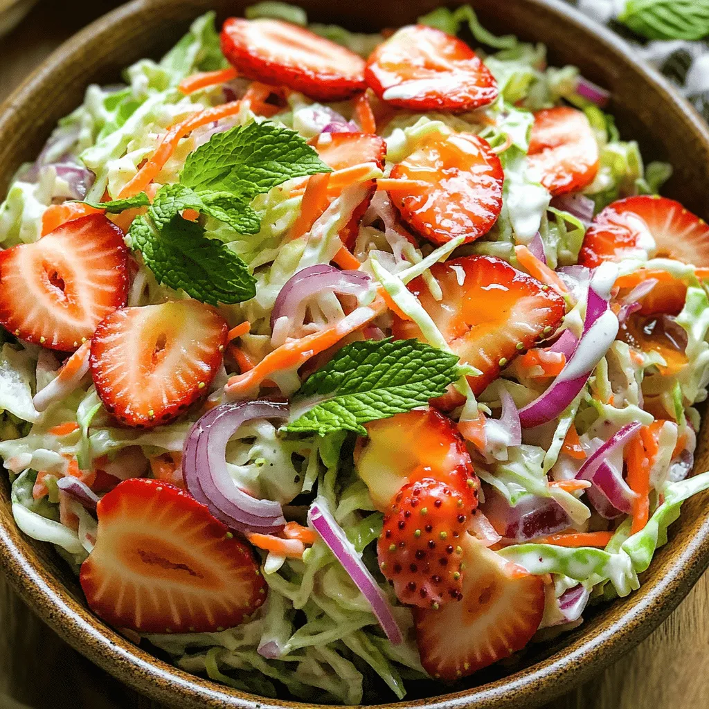 - 4 cups green cabbage, finely shredded - 1 cup carrots, grated - 1 cup strawberries, hulled and sliced - 1/4 cup red onion, thinly sliced - 1/4 cup chopped fresh mint (optional for garnish) Fresh produce is vital for a great coleslaw. I like to use crisp green cabbage as the base. It gives a nice crunch. Shredding it finely helps blend with other flavors. Grated carrots add sweetness and color. Strawberries bring a juicy burst of flavor. I prefer ripe strawberries for the best taste. Thinly sliced red onion adds a nice bite. If you want, fresh mint can add a hint of freshness. - 1/2 cup Greek yogurt - 2 tablespoons honey - 1 tablespoon apple cider vinegar - Salt and pepper to taste For the dressing, I use Greek yogurt for creaminess. Its tang pairs well with the sweetness of honey. Honey adds a touch of natural sweetness. Apple cider vinegar gives the dressing a nice zing. Just a pinch of salt and pepper can enhance all the flavors. - Large mixing bowl - Small bowl for dressing - Whisk You need a large mixing bowl to combine the veggies easily. A small bowl works well for whisking the dressing. A whisk helps mix the Greek yogurt and honey smoothly. This makes it easy to coat the veggies later. You can find these tools in most kitchens. For the full recipe, check out the instructions after this section! To start, you need to prepare your fresh ingredients. First, shred the green cabbage and grate the carrots. This adds a nice crunch to the coleslaw. Next, hull and slice the strawberries. Their sweet flavor makes this dish special. Lastly, thinly slice the red onion. The onion gives a sharp taste that balances the sweetness. Now, let’s make the dressing. In a small bowl, combine Greek yogurt, honey, and apple cider vinegar. This mixture creates a tangy and creamy base. Then, season with salt and pepper to taste. Make sure to whisk it well until everything blends smoothly. In a large mixing bowl, combine the shredded cabbage, grated carrots, sliced strawberries, and red onion. Pour the dressing over the vegetables. Gently toss everything together. This helps each piece get coated in that creamy goodness. After mixing, taste your coleslaw. You can adjust the seasoning by adding more salt or pepper if needed. For the full recipe, follow the steps above and enjoy a refreshing side dish! - Look for bright color and firmness. - Avoid overripe or mushy strawberries. Choosing the right strawberries is key. Ripe strawberries taste sweet and juicy. They should have a rich red color. Give them a gentle squeeze. They should feel firm but not hard. Overripe strawberries can ruin your coleslaw. They may make it mushy and bland. Always pick the freshest strawberries you can find. - Let coleslaw sit for at least 30 minutes. - Experiment with additional herbs. Letting the coleslaw sit helps all flavors blend. I recommend waiting at least 30 minutes. This gives the dressing time to soak into the veggies. You can also play with herbs. Fresh mint adds a nice touch. Try basil or cilantro for a new twist. Don’t be afraid to get creative! - Over-mixing the ingredients. - Not allowing flavors to meld. Mixing too much can break the veggies down. You want a nice crunch in your coleslaw. Gentle stirring keeps the texture intact. Also, don’t skip the resting time. It’s crucial for the best taste. If you rush, you lose that fresh flavor we love. Follow the tips for tasty, colorful Strawberry Coleslaw. For the full recipe, check back to get started! {{image_2}} You can easily change the flavor of your coleslaw. Swap Greek yogurt for mayonnaise to make it creamier. This adds a rich taste and keeps it healthy. If you want something lighter, try a vinaigrette instead. A simple mix of olive oil and vinegar gives a fresh twist. Add some nuts or seeds for a crunchy bite. Chopped walnuts or sunflower seeds work well. You can also mix in other fruits like apples or grapes. They add sweetness and make the dish more colorful. To make it vegan, use dairy-free yogurt. This keeps the creaminess without the dairy. If you want to cut down on sugar, try using honey alternatives like agave syrup. These small changes keep the dish tasty and fit your diet. For the full recipe, check out the details provided. To keep your strawberry coleslaw fresh, use airtight containers for storage. This helps prevent any unwanted odors and keeps the salad crisp. Always store it in the fridge. The cool temperature slows down spoilage and keeps the flavors intact. Enjoy your coleslaw within 3-5 days for the best taste. After this time, the strawberries may start to lose their vibrant color and crunch. Look for signs of spoilage, such as a sour smell or mushy strawberries. If you see these, it's time to toss it. You can freeze coleslaw, but it’s not always the best choice. If you freeze it, chop your veggies slightly larger. This helps them hold up better. When you're ready to use it, thaw overnight in the fridge. Keep in mind, the texture may change. It might become a bit soggy after thawing. For the best taste, I recommend enjoying the coleslaw fresh. If you want to make it ahead, just prepare the dressing and store the veggies separately. This way, you maintain that fresh crunch. Check out the Full Recipe for more details! Yes, savoy or purple cabbage can be used. Each type offers a unique taste and texture. Savoy cabbage is tender and has a crinkled leaf. Purple cabbage adds color and crunch. Feel free to mix them for fun flavors. Add jalapeños or a dash of hot sauce. For a mild kick, finely chop jalapeños and mix them in. If you prefer more heat, try a few drops of your favorite hot sauce. Adjust the amount to suit your taste. Great as a side for grilled meats or sandwiches. This coleslaw pairs well with barbecued chicken or burgers. It also complements a fresh fish taco. You can even serve it alongside a hearty sandwich for a delightful crunch. Yes, made with naturally gluten-free ingredients. The main components, like cabbage and strawberries, are all gluten-free. The dressing uses Greek yogurt, honey, and apple cider vinegar, which are also safe for gluten-free diets. Enjoy this coleslaw worry-free! To sum up, making Strawberry Coleslaw is easy and fun. Fresh produce like cabbage, carrots, and strawberries bring great flavors. The creamy dressing adds a tasty touch. Remember to let the coleslaw sit to blend the tastes. You can switch up ingredients for your own twist. Store leftovers properly to keep them fresh. Enjoy this coleslaw as a side dish or snack. With these tips, you will create a delicious and colorful dish.